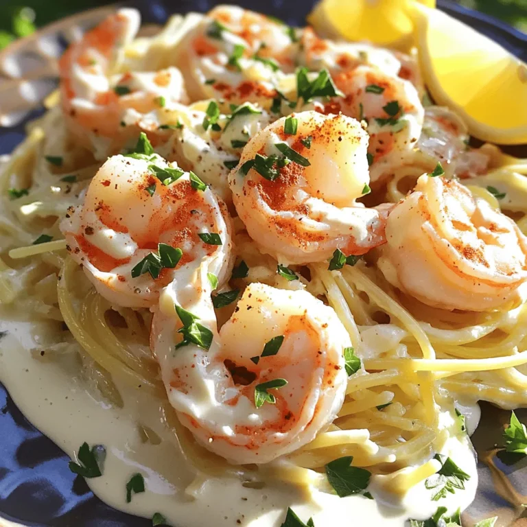 - 1 lb large shrimp, peeled and deveined - 4 tablespoons unsalted butter - 4 garlic cloves, minced - 1 cup heavy cream - 1/2 cup chicken broth - 1 teaspoon paprika - 1/2 teaspoon red pepper flakes (optional) - Salt and pepper to taste - 1/4 cup fresh parsley, chopped (for garnish) - 1 tablespoon lemon juice Each ingredient plays a key role in making this dish rich and tasty. The shrimp brings a sweet and tender bite. Garlic adds a bold flavor that shines through the cream. Heavy cream makes the sauce smooth and rich. Butter adds a velvety touch and helps the garlic cook perfectly. When choosing fresh shrimp, look for a firm texture and a mild scent. The shells should be shiny, and the color should be consistent. If you can, buy shrimp that are labeled “wild-caught” for the best flavor. If you don’t have heavy cream, you can use half-and-half or whole milk. Just know that the sauce won’t be as thick. You can also try coconut cream for a dairy-free option. 1. Melt the butter: Start with a large skillet. Set the heat to medium. Add 4 tablespoons of unsalted butter. Wait for it to melt, which takes about 1 minute. 2. Sauté garlic: Add 4 minced garlic cloves to the melted butter. Cook for 1-2 minutes until you smell the garlic. Do not let it burn; it can turn bitter. 3. Cook shrimp: Next, add 1 pound of peeled and deveined shrimp. Season with salt, pepper, and 1 teaspoon of paprika. If you like some heat, add 1/2 teaspoon of red pepper flakes. Cook the shrimp for 2-3 minutes on each side. They should turn pink and opaque. Once done, take them out and set them aside. 4. Simmer chicken broth: In the same skillet, pour in 1/2 cup of chicken broth. Let it simmer for about 2 minutes. This adds flavor to the dish. 5. Make the sauce: Lower the heat. Add 1 cup of heavy cream to the skillet. Stir it well for about 3-4 minutes until it thickens slightly. 6. Finish the sauce: Stir in 1 tablespoon of lemon juice. Taste and adjust the seasoning if needed. 7. Combine shrimp and sauce: Return the shrimp to the skillet. Toss them in the creamy sauce for 1-2 minutes to heat through. Sautéing garlic correctly is key. It adds depth to the dish. If you burn it, you ruin the flavor. When cooking shrimp, watch for their color. They should be pink and firm, not rubbery. You can serve creamy garlic shrimp in many ways. Here are some ideas: - With pasta: Serve it over fettuccine or spaghetti. The sauce clings well to pasta. - With rice: A nice bowl of fluffy rice complements the dish perfectly. - On a bed of veggies: For a lighter option, serve it on sautéed spinach or zucchini noodles. For plating, use a large, shallow bowl. Place the shrimp on top of the pasta or rice. Drizzle some sauce over the dish. Add a sprinkle of chopped parsley for a pop of color. Lemon wedges on the side add freshness. This dish is perfect for date nights, family dinners, or even casual gatherings. It looks fancy but is easy to make. For the full recipe, check out the Easy Creamy Garlic Shrimp. - How to achieve the creamiest sauce: Start by using heavy cream. It gives the sauce a rich texture. Make sure to let it simmer gently. This helps thicken it nicely. Stir often to keep it smooth. - Adjusting spice levels for personal preference: Spice can vary by taste. Add red pepper flakes for heat. Start with a little, then taste. You can always add more if you like it spicier. - Common mistakes to avoid while cooking shrimp: Do not overcook the shrimp. They turn rubbery if cooked too long. Cook them just until they are pink and opaque. Also, don't burn the garlic; keep an eye on it while sautéing. - Recommended cookware for optimal results: A large skillet works best for this dish. It allows even cooking and easy stirring. A non-stick skillet is great for preventing sticking. - List of kitchen tools that make preparation easier: Use a sharp knife for mincing garlic. A measuring cup helps for the cream and broth. Tongs are useful for flipping shrimp without breaking them. {{image_2}} You can easily change this dish to suit your taste. For a lighter version, swap heavy cream with half-and-half. This will cut the fat but keep the creaminess. To add some color and nutrition, toss in some fresh veggies like spinach or asparagus. You can add them to the skillet before the shrimp, cooking them just until tender. If you crave heat, try using different peppers. Jalapeños or crushed red pepper flakes give a spicy kick. This dish can take on flavors from around the world. For a zesty twist, try lemon-garlic herb shrimp. Just add lemon zest and fresh herbs like basil or thyme. You can also include spices from other cuisines. For example, add curry powder for an Indian flair or smoked paprika for a Spanish touch. These small changes elevate the dish and introduce exciting flavors. Each variation keeps the core elements but creates a whole new experience. For more ideas, check the Full Recipe to explore all the possibilities. To keep your creamy garlic shrimp fresh, store it in an airtight container. This helps prevent the shrimp from drying out. Place it in the fridge within two hours of cooking. Proper storage keeps your dish tasty and safe to eat. Creamy garlic shrimp lasts about three days in the fridge. After that, the shrimp may lose quality and flavor. When reheating, use low heat to keep the creaminess intact. A skillet works best for this. Start by adding a splash of chicken broth or cream to the pan. This helps the sauce regain its smooth texture. Stir gently to heat it through. Avoid high heat, as it can overcook the shrimp. Shrimp cooks quickly, so keep an eye on it. Heat until warmed, usually about 3-5 minutes. Enjoy your leftovers just as much as the first time! For the full recipe, check the earlier section. Can I use frozen shrimp for this recipe? Yes, you can use frozen shrimp. Just thaw them first. Place them in cold water for about 15-20 minutes. Pat them dry before cooking. This helps achieve a nice sear. What can I substitute for heavy cream? You can use half-and-half or coconut cream. Both give a creamy texture. If you want a lighter option, use Greek yogurt mixed with milk. This keeps the dish rich without being too heavy. How can I make this dish gluten-free? This recipe is already gluten-free! Just ensure all your ingredients, like chicken broth, are gluten-free. Always check labels to avoid hidden gluten sources. How to know when shrimp is done cooking? Shrimp is done when it turns pink and opaque. It should curl into a C shape. Overcooked shrimp becomes rubbery, so keep an eye on them. Can I prepare this recipe in advance? You can prep some parts in advance! Cook the shrimp and sauce, then store them separately. Reheat before serving for the best taste. What wines pair well with creamy garlic shrimp? White wines work best. Try Chardonnay or Sauvignon Blanc. They complement the creaminess and garlic well. A light rosé can also be a great choice. For the full recipe, check out Easy Creamy Garlic Shrimp. In this blog post, we explored how to make creamy garlic shrimp. We discussed key ingredients, cooking steps, and serving suggestions. You learned tips for selecting fresh shrimp and making the dish your own with variations. Remember, cooking shrimp should be quick. Aim for perfect timing to maintain its flavor. With these techniques, you can impress anyone with this dish. Enjoy your delicious meal!