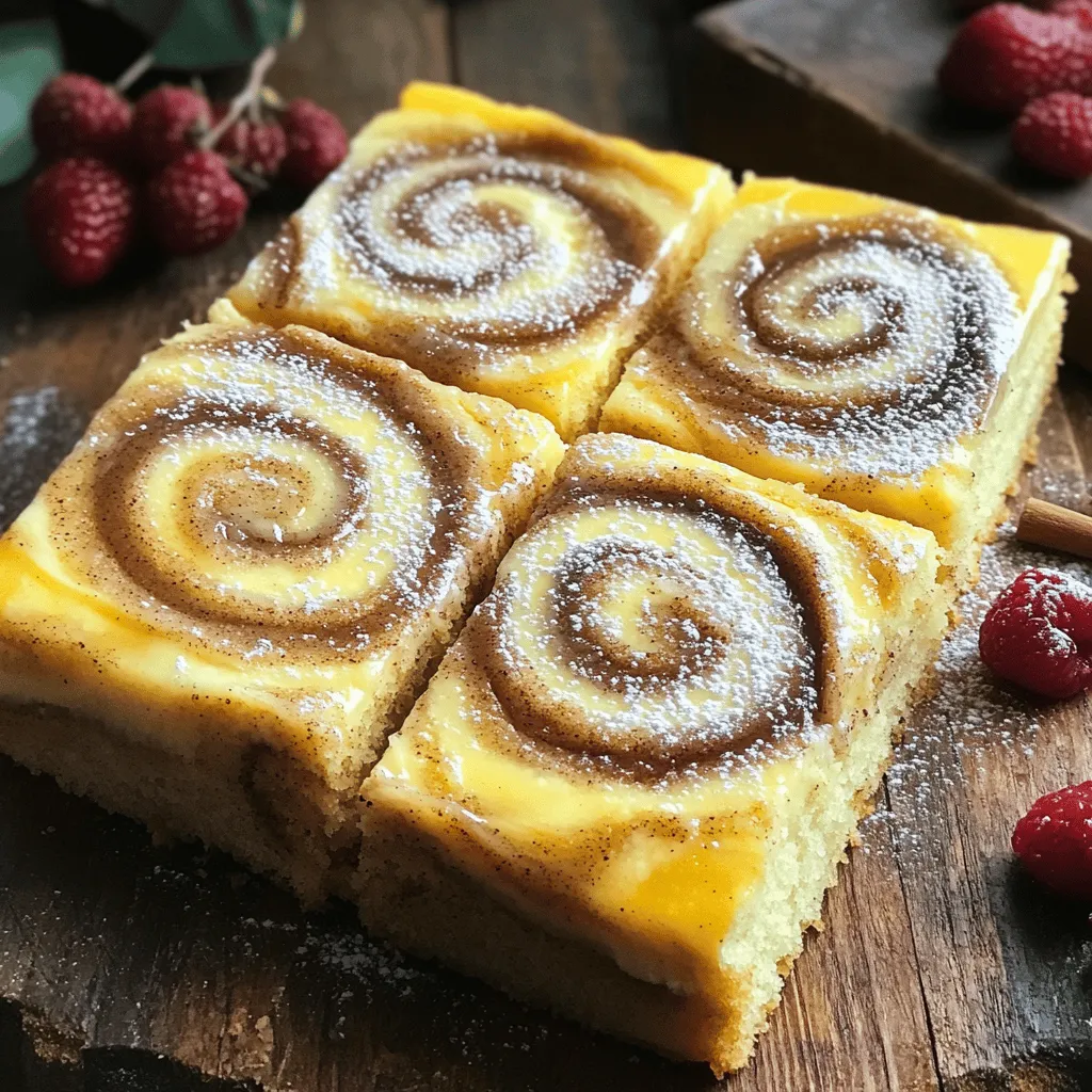 - 2 cups all-purpose flour - 1 cup granulated sugar - 1 tablespoon baking powder - ½ teaspoon salt - 2 large eggs - 1 cup milk - ½ cup unsalted butter, melted - 1 teaspoon vanilla extract - ½ cup brown sugar, packed - 2 tablespoons ground cinnamon - 2 tablespoons unsalted butter, softened - 4 ounces cream cheese, softened - 1 cup powdered sugar - 2 tablespoons milk - ½ teaspoon vanilla extract Cinnamon Roll Cake is a sweet treat that blends cake and cinnamon rolls. The ingredients are simple and easy to find. Start with the cake, which needs flour, sugar, baking powder, and salt. Then, mix in eggs, milk, melted butter, and vanilla. This makes a rich and fluffy cake base. Next, you need the cinnamon swirl. Brown sugar, ground cinnamon, and softened butter combine to create a sweet mix. This gives the cake its signature flavor. Finally, for the cream cheese glaze, use softened cream cheese, powdered sugar, milk, and a bit of vanilla. This glaze adds a creamy touch that pairs perfectly with the cake. You can find the full recipe in the section titled "Cinnamon Roll Cake Delight." Enjoy making this delicious dessert! - Preheat the oven to 350°F (175°C). - Grease a 9x13 inch baking pan. - In a large bowl, whisk together: - 2 cups all-purpose flour - 1 cup granulated sugar - 1 tablespoon baking powder - ½ teaspoon salt - In another bowl, mix: - 2 large eggs - 1 cup milk - ½ cup melted butter - 1 teaspoon vanilla extract - Combine the wet and dry ingredients. Stir gently until just mixed. - In a small bowl, mix: - ½ cup brown sugar - 2 tablespoons ground cinnamon - Add 2 tablespoons softened butter. Mix until crumbly. - Pour half of the cake batter into the greased pan. Spread it evenly. - Sprinkle the cinnamon mixture over the batter. - Pour the remaining batter on top and spread gently. - Use a knife or skewer to swirl through the batter. Create a marble effect, but don’t overmix. - Bake for 25-30 minutes. Check if a toothpick comes out clean. - While the cake bakes, prepare the cream cheese glaze. Mix: - 4 ounces softened cream cheese - 1 cup powdered sugar - 2 tablespoons milk - ½ teaspoon vanilla extract - After cooling, drizzle the glaze over the cake. For the full recipe, refer to "Cinnamon Roll Cake Delight ." Enjoy the sweet, cozy flavors! - Selecting fresh ingredients for the best flavor: Start with fresh eggs, milk, and butter. These make your cake taste amazing. Fresh ingredients bring out the rich flavors of cinnamon and sugar. - Avoid overmixing the batter for a fluffier cake: Mix just until the wet and dry ingredients blend. Mixing too much makes the cake dense. A light hand keeps it airy and soft. - Dusting with powdered sugar and garnishing tips: Before serving, sprinkle some powdered sugar on top. This adds sweetness and looks pretty. You can also add a little cinnamon for extra flavor. - Pairing with fresh berries or whipped cream: Serve your cake with fresh berries like strawberries or blueberries. They add a nice burst of flavor. A dollop of whipped cream makes it feel like a treat! - Not preheating the oven: Always preheat your oven before baking. This ensures your cake rises properly. An oven that is not hot enough can make your cake flat. - Incorrectly measuring ingredients: Use measuring cups and spoons for accuracy. Too much flour can dry out your cake. Always level off your dry ingredients for the best results. For more details, check the full recipe for Cinnamon Roll Cake Delight. {{image_2}} You can make your cinnamon roll cake even better. Adding nuts gives a nice crunch. Pecans or walnuts work great. They add texture and flavor. You can also mix in chocolate chips. This twist makes the cake rich and sweet. It’s like a dessert and a treat all in one. If you want a healthier cake, try whole wheat flour. This change boosts fiber. You can also use gluten-free flour if needed. For a lighter option, substitute unsweetened applesauce for butter. It keeps the cake moist while cutting fat. These swaps help you enjoy cake without guilt. Every season brings new flavors. In fall, add pumpkin spice to the batter. It brings warmth and comfort. For a fresh taste in spring or summer, add citrus zest. Lemon or orange zest brightens up the cake. It’s a fun way to enjoy cinnamon roll cake all year long. To keep your cinnamon roll cake fresh, follow these steps. First, cool the cake completely. This helps prevent moisture loss. Next, cut the cake into squares. Place them in an airtight container. This keeps the cake soft and moist. You can also use plastic wrap. Wrap each piece tightly before placing them in a container. Store it in the fridge for best results. Freezing is a great way to save cake for later. To freeze slices, cut the cake first. Then, wrap each slice in plastic wrap. For extra protection, place the wrapped slices in a freezer bag. Make sure to remove as much air as you can. Label the bag with the date. When you're ready to eat, take a slice out. Let it thaw in the fridge overnight or at room temperature for a few hours. Cinnamon roll cake lasts well in the fridge. It can stay fresh for about 4-5 days. In the freezer, it can last for up to 3 months. Just remember to wrap it well. This will help keep the flavor and texture. Always check for any signs of spoilage before serving. Cinnamon roll cake combines the flavors of classic cinnamon rolls with a soft cake. Instead of individual rolls, you bake it all in one pan. The cake is fluffy and moist, with a sweet cinnamon swirl. It has a rich cream cheese glaze on top that makes it extra special. This cake has all the warm flavors you love in a cinnamon roll, but it's easier to make and serve. Yes, you can change the glaze! If you want a lighter option, try a simple icing made from powdered sugar and milk. For a fun twist, a chocolate glaze could be delicious too. You could even top it with a vanilla bean glaze for extra flavor. Feel free to get creative with your toppings! Absolutely! This recipe is perfect for new bakers. Start by measuring your ingredients carefully. Follow the steps one by one, and you will do great. If you make a mistake, don't worry! Baking is all about practice. Enjoy the process and have fun with it! To check if your cake is done, insert a toothpick into the center. If it comes out clean, the cake is ready. If it has batter on it, give it a few more minutes. You want the edges to be slightly golden brown. The cake should also spring back when lightly touched. Yes, you can! For a dairy-free version, use almond milk or oat milk instead of regular milk. You can swap the butter for coconut oil or a plant-based butter. For the cream cheese glaze, look for dairy-free cream cheese. These swaps will keep your cake tasty. You can find the full recipe in "Cinnamon Roll Cake Delight ." This will give you all the steps and tips you need to make this delicious cake. In this blog post, I shared how to make a tasty cinnamon roll cake. You learned the key ingredients, from cake batter to the delicious cream cheese glaze. I provided step-by-step instructions for baking and tips for perfecting your dish. Remember to avoid common mistakes to ensure your cake comes out just right. Feel free to explore variations and storage tips for leftovers. Enjoy making and sharing this warm, comforting dessert with friends and family!
