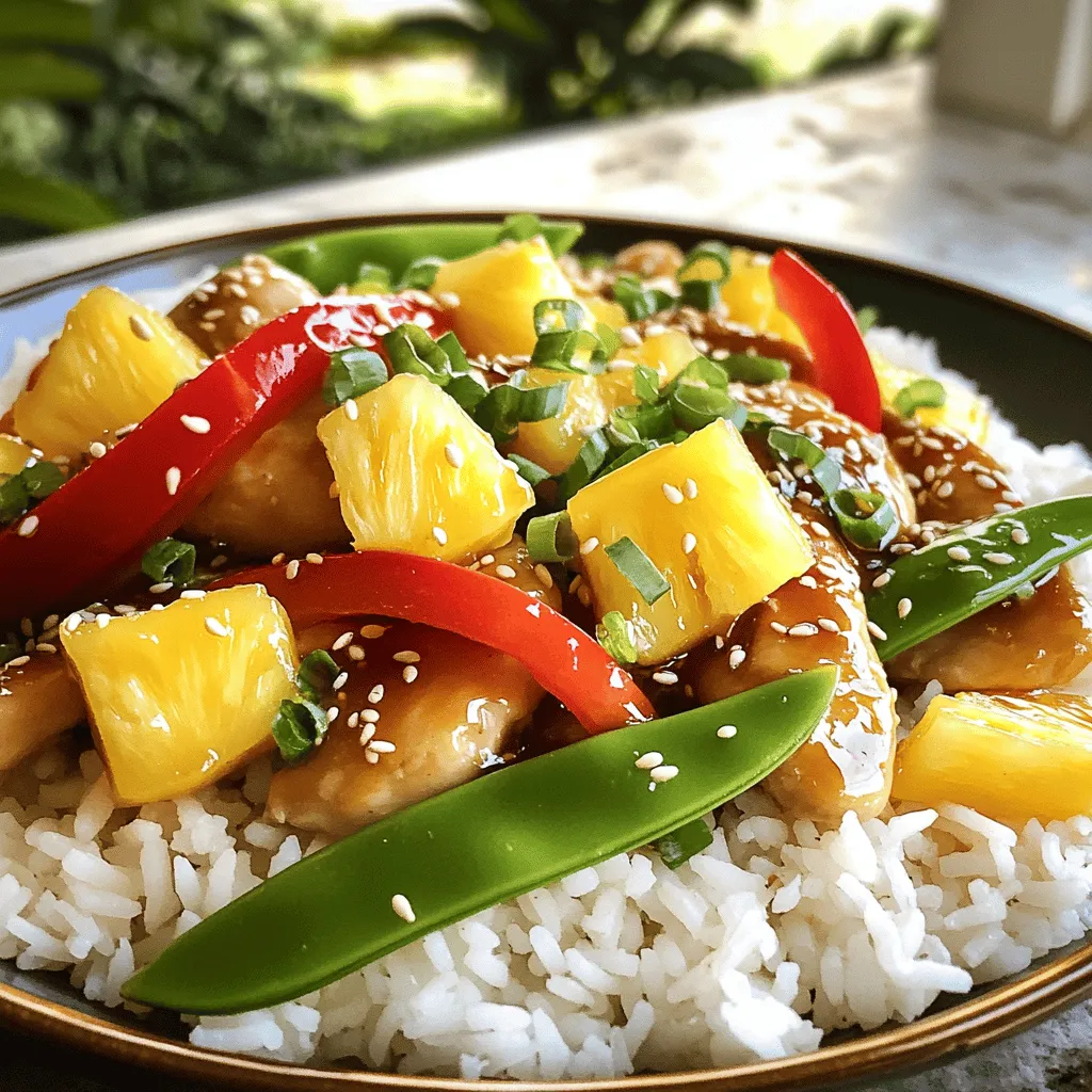 To make Sweet Pineapple Chicken & Rice, gather these ingredients. They are simple and fresh. - Chicken and Rice Components - 2 cups jasmine rice - 1 lb chicken breast, diced - Vegetables and Fruits - 1 cup fresh pineapple, diced - 1 red bell pepper, sliced - 1 cup snow peas - Sauces and Seasonings - 3 tablespoons soy sauce - 2 tablespoons honey - 1 tablespoon sesame oil - 1 teaspoon grated ginger - 2 cloves garlic, minced - 1 tablespoon cornstarch mixed with 2 tablespoons water (slurry) - Salt and pepper to taste - Chopped green onions for garnish - Sesame seeds for garnish These ingredients blend well to create a tasty dish. The sweetness of the pineapple pairs nicely with the savory chicken. The rice acts as a perfect base to soak up all the flavors. When you prepare this dish, you’ll enjoy how the colors pop and the aromas fill your kitchen. This recipe is quick and fun, making it a great choice for any night. For the full recipe, check out the details provided earlier. 1. Rinse and Cook Jasmine Rice Start by rinsing 2 cups of jasmine rice under cold water. This helps remove extra starch, making it fluffy. Cook the rice according to the package instructions. 2. Set Rice Aside Once the rice is cooked, set it aside in a warm place. It will be the base for your sweet pineapple chicken. 1. Preparing the Chicken Take 1 pound of diced chicken breast. Season it with salt and pepper. This simple step adds flavor right from the start. 2. Browning the Chicken In a large pan, heat 1 tablespoon of sesame oil over medium heat. When the oil is hot, add the chicken. Cook it for about 5 to 7 minutes. You want it browned and cooked through. 1. Incorporating Garlic and Ginger After the chicken is browned, add 2 cloves of minced garlic and 1 teaspoon of grated ginger. Stir for about 1 minute until you smell the lovely aroma. 2. Sautéing Vegetables Toss in 1 sliced red bell pepper and 1 cup of snow peas. Sauté these for 3 to 4 minutes. You want the veggies to be tender but still crisp. 3. Mixing Sauce Ingredients with Chicken In a bowl, whisk together 3 tablespoons of soy sauce, 2 tablespoons of honey, and a cornstarch slurry. Pour this over the chicken and veggies. Add 1 cup of diced fresh pineapple. Stir well and cook for 2 to 3 minutes until the sauce thickens. Now, your sweet pineapple chicken is ready to serve over the fluffy jasmine rice. Enjoy your meal! If you want the full recipe, check out the Full Recipe link. Ensuring Chicken is Cooked Thoroughly To keep your chicken safe to eat, cook it until it reaches an internal temperature of 165°F. Use a meat thermometer to check. This step helps avoid any foodborne illness. Cut into a piece of chicken; it should be white and not pink. Achieving the Right Sauce Consistency Your sauce should be thick yet pourable. To achieve this, use cornstarch mixed with water. Add it to the pan towards the end of cooking. Stir until the sauce coats the chicken and veggies nicely. If it’s too thick, add a splash of water or extra soy sauce. Recommended Toppings Chopped green onions and sesame seeds add great texture and flavor. Sprinkle them on just before serving. You can also add crushed nuts for a nice crunch. They bring out the sweet and savory notes. Ideal Serving Platter Serve your pineapple chicken on a large, colorful platter. A white dish makes the vibrant colors pop. This makes the meal look appealing. You can also serve it in individual bowls for a cozy touch. Optional Flavor Boosters If you love spice, add a pinch of red pepper flakes. This gives your dish a nice kick. Fresh herbs like cilantro can also brighten the flavors. Just fold them in right before serving. Spice Level Adjustments Adjust the spice by using mild or hot sauce. A dash of chili sauce can add heat without overpowering sweetness. Taste as you go to find your perfect balance. This ensures everyone at the table enjoys the meal. For a full recipe, check out the Tropical Sweet Pineapple Chicken & Rice . {{image_2}} Gluten-Free Options You can easily make this dish gluten-free. Instead of soy sauce, use tamari. Tamari tastes similar but has no gluten. You can also check the labels of any store-bought sauces to make sure they are gluten-free. Vegan Substitutes To create a vegan version, swap the chicken for tofu or tempeh. Use firm tofu for a good texture. Make sure to press it to remove extra moisture. You can also replace honey with maple syrup or agave for sweetness. Alternative Proteins If you want to change the protein, consider shrimp or pork. Both pair well with the sweet pineapple and rice. For a plant-based option, chickpeas or lentils can also work nicely, adding fiber and protein. Seasonal Vegetables Feel free to use whatever seasonal veggies you have on hand. Broccoli, zucchini, or even carrots can add great flavor. Just remember to adjust cooking time to keep them crisp and fresh. Adding Tropical Fruits For a more tropical twist, add mango or kiwi. These fruits will enhance the sweetness and add a nice tang. Just toss them in during the last few minutes of cooking for a fresh burst of flavor. Different Sauces for a Twist You can experiment with sauces beyond soy sauce. Try teriyaki or sweet chili sauce for a different taste. Each sauce will give the dish a unique kick that can surprise your taste buds. Refrigeration Guidelines After you enjoy your sweet pineapple chicken and rice, store leftovers in an airtight container. This helps keep the flavors fresh. Place the container in the fridge within two hours of cooking. It will stay good for up to four days. Freezing Options You can freeze this dish if you want to save it for later. Just use a freezer-safe container. It is best to freeze it within two days of cooking. This meal can last up to three months in the freezer. When ready to eat, thaw it in the fridge overnight. Best Practices for Keeping Chicken Tender When you reheat your chicken, do it slowly. Use the microwave or a skillet on low heat. This keeps the chicken juicy and tender. For best results, add a splash of water to the pan. Cover it with a lid to trap the steam. Avoiding Soggy Rice To avoid soggy rice, reheat it separately. You can use a microwave or a saucepan. Add a little water to the rice and cover it. This helps to keep the rice fluffy and warm without getting mushy. How Long It Lasts in the Fridge In the fridge, sweet pineapple chicken and rice lasts about four days. After that, it may not taste fresh. Always check it before eating. Signs of Spoilage Look for signs of spoilage before you eat leftovers. If the chicken smells sour or looks discolored, throw it away. If the rice has changed color or texture, it’s best to discard it. Safety comes first in the kitchen! To make this dish, follow these basic steps: 1. Rinse jasmine rice until the water is clear. Cook it and set it aside. 2. Heat sesame oil in a large pan. Add diced chicken, salt, and pepper. Cook until browned. 3. Add minced garlic and grated ginger. Stir for about one minute. 4. Toss in sliced red bell pepper and snow peas. Sauté until tender-crisp. 5. Mix soy sauce, honey, and cornstarch slurry in a bowl. Pour over chicken and veggies. 6. Add diced pineapple. Stir well and cook until the sauce thickens. 7. Serve over jasmine rice, garnished with green onions and sesame seeds. For the complete method, check the [Full Recipe]. Yes, you can use frozen chicken. Thaw it in the fridge overnight for best results. You can also submerge the sealed chicken in cold water for about 1-2 hours. When cooking, ensure it reaches an internal temperature of 165°F (75°C). Adjust cooking time if needed, as frozen chicken takes longer to cook. This recipe is great for meal prep. Portion out the chicken and rice in separate containers. Let everything cool before sealing. Store in the fridge for up to four days. You can also freeze it for longer storage. When ready to eat, reheat in the microwave or on the stovetop. You can serve this dish with various sides. Some great options include: - Steamed broccoli - Mixed green salad - Roasted vegetables - Crispy spring rolls These sides complement the sweet and savory flavors of the dish. Enjoy your meal! To make Sweet Pineapple Chicken and Rice, we covered all the key steps and ingredients. We explored how to prepare the rice, cook the chicken, and mix in the right veggies and sauces. I also shared tips for perfecting your dish and variations for dietary needs. Proper storage instructions keep your leftovers fresh. Remember, this meal can adapt to fit your tastes. So, try new flavors and enjoy! Cooking should be fun, and your meals should bring joy.