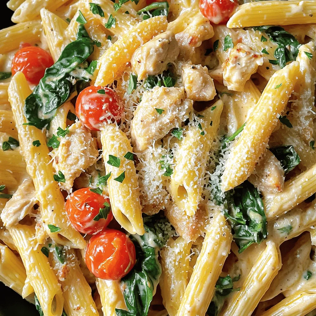 - 2 cups penne pasta - 1 pound boneless, skinless chicken breasts, diced - 1 cup chicken broth - 1 cup heavy cream or dairy-free alternative - 1 tablespoon olive oil - 1 teaspoon garlic powder - 1 teaspoon onion powder - 1 teaspoon smoked paprika - Salt and pepper to taste - 1 packet (1 oz) ranch seasoning mix - 1 cup cherry tomatoes, halved - 1 cup fresh spinach - ½ cup grated Parmesan cheese - Fresh parsley for garnish Gather these ingredients to create a creamy chicken ranch pasta that will impress everyone. The combination of penne pasta and tender chicken makes a hearty base. The chicken broth and heavy cream add richness. The ranch seasoning brings a delightful flavor that makes each bite special. Use fresh spinach and cherry tomatoes to add color and nutrients. The Parmesan cheese melts into the sauce, making it creamy. Finally, garnish with fresh parsley for a pop of freshness. For the complete recipe, check out the full recipe. Enjoy cooking! 1. Boil a large pot of salted water. 2. Add 2 cups of penne pasta. 3. Cook it according to the package instructions. 4. Drain the pasta and set it aside. 1. Heat 1 tablespoon of olive oil in a skillet. 2. Use medium heat for the oil. 3. Add 1 pound of diced chicken breasts to the skillet. 4. Season the chicken with garlic powder, onion powder, smoked paprika, salt, and pepper. 5. Cook the chicken until browned and fully cooked, about 5-7 minutes. 1. Pour in 1 cup of chicken broth. 2. Bring it to a gentle simmer. 3. Add 1 cup of heavy cream and 1 packet of ranch seasoning mix. 4. Stir well to combine. 5. Let the sauce simmer for 3-5 minutes until slightly thickened. This creamy chicken ranch pasta is a quick and tasty meal that is sure to please. For the full recipe and more details, check out the [Full Recipe]. To cook al dente pasta, boil it for about two minutes less than the package says. This way, the pasta stays firm and does not turn mushy. Once cooked, drain it but do not rinse. Rinsing washes away the starch that helps the sauce stick. For chicken, cut it into small, even pieces. This helps it cook fast and evenly. Cook it in a hot skillet for about 5 to 7 minutes. Always check that the chicken reaches 165°F to ensure it’s safe to eat. To make your dish pop, try adding a pinch of crushed red pepper. It gives a nice kick. You can also mix in fresh herbs like basil or parsley for a fresh taste. Acidity balances creaminess. A squeeze of lemon juice or a splash of vinegar can brighten the flavors. Just add it slowly and taste as you go. Meal prep can save you time during the week. Cook the pasta and chicken ahead of time. Store them separately in the fridge. Then, you can combine them with the sauce when you're ready to eat. Using rotisserie chicken is a great shortcut. Just shred it and add it to your sauce. This saves cooking time and still gives you tasty chicken. For the full recipe, check out the complete details. {{image_2}} You can make creamy chicken ranch pasta healthier. Start by using whole wheat or gluten-free pasta. Whole wheat adds fiber, while gluten-free options fit dietary needs. Next, add more vegetables. Spinach is great, but you can also use bell peppers, broccoli, or zucchini. More veggies boost the nutrition and color of your dish. To give your pasta a new taste, try different herbs. Basil or cilantro can add a fresh kick. You can also experiment with cheese. Feta adds a tangy flavor, while cheddar gives a sharp taste. Mixing cheeses can make your dish even more exciting. If you're vegan, you can still enjoy creamy chicken ranch pasta. Use plant-based chicken and a dairy-free cream. There are many tasty options available. You can also make a dairy-free sauce using cashews or coconut milk. These swaps keep the dish creamy while catering to dietary needs. To keep your creamy chicken ranch pasta fresh, place it in the fridge. Use an airtight container. This helps prevent it from drying out or absorbing odors. Make sure to cool the pasta to room temperature before sealing it. You can store it for up to three days. Reheat your pasta on the stovetop or in the microwave. For the stovetop, add a splash of water or broth. Heat it over medium-low until warm. Stir often for even heating. If using the microwave, cover it with a damp paper towel. Heat in short bursts of one minute. Check and stir until warm. To keep the creamy texture, avoid overheating. You can freeze creamy chicken ranch pasta for later use. To do this, let it cool completely. Store it in a freezer-safe container. Make sure to leave some space for expansion. It can last up to three months. When ready to eat, thaw it overnight in the fridge. Reheat gently. Keep in mind that freezing may change the texture slightly. The creaminess might not be as rich as fresh, but it will still taste great. You can make your own ranch seasoning at home. Here’s a simple mix you can try: - 1 teaspoon dried dill - 1 teaspoon garlic powder - 1 teaspoon onion powder - 1 teaspoon dried parsley - ½ teaspoon salt - ½ teaspoon black pepper This mix gives you a fresh taste. You can adjust the herbs to fit your flavor. If you want more heat, add hot sauce to the dish. Just a few drops can make a big difference. You can also dice up jalapeños and stir them in. They will add both heat and flavor. Yes, you can prep this meal ahead. Cook the pasta and chicken early. Store them in the fridge. When you're ready to eat, just heat everything together. If you want the best taste, add the fresh spinach just before serving. This keeps it bright and green. This blog post provided a clear guide for making creamy chicken ranch pasta. We covered ingredients, preparation steps, and helpful tips. You learned how to customize the dish to fit your taste and dietary needs. This easy meal can be made ahead or enjoyed fresh. Remember, experimenting with flavors can lead to new favorites. You have the tools to create a delicious dish. Enjoy making it your own, and savor every bite!