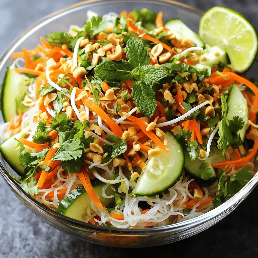To make a Quick Vietnamese Noodle Salad, you need fresh and vibrant ingredients. Here is the list of what you will need: - 200g rice vermicelli noodles - 1 cup shredded carrots - 1 cup cucumber, julienned - 1 red bell pepper, thinly sliced - 1 cup bean sprouts - 1/2 cup fresh cilantro, chopped - 1/2 cup fresh mint leaves, chopped - 1/4 cup roasted peanuts, chopped - 3 tablespoons soy sauce - 2 tablespoons lime juice - 1 tablespoon sesame oil - 1 tablespoon honey or agave syrup - 1 clove garlic, minced - Salt and pepper to taste These ingredients make the salad colorful and tasty. The rice vermicelli noodles form the base. Fresh vegetables and herbs add crunch and flavor. The dressing components bring a zesty touch. Optional toppings, like roasted peanuts, add a nice crunch. For the full recipe, refer to the instructions outlined earlier. Enjoy this easy and refreshing dish! Start by bringing a large pot of water to a boil. Add 200g of rice vermicelli noodles. Cook them for about 4 to 5 minutes. Once they become soft, drain and rinse them under cold water. This stops the cooking process and keeps the noodles from getting sticky. While the noodles cook, grab a big mixing bowl. Add 1 cup of shredded carrots, 1 cup of julienned cucumber, 1 thinly sliced red bell pepper, and 1 cup of bean sprouts. Mix them well so you have a colorful base for your salad. In a small bowl, whisk together your dressing. Use 3 tablespoons of soy sauce, 2 tablespoons of lime juice, and 1 tablespoon of sesame oil. Add 1 tablespoon of honey or agave syrup and 1 minced garlic clove. Sprinkle in some salt and pepper to taste. Adjust it as you like. Once the noodles are cool, add them to the bowl with vegetables. Pour the dressing over the mixture. Toss everything gently until the noodles and veggies are well coated. This helps to blend all the flavors. Now, fold in 1/2 cup of chopped cilantro and 1/2 cup of mint leaves. Then, add 1/4 cup of chopped roasted peanuts for crunch. If you want, save a few peanuts for topping later. Transfer the salad to large bowls. Garnish with leftover peanuts and extra herbs on top. For a fun touch, serve the salad with lime wedges on the side. This adds a zesty kick to each bite. Enjoy your refreshing Quick Vietnamese Noodle Salad! For this salad, rice vermicelli noodles are the best choice. They are light and soak up flavors well. When you cook them, keep a close eye. They only take about 4-5 minutes. If you overcook them, they can turn mushy. Rinse them in cold water right after cooking. This prevents sticking and keeps them firm. To boost flavor, use fresh herbs like cilantro and mint. They add brightness and depth to your dish. Don’t skip the lime juice; its tartness balances the sweetness of honey. If you want extra zing, add some minced chili for heat. This salad is all about layers of flavor, so taste as you go! Make your salad pop by using clear bowls. This way, you can show off the bright colors of the veggies. You can even add lime wedges on the side. This adds a fun and fresh touch. When you serve, sprinkle extra peanuts on top for crunch. A beautiful plate makes the meal even better! {{image_2}} You can add protein to your Quick Vietnamese Noodle Salad to make it heartier. Some great options include: - Grilled chicken, sliced thin - Shrimp, boiled and peeled - Tofu, cubed and pan-fried - Beef, thinly sliced and cooked Choose a protein that matches your taste or diet. Grilled chicken gives a nice smoky flavor. Shrimp add a sweet touch. Tofu absorbs the dressing well, making it very tasty. This salad is already easy to make vegetarian. To make it vegan, swap honey for agave syrup. You can also use other veggies, like bell peppers or zucchini, for added crunch. Some great vegan protein options are: - Edamame - Chickpeas - Tempeh Adding these keeps the salad filling while staying plant-based. You can customize your salad with different ingredients. Here are some easy swaps: - Use soba noodles if you can’t find rice vermicelli. - Swap cilantro for basil if you prefer. - Try lime juice with lemon juice for a different taste. - If you don’t like peanuts, use cashews or sunflower seeds. These substitutions keep the recipe fresh and fun. Check out the Full Recipe for more ideas on how to make this dish your own! Store leftover Quick Vietnamese Noodle Salad in an airtight container. This keeps the salad fresh. Place it in the fridge right away. Use it within two days for the best taste. If possible, keep the dressing separate until you are ready to eat. This helps prevent soggy noodles and veggies. To refresh the salad, add a splash of lime juice or sesame oil. This adds a burst of flavor. Toss the salad gently to mix. If the noodles are dry, add a small amount of water or dressing. This will help to revive their texture. Rice vermicelli noodles can last a long time in the pantry. They stay good for 1-2 years if kept dry. Fresh vegetables should be used within a week. Herbs like cilantro and mint last about 3-5 days. Always check for freshness before using. It takes about 20 minutes to make this salad. You need 15 minutes to prep and 5 minutes to cook the noodles. This quick dish fits into any busy schedule. Yes, you can make this salad ahead of time. Just keep the dressing separate. Mix it in right before serving. This helps keep the veggies fresh and crunchy. If you don’t have rice vermicelli, you can use rice noodles or soba noodles. They add a nice texture and taste. Just cook them according to their package directions. Yes, this recipe can be gluten-free. Use gluten-free soy sauce or tamari. Just make sure all other ingredients are also gluten-free. Enjoy a fresh and tasty meal without worry. Quick Vietnamese Noodle Salad is fresh, tasty, and easy to make. We covered the ingredients, step-by-step cooking, and tips for success. Remember to choose the right noodles and enhance flavors for the best taste. You can get creative with variations and toppings, too. Store leftovers properly to keep them fresh. This salad is perfect for meal prep, making it an excellent choice for busy days. Enjoy this vibrant dish and impress your friends with your skills!