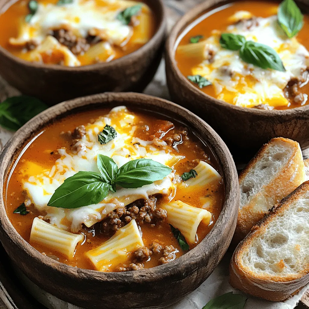 To make this cozy dish, you will need the following ingredients: - 1 pound ground beef (or Italian sausage) - 1 medium onion, chopped - 3 cloves garlic, minced - 1 (28-ounce) can crushed tomatoes - 4 cups beef broth - 2 teaspoons dried oregano - 2 teaspoons dried basil - 1 teaspoon red pepper flakes (optional) - 8 ounces uncooked lasagna noodles, broken into pieces - 1 cup ricotta cheese - 1 cup shredded mozzarella cheese - 1/2 cup grated Parmesan cheese - Salt and pepper to taste - Fresh basil leaves for garnish You can easily swap ingredients based on your taste. Here are some ideas: - Use ground turkey or chicken instead of beef for a lighter option. - Swap crushed tomatoes for diced tomatoes for extra texture. - Try vegetable broth instead of beef broth for a vegetarian touch. - If you don't have ricotta, cottage cheese works well too. - Add spinach or zucchini for a healthy boost. Measuring your ingredients helps ensure a balanced flavor. Here are some easy tips: - Use a kitchen scale for ground meat to get an exact pound. - Measure dry herbs with a spoon for better accuracy. - For liquids, use a clear measuring cup to see the exact amount. - Break lasagna noodles into even pieces for uniform cooking. - Keep a measuring spoon handy for salt and pepper adjustments. With these ingredients and tips, you're ready to create a warm bowl of Easy Lasagna Soup. For the complete recipe, check out the Full Recipe link. Start by gathering all your ingredients. You will need: - 1 pound ground beef (or Italian sausage) - 1 medium onion, chopped - 3 cloves garlic, minced - 1 (28-ounce) can crushed tomatoes - 4 cups beef broth - 2 teaspoons dried oregano - 2 teaspoons dried basil - 1 teaspoon red pepper flakes (optional) - 8 ounces uncooked lasagna noodles, broken into pieces - 1 cup ricotta cheese - 1 cup shredded mozzarella cheese - 1/2 cup grated Parmesan cheese - Salt and pepper to taste - Fresh basil leaves for garnish Next, chop your onion and mince the garlic. You want fresh flavors for this soup. 1. In a large stock pot, heat a drizzle of olive oil over medium heat. Add the chopped onion. Sauté until it turns transparent, about 3-4 minutes. 2. Add the minced garlic. Cook for an additional minute until it smells good. 3. Add the ground beef. Break it apart with a spoon. Cook until it turns brown and is no longer pink. Drain excess fat if you need to. 4. Stir in the crushed tomatoes, beef broth, oregano, basil, and red pepper flakes. Bring the mix to a boil. 5. Once boiling, reduce the heat to a simmer. Add the broken lasagna noodles. Cook according to the package directions, about 10-12 minutes, until the noodles are tender. 6. Stir in the ricotta cheese until it melts and mixes well. Season with salt and pepper to taste. 7. Ladle the soup into bowls. Top each bowl with shredded mozzarella and grated Parmesan cheese. 8. Garnish with fresh basil leaves before serving. Serve the soup in rustic bowls. This adds a cozy feel. For a cheesy finish, sprinkle extra cheese on top. Pair your soup with crusty bread on a charcuterie board. This makes for a fun dipper along with your soup. Enjoy the warmth and comfort of this dish! You can find the full recipe in the earlier section. When making lasagna soup, avoid overcooking the noodles. This can make them mushy. Instead, cook them just until tender. You want a nice bite, not a soggy mess. Also, be careful not to skip the seasoning. Adding salt and pepper enhances the flavors. Finally, don't forget to drain excess fat from the meat. This keeps your soup from being greasy. To boost the flavor, use fresh herbs instead of dried ones. Fresh basil and oregano make a big difference. You can also add a splash of red wine for depth. If you want heat, increase the red pepper flakes. You can even add diced jalapeños for a spicy kick. A squeeze of lemon juice at the end adds brightness too. A large stock pot is essential for making this soup. It gives you enough space to stir all the ingredients. A wooden spoon works well for mixing. You’ll also need a sharp knife for chopping. A measuring cup and spoons help with accuracy. Finally, use a ladle for serving. This makes it easy to dish out the soup. For the full recipe, check out the Easy Lasagna Soup. {{image_2}} You can make a tasty vegetarian version of Easy Lasagna Soup. Simply swap the ground beef for a mix of chopped mushrooms and zucchini. These veggies add a nice texture. Use vegetable broth instead of beef broth for a rich flavor. Add extra herbs like thyme and parsley for depth. You can also include spinach or kale for some green goodness. This way, you keep all the comfort while making it meat-free. If you want to try different meats, Italian sausage is a great option. It adds a spicy kick. Ground turkey or chicken works well too if you prefer leaner meat. For broth, chicken broth is a nice change. If you’re feeling adventurous, use a homemade bone broth for added richness. Each choice gives the soup a unique taste, so feel free to mix it up! Cheese is key in this soup! Besides ricotta, you can try goat cheese for a tangy twist. Cream cheese adds a smoothness that blends beautifully. For something extra, mix in some feta or blue cheese. Each cheese brings its own flavor to the bowl. Don't forget to top with mozzarella and Parmesan for that classic finish! For the full recipe, check out the Easy Lasagna Soup details. Storing leftover lasagna soup is simple. First, let the soup cool to room temperature. Then, pour the soup into an airtight container. This keeps it fresh and prevents spills. You can store it in the fridge for up to three days. If you want to keep it longer, freezing is a great option. To reheat your soup, use a pot on the stove for the best flavor. Heat it on low, stirring often. This helps maintain the texture and warmth. You can also use the microwave. Place the soup in a microwave-safe bowl. Cover it with a lid or paper towel to prevent splatters. Heat it in one-minute intervals, stirring in between. To freeze lasagna soup, consider portioning it into smaller containers. This makes it easy to thaw only what you need. Ensure the soup is completely cooled before freezing. It will last in the freezer for about three months. When ready to eat, thaw overnight in the fridge. Reheat on the stove for the best results. This Easy Lasagna Soup is not only tasty but also flexible for storage. For the full recipe, check out the [Full Recipe]. Easy Lasagna Soup can last about 3 to 4 days in the fridge. Make sure to store it in a tight container. This keeps it fresh and tasty. When ready to eat, just heat it up on the stove or in the microwave. I love to enjoy it for lunch the next day! Yes, you can make Easy Lasagna Soup in a slow cooker! Just brown the meat and onions first. Then, add all the other ingredients to your slow cooker. Set it on low for 6 to 8 hours. The flavors blend well, and the noodles cook perfectly. It’s a great way to save time! To thicken lasagna soup, you can add more noodles or a little cornstarch. If you like, mix 1 tablespoon of cornstarch with 2 tablespoons of water. Stir this mixture into the soup while it simmers. You can also add more cheese for a creamy texture. This makes every bowl rich and hearty! For the full recipe, check out the Easy Lasagna Soup section. In this blog post, we explored the full journey of making Easy Lasagna Soup. We covered ingredient lists, preparation steps, and helpful tips to avoid common mistakes. You learned how to enhance flavors and discover variations, like vegetarian options. Proper storage and reheating techniques were also shared. The key to great lasagna soup is to enjoy the process. Experiment with flavors and make it your own! Happy cooking!