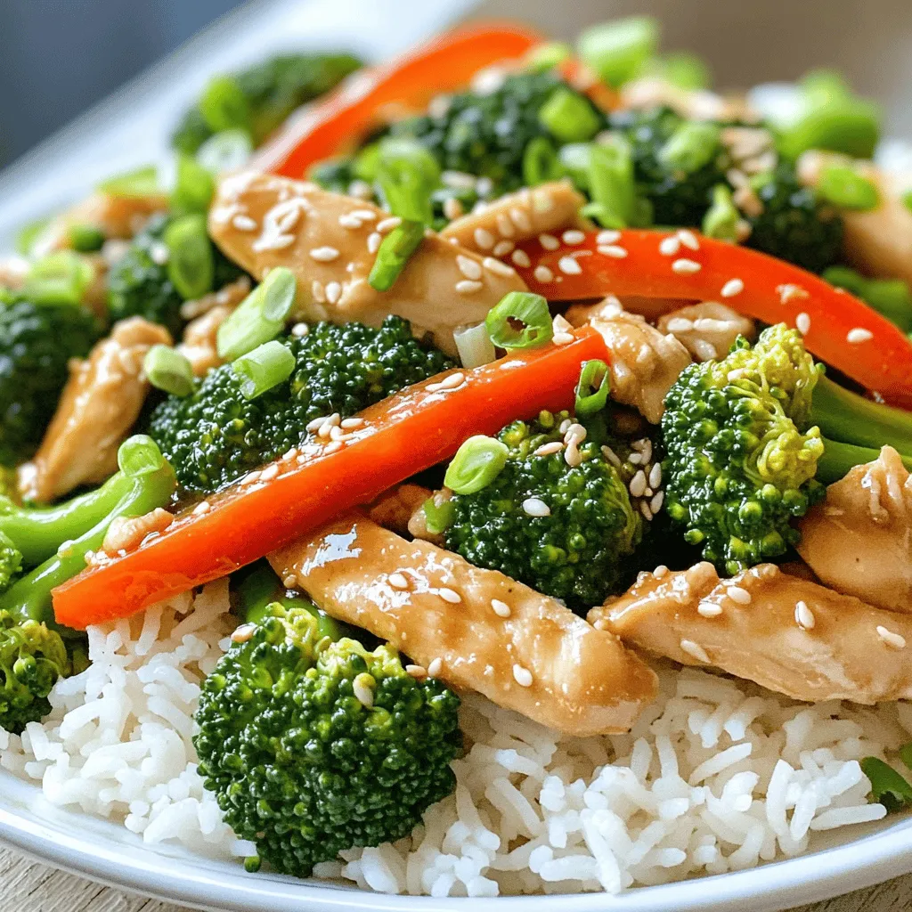- 1 lb boneless chicken breast, thinly sliced - 2 cups broccoli florets - 1 red bell pepper, sliced - 3 tablespoons soy sauce - 1 tablespoon oyster sauce (optional for extra flavor) - 2 cloves garlic, minced - 1 tablespoon cornstarch - 1 cup chicken broth - 2 tablespoons vegetable oil For this Chinese Chicken & Broccoli Stir-Fry, choosing fresh ingredients is key. You want your chicken to be tender and your broccoli to have a nice crunch. The red bell pepper adds a pop of color and sweetness. The sauces play a big role in flavor. Soy sauce gives a deep umami taste. Adding oyster sauce is optional but it really boosts the dish. Fresh garlic brings a fragrant aroma that makes everything more inviting. You also need cornstarch to help the chicken stay juicy. Chicken broth adds moisture and flavor. The vegetable oil is essential for stir-frying, allowing everything to cook evenly without sticking. Together, all these ingredients create a delicious, balanced meal. You can find the full recipe for detailed cooking steps and serving suggestions. To start, you need to marinate the chicken. In a bowl, mix the thinly sliced chicken with cornstarch, soy sauce, and a pinch of salt. This step is key for tender chicken. Let it sit for 15-20 minutes while you prepare the broccoli and bell pepper. The cornstarch helps to lock in moisture and adds a nice texture. Next, cook the broccoli. In a large pot, bring water to a boil. Once boiling, add the broccoli florets. Blanch them for 2-3 minutes until they turn bright green and become slightly tender. This step keeps the broccoli crisp and vibrant. After that, drain the broccoli and set it aside. Now we get to the fun part: stir-frying. Heat 1 tablespoon of vegetable oil in a skillet over medium-high heat. Add the marinated chicken in a single layer. Stir-fry for about 4-5 minutes until the chicken is cooked through and gets a nice golden color. Once done, remove the chicken from the skillet and set it aside. In the same skillet, add another tablespoon of vegetable oil. Toss in minced garlic and grated ginger. Sauté for about 30 seconds until fragrant. Then, add the red bell pepper and the blanched broccoli. Stir-fry everything for another 2-3 minutes. Finally, return the chicken to the skillet. Pour in the remaining soy sauce, optional oyster sauce, and chicken broth. Stir everything well, allowing the sauce to thicken for about 2-3 minutes. If it gets too thick, just add a splash of water. Now, you have a delicious stir-fry ready to serve over cooked jasmine rice. Enjoy your meal! For the complete recipe, check out the Full Recipe section. To make your Chinese chicken and broccoli taste great, always use fresh ingredients. Fresh chicken and crisp broccoli really shine in this dish. Keep the seasoning ratios balanced. Too much soy sauce can overpower the other flavors. Aim for 3 tablespoons of soy sauce for the right taste. If you choose to add oyster sauce, it can give a nice depth to the dish. Just one tablespoon is enough for extra flavor without being too strong. Stir-frying is key to perfect texture. Heat your skillet or wok until it’s hot. This helps create that nice sear on the chicken. When you add the chicken, make sure it’s in a single layer. This allows it to cook evenly. Stir-fry for just 4-5 minutes until it’s golden and cooked through. Next, don’t overcrowd the pan with vegetables. Sauté them in batches if needed to keep them crisp. Blanching the broccoli first keeps it bright green and tender. The sauce should be thick but not too sticky. If you want a thicker sauce, let it simmer for a few minutes. It will naturally reduce and thicken. If it becomes too thick, add a splash of water or broth to loosen it up. This keeps the dish saucy and delicious. Aim for a nice coating on the chicken and veggies. You want it to cling without drowning the dish. Enjoy your meal served over jasmine rice, and you’ll have a delightful dish that’s sure to impress! For the complete recipe, check out the Full Recipe. {{image_2}} You can easily change this dish to suit your taste. Try adding more veggies! Bell peppers, carrots, or snap peas work great. Each adds a new flavor and crunch. If you want extra protein, use shrimp, beef, or tofu. These swaps keep the dish exciting and delicious. If you need a gluten-free option, there are great substitutes. Look for gluten-free soy sauce. Tamari is a popular choice. You can also use coconut aminos for a unique flavor. Make sure your oyster sauce is gluten-free too, if you choose to use it. These swaps keep your meal safe and tasty. Want to mix things up? Try different sauces! Teriyaki sauce adds a sweet twist. Hoisin sauce brings a rich, savory flavor. You could even add a splash of chili sauce for heat. Experimenting with sauces can make your stir-fry new and exciting. Check out the Full Recipe for more ideas! To keep your Chinese Chicken & Broccoli Stir-Fry fresh, store it in an airtight container. Make sure to let it cool to room temperature first. Place it in the fridge right away. Your stir-fry will stay good for up to three days. If you want to keep it longer, consider freezing it instead. When reheating, I recommend using a skillet over medium heat. Add a splash of water or broth to keep it moist. Stir often to prevent sticking. You can also use a microwave. Heat in short bursts, stirring in between. This helps keep the chicken tender and the broccoli bright. To freeze, allow the stir-fry to cool completely. Place it in a freezer-safe container. It can stay frozen for up to three months. When you’re ready to eat, move it to the fridge overnight to defrost. For a quicker option, use the microwave. Just be sure to reheat it thoroughly before serving. For the full recipe, check out the recipe section above. You can use tofu or shrimp instead of chicken. Tofu is a great choice for a plant-based meal. Use firm tofu for the best texture. Just cut it into cubes and prepare it like chicken. Shrimp cooks quickly and adds a nice flavor. This dish lasts about 3 to 4 days in the fridge. Store it in an airtight container. If it looks or smells off, it's best to throw it away. Always check for mold before eating! Yes, you can prepare this dish ahead of time. Cook the chicken and veggies, then store them separately. Reheat them in a pan or microwave. Avoid cooking them too long to keep them fresh. For best taste, eat within 2 days. For the full recipe, you can check the earlier section. In this blog post, I covered how to make a delicious Chinese Chicken & Broccoli Stir-Fry. You learned about fresh ingredients, essential sauces, and cooking methods. I shared tips for great flavor and texture, plus variations for your taste. Storing and reheating leftovers was also discussed. Cooking can be fun and rewarding. By using fresh ingredients and the right techniques, you can make this dish your own. Enjoy your culinary journey!