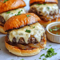 To make French Onion Soup Burgers, gather these essential items: - 1 lb ground beef (80/20) - 1 medium onion, thinly sliced - 1 tablespoon olive oil - 2 cups beef broth - 1 teaspoon sugar - 1 teaspoon thyme (dried) - 4 slices of Gruyère cheese - 4 burger buns (preferably brioche) - 1/4 cup mayonnaise - 1 tablespoon Dijon mustard - Salt and pepper to taste - Fresh parsley for garnish (optional) If you don’t have Gruyère cheese, you can use Swiss or provolone. For a lighter option, try ground turkey instead of beef. You can swap the brioche buns for whole wheat or gluten-free buns if needed. I recommend choosing high-quality ground beef with 20% fat for juiciness. Look for low-sodium beef broth to control salt levels. For cheese, Emmental is a great alternative to Gruyère. When picking a bun, look for fresh brioche from a local bakery for the best taste. If you want to explore more about this dish, check out the Full Recipe. Caramelizing the onions perfectly To start, I heat olive oil in a large skillet over medium heat. I add thinly sliced onions and sprinkle them with sugar. Sugar helps the onions caramelize. I cook them for about 20 minutes. I stir often until they turn golden brown and soft. This step brings out their sweet flavor, making it key for our burgers. Cooking the ground beef to the right doneness Next, I heat a separate skillet over medium-high heat. I take 1 pound of ground beef and season it with salt and pepper. I form the beef into four patties. I cook each patty for 4 to 5 minutes on one side. Then, I flip them to cook for another 4 to 5 minutes. For the last minute, I place a slice of Gruyère cheese on top of each patty. Covering the skillet helps the cheese melt nicely. Preparing the broth for the ultimate flavor infusion While the beef cooks, I prepare the broth. In a saucepan, I bring 2 cups of beef broth and 1 teaspoon of dried thyme to a simmer. Once the onions are caramelized, I add them to the broth. I let them simmer together for a few minutes. This step enriches the broth with onion flavor, making it a perfect addition. Layering ingredients for maximum flavor Now, it’s time to build the burgers. I spread mayonnaise on the bottom half of each brioche bun. On the top half, I add a bit of Dijon mustard. Next, I place the cheesy burger patty on the bottom bun. I ladle some of the onion and broth mixture over the cheese. This adds flavor and moisture. Tips for balancing taste and texture To balance taste, the creamy mayonnaise works well with the tangy mustard. The rich beef and onions add depth. I make sure each bite has a mix of flavors. This combo makes each bite satisfying and delicious. How to avoid soggy buns To prevent soggy buns, I use just enough broth to soak the onions without drowning the bun. I also serve the burger with a small bowl of extra broth on the side. This way, you can dip the burger without making it too soggy. For the full recipe, check out [Full Recipe]. To make great French Onion Soup Burgers, you need to master a few key skills. First, let's talk about caramelizing onions. - Best Practices for Caramelizing Onions: Start with medium heat. Use a heavy skillet, as it helps cook the onions evenly. Add a bit of sugar to speed up caramelization. Stir the onions often. This step can take about 20 minutes. You want them to turn golden brown. The richer the color, the better the flavor. - Recommended Cooking Temperatures for Beef: For juicy burgers, cook the beef over medium-high heat. Aim for 160°F for medium doneness. Use a meat thermometer to check. This will help keep the meat tender and safe to eat. - Tips for Melting Cheese Evenly: When you add cheese to the patty, cover the skillet. This traps heat and helps the cheese melt faster. Gruyère cheese melts beautifully. It adds that rich, creamy flavor to your burger. Now, let’s think about what to serve with these tasty burgers. - Ideal Side Dishes to Pair with the Burgers: Fresh salad adds a nice crunch. You can also serve crispy fries for a classic touch. Another great option is roasted vegetables. They add color and nutrients to your meal. - Beverage Pairings that Complement French Onion Soup Flavors: A nice glass of red wine goes well with these burgers. Try a light Merlot or a fruity Pinot Noir. If you prefer non-alcoholic drinks, a sparkling water with lemon is refreshing and pairs nicely too. These tips ensure you enjoy every bite of your French Onion Soup Burgers, making them a flavorful and satisfying meal. For the full recipe, check out the complete ingredients and steps. {{image_2}} You can play with French onion soup burgers in fun ways. For a vegetarian option, swap the beef for black beans or lentils. This keeps the taste rich without meat. Use the same spices and toppings to make it feel hearty. Choosing different cheeses adds new flavors. While Gruyère is classic, try sharp cheddar or creamy goat cheese. Each cheese brings its own twist to the burger. Bun types can change the game too. Instead of brioche, use pretzel buns for a salty crunch. You can also try whole grain or gluten-free buns. Each choice gives a unique bite. Adding herbs and spices boosts the taste. Try fresh rosemary or basil for a fragrant touch. A sprinkle of smoked paprika can give a nice kick. You can also mix in other ingredients. Mushrooms add a savory depth that pairs well with onions. For a crispy element, add bacon bits. They give a salty crunch that contrasts with the soft burger. Each twist makes your French onion soup burgers a new experience. Explore these options to find your favorite combination. For the full recipe, check the details above. You can store leftovers in the fridge for up to three days. To keep them fresh, place the burgers in an airtight container. This helps prevent them from drying out. When you reheat them, use a skillet or microwave. A skillet works best to keep the texture nice. Heat on medium-low for about five minutes. This way, the burger stays juicy and the cheese melts nicely. To freeze cooked burgers, wrap them tightly in plastic wrap. Then, put them in a freezer bag or container. This protects them from freezer burn. You can freeze them for up to three months. When you want to eat them, take them out and thaw in the fridge overnight. For reheating, use a skillet on medium heat. Cook for about 10 minutes, flipping halfway through. This keeps the flavor and texture just right. Check out the Full Recipe for more details on making these tasty burgers. What’s the best way to reheat French Onion Soup Burgers? Reheat your burgers in the oven for best results. Set your oven to 350°F (175°C). Place the burgers on a baking sheet. Cover them with foil to keep them moist. Heat for about 10-15 minutes. Check to see if they are warm throughout. This method helps keep the buns crisp. Can I prepare the ingredients ahead of time? Yes, you can prep ahead! Slice the onions and store them in the fridge. You can also form the burger patties and keep them covered. Make the broth and onion mixture a day before. This can save you time on cooking day. How can I make this recipe gluten-free? To make it gluten-free, use gluten-free burger buns. Check that your broth is gluten-free as well. Most beef broths are safe, but it’s good to read the label. You can also skip the bun and serve the burger on lettuce. What can I substitute for Gruyère cheese? If you can’t find Gruyère cheese, try Swiss cheese. It melts well and has a similar flavor. You could also use provolone or mozzarella for a milder taste. Each will give your burger a nice cheesy touch. How can I adjust the recipe for a larger batch? To make more burgers, simply multiply the ingredient amounts. For every pound of beef, use one medium onion and four slices of cheese. Make sure your skillet can handle the extra patties. Cook them in batches if needed to ensure even cooking. You now have all the tools to make French Onion Soup Burgers. We covered key ingredients and their best brands. You learned how to caramelize onions and cook beef perfectly. Assembling these burgers with balance is crucial for great taste. Don't forget the creative twists and side dish pairings! With these tips and storage info, you can enjoy this dish anytime. So, gather your ingredients and start cooking. Enjoy every bite, and share your delicious burgers with friends!