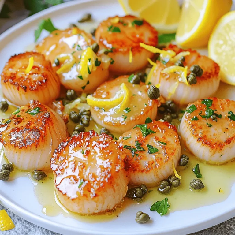 Gathering the right ingredients is key for making great pan-seared scallops with lemon caper sauce. Here’s what you need: - 1 pound sea scallops, patted dry - 2 tablespoons olive oil - Salt and freshly ground black pepper, to taste - 2 tablespoons unsalted butter - 3 cloves garlic, minced - 2 tablespoons capers, rinsed and drained - Zest of 1 lemon - 1/4 cup fresh lemon juice (about 1-2 lemons) - 2 tablespoons fresh parsley, chopped - Lemon wedges, for serving Using fresh ingredients makes a big difference. The scallops need to be dry for a good sear. Pat them with a paper towel to remove any extra moisture. This helps create that beautiful golden crust. The lemon and capers add a bright, zesty flavor. Make sure to use fresh lemon juice for the best taste. For the full recipe, you can refer to the section that details the cooking steps. Enjoy every bite of this amazing dish! First, I season the scallops with salt and pepper on both sides. This step adds flavor to the scallops. Next, drying the scallops is key. I pat them dry with a paper towel. This helps them sear better and prevents steaming. If they are wet, they won’t get that nice golden crust. Now, I heat a large skillet over medium-high heat. I add two tablespoons of olive oil to the pan. It should be hot but not smoking. When the oil shimmers, I place the scallops in the pan. I make sure not to overcrowd them. Each scallop needs space to cook evenly. I sear them for about 2-3 minutes without touching them. This waiting time allows a golden crust to form. Then, I flip each scallop and sear the other side for another 2-3 minutes. Once done, I remove the scallops and place them on a warm plate. In the same skillet, I lower the heat to medium and add two tablespoons of unsalted butter. Once the butter melts, I add three cloves of minced garlic. I sauté the garlic for about 30 seconds until it becomes fragrant. Then, I stir in two tablespoons of rinsed capers and the zest of one lemon. Cooking for another minute brings out the flavors. Next, I pour in 1/4 cup of fresh lemon juice. I let it simmer for 1-2 minutes to thicken slightly. If I want the sauce thicker, I can simmer it longer. Finally, I turn off the heat and mix in two tablespoons of chopped parsley. This step adds a fresh touch. For the full recipe, refer to the earlier section. To cook scallops right, heat your pan to medium-high. This temperature helps get a nice crust. If it’s too low, your scallops will steam instead of sear. Avoid overcrowding the pan. This keeps the heat consistent and ensures each scallop cooks evenly. If you put too many in at once, they won’t get that golden brown color. To boost the flavor, try adding fresh herbs like thyme or dill. These can bring a new twist to the dish. You can also sprinkle in some red pepper flakes for a hint of heat. For a creamier sauce, add a splash of heavy cream or a dollop of crème fraîche. This will make the sauce rich and smooth, enhancing the scallops' natural sweetness. For a stunning presentation, serve the scallops on a white plate. This lets the vibrant sauce shine. You can also create height with the scallops by stacking them slightly. Garnish with extra parsley or some lemon zest. This adds color and freshness. Pair the dish with a side of sautéed asparagus or an arugula salad for a balanced meal. For the full recipe, check out [Full Recipe]. {{image_2}} You can change the taste of your lemon caper sauce. One way is to add white wine or broth. This adds depth and richness to the sauce. You can also try other herbs. Fresh dill or basil can bring new flavors. These herbs pair well with lemon and capers. Experimenting with flavors keeps the dish fresh and exciting. If you want to switch up the protein, try shrimp or fish instead of scallops. They cook similarly and absorb flavors well. For a vegan option, use large mushrooms. Portobello mushrooms work great as a scallop substitute. You can also try tofu, cut into thick slices. These swaps allow everyone to enjoy this dish. Choosing sides can enhance your meal. Light salads work well, like arugula or mixed greens. You can add citrus dressing for a fresh touch. For starches, consider serving with rice or quinoa. These grains soak up the lemon caper sauce nicely. You can find more ideas in the Full Recipe. To keep your scallops and sauce fresh, store them right away. Place the scallops in an airtight container. Add a layer of the lemon caper sauce on top. This keeps moisture in and flavors intact. You can keep the leftovers in the fridge for up to two days. Make sure to check for any off smells before eating. When you reheat scallops, you need to be careful. Overcooking can make them tough and chewy. I recommend using a skillet over low heat. This warms them gently. For the lemon caper sauce, you can warm it in a small saucepan. Heat it over low heat, stirring often. This helps to keep the sauce smooth and tasty. Enjoy your leftovers as if they were fresh! For the full recipe, check out the guide above. How do you know when scallops are cooked? You will know scallops are cooked when they turn opaque. They should also feel firm to the touch. A golden crust forms when searing. Each side takes about 2-3 minutes to cook. Can you freeze cooked scallops? Yes, you can freeze cooked scallops. Make sure they cool down first. Place them in an airtight container. They can last up to three months in the freezer. What can I use instead of capers? If you don’t have capers, use green olives. They add a similar briny flavor. You can also try chopped pickles for a different taste. How do I make this recipe dairy-free? To make this dish dairy-free, swap unsalted butter for olive oil. The lemon and caper sauce will still taste great. Use the same amount of olive oil in place of butter. Can I grill scallops instead of searing them? Yes, you can grill scallops instead of searing. Use skewers to keep them from falling through the grill. Cook them over high heat for about 2-3 minutes per side. What is the best type of pan for cooking scallops? A heavy skillet is best for cooking scallops. Cast iron or stainless steel pans work well. They provide even heat and help create a nice crust. You now have a full guide on cooking sea scallops. We covered the key ingredients and steps to make this dish shine. I shared tips for perfect seasoning, sauce making, and side pairings. Understanding storage and reheating helps keep flavors fresh. With a few tweaks, you can customize this recipe to suit your taste. Cooking scallops can be easy and rewarding. Enjoy making this dish and impressing your friends or family!