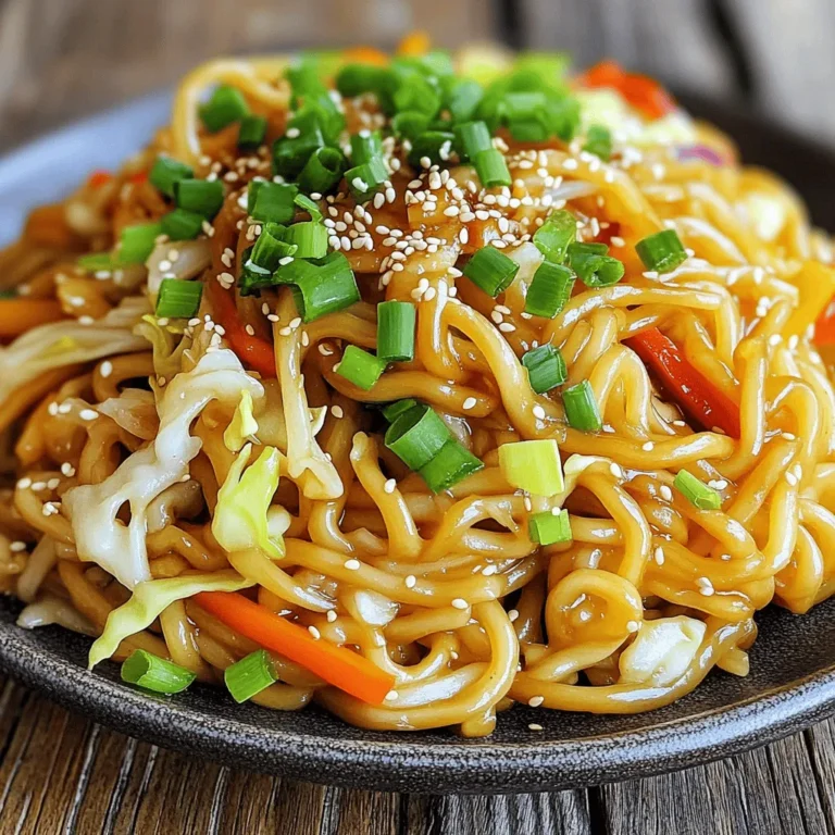 - 8 oz thick wheat noodles (or Shanghai noodles) - 1 cup shredded cabbage - 1 carrot, julienned - 1 bell pepper (red or yellow), thinly sliced - 1/2 cup bean sprouts - 4 green onions, chopped - 2 cloves garlic, minced - 1 tablespoon ginger, minced - 2 tablespoons soy sauce - 1 tablespoon oyster sauce (or mushroom sauce for a vegetarian option) - 1 tablespoon sesame oil - 1 tablespoon vegetable oil - Salt and pepper to taste To make a great plate of Shanghai fried noodles, start with thick wheat noodles. These noodles hold up well and soak in flavors. You can find them in most grocery stores or Asian markets. Fresh veggies add color and crunch. Cabbage, carrots, bell peppers, and bean sprouts work best. Green onions and garlic give a strong flavor. Ginger adds warmth and depth. - Various proteins: chicken, shrimp, or tofu - Additional seasonings: sesame oil, vegetable oil, salt and pepper For added protein, you can use chicken, shrimp, or tofu. Each option changes the taste and texture. Adding sesame oil enhances the nutty flavor. Use salt and pepper to fit your taste. You can find the full recipe to see how to combine these ingredients for a delightful dish! To start, bring a large pot of water to a boil. You want the water bubbling hard. Add the thick wheat noodles to the pot. Cook them according to the package instructions until they are al dente. This usually takes about 6 to 8 minutes. Once cooked, drain the noodles in a colander. Toss them with a splash of vegetable oil to prevent them from sticking together. Next, heat a large wok or skillet over medium-high heat. Pour in the vegetable oil and let it heat up. Add the minced garlic and ginger, stirring quickly for about 30 seconds. This step makes your kitchen smell amazing! Then, toss in the shredded cabbage, julienned carrot, and sliced bell pepper. Stir-fry these veggies for about 3 to 4 minutes. You want them to be tender but still a bit crisp. Now it's time to bring everything together. If you are using a protein like chicken, shrimp, or tofu, add it now to warm through. Then, add the cooked noodles to the wok. Drizzle in the soy sauce, oyster sauce, and sesame oil. Toss everything together for about 2 to 3 minutes. Make sure every noodle is coated well with the sauce. Finally, add the bean sprouts and chopped green onions, stirring gently. Season with salt and pepper to taste, and cook for another 1 to 2 minutes. Your dish is almost ready! For the full recipe, check out the link. To keep your noodles from getting soggy, cook them just right. Boil them until they are al dente. This means they should still have a little bite. After boiling, rinse them under cold water. This step cools them down and stops the cooking. Toss them with a bit of vegetable oil. This helps to keep them from sticking. For veggies, you want a nice crunch. Stir-fry them quickly over high heat. This keeps them tender yet crisp. Add your vegetables in order of cooking time. Start with cabbage, then carrots, and finish with bell peppers. This way, each veggie cooks just right. Using the right tools is key for great stir-frying. A wok is best for making Shanghai Fried Noodles. It heats evenly and allows for easy tossing. If you don’t have a wok, a large skillet works too. Just make sure it has high sides. High heat is vital during stir-frying. It cooks food fast and locks in flavors. Preheat your wok or skillet before adding oil. This helps create that perfect sear on your ingredients. Presentation can make your dish shine. Garnish your noodles with extra green onions. A sprinkle of sesame seeds adds a nice touch too. For serving, use a large platter. This allows the colors to pop. Consider using chopsticks for an authentic feel. It makes the meal fun and interactive. Place the dish in the center of your table. This invites everyone to dig in and enjoy! {{image_2}} You can easily adapt this dish to be vegetarian or vegan. Simply swap out the oyster sauce for mushroom sauce. This change keeps the rich flavor while making it plant-based. You can also use tofu as your protein. This adds a nice texture and absorbs all the tasty sauces. For a boost of flavor, try adding more vegetables, like mushrooms or bell peppers. They bring great taste and color to your dish. Fried noodles vary around the world. In Hong Kong, you might find a sweeter version with soy sauce and hoisin sauce. In Indonesia, they often add spicy sambal. Each region uses local ingredients, making it unique. You can experiment with these flavors. Try adding local spices to give your noodles a twist. If you want to change up the protein, you have great options. Chicken brings a mild taste, while shrimp adds a sweet flavor. Tofu is an excellent choice for vegans. Each protein needs a different cooking time. Chicken takes longer, while shrimp cooks fast. Make sure to adjust your cooking time so everything is perfectly done. You want your protein to be juicy and your noodles to be hot. To keep your Shanghai Fried Noodles fresh, follow these steps: - Cool Down: Let the noodles cool to room temperature before storing. This helps prevent sogginess. - Use Airtight Containers: Store noodles in airtight containers to keep them fresh. Glass or plastic containers work well. - Label and Date: If you make a large batch, label the container with the date. This helps you track freshness. When reheating your fried noodles, aim for that perfect texture: - Stovetop Method: Heat a non-stick pan over medium heat. Add a splash of water or oil to keep the noodles moist. Stir frequently until heated through. - Microwave Method: Place noodles in a microwave-safe dish. Add a tablespoon of water, cover, and heat in short bursts. Stir in between to avoid hot spots. Avoid reheating in the oven. It can dry out the noodles and change their texture. You can freeze Shanghai Fried Noodles, but there are some tips to follow: - Cool Before Freezing: Allow the noodles to cool completely. This helps keep their texture. - Use Freezer Bags: Place the noodles in freezer bags. Squeeze out as much air as possible to prevent freezer burn. - Mark the Bags: Write the date on each bag. Frozen noodles are best used within three months. To defrost, place the bag in the fridge overnight. Reheat as described above for the best results. Shanghai Fried Noodles is a popular dish from Shanghai, China. It features thick wheat noodles that are stir-fried with fresh vegetables. Common ingredients include cabbage, carrots, and bell peppers. People often add proteins like chicken, shrimp, or tofu. The dish gets its flavor from soy sauce and sesame oil. The origins of this dish trace back to street food, where it became a favorite for its rich taste and quick preparation. To keep your noodles from sticking together, rinse them after cooking. Use cold water to cool them down quickly. Toss them gently with a splash of vegetable oil. This will coat the noodles and help keep them separate. Another tip is to cook the noodles just until tender, not overcooking them. Stir-frying them immediately after cooking also helps maintain their texture. For the best Shanghai Fried Noodles, try local Chinese restaurants known for authentic cuisine. Many Asian markets also have food stalls that serve great versions of this dish. In Shanghai, look for street vendors specializing in noodles. They often serve fresh, flavorful meals at good prices. Checking online reviews can also help you find top spots in your area. Homemade Shanghai Fried Noodles can last for up to three days in the fridge. Store them in an airtight container to keep them fresh. When reheating, add a splash of water to help restore moisture. If you want to keep them longer, you can freeze them for up to a month. Make sure to cool the noodles completely before freezing. Shanghai fried noodles are a delightful dish filled with rich flavors. We explored the key ingredients, from thick noodles to fresh vegetables and sauces. You learned how to cook and combine your noodles, ensuring they stay tasty and crunchy. I shared tips for perfecting your dish, packing it for later, and making variations to suit your taste. With these insights, you can now create your own amazing Shanghai fried noodles at home. Enjoy experimenting with flavors and sharing them with others!