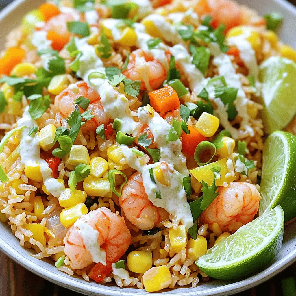 To make a great shrimp fried rice, you need key ingredients. Here’s what you’ll need: - 2 cups cooked jasmine rice: Use day-old rice for the best texture. Fresh rice can be too sticky. - 200g shrimp: Choose medium or large shrimp. They should be peeled and deveined for easy cooking. - 1 cup coconut milk: This adds creaminess and a hint of sweetness. - 1/2 cup sweet corn: You can use fresh or frozen corn. - 1/2 bell pepper: Select red or yellow for color and flavor. Dice it into small pieces. - 2 green onions: Chop these for a fresh taste and garnish. - 3 cloves garlic: Mince them to pack in flavor. - 2 tablespoons soy sauce: Use tamari if you need a gluten-free option. - 1 tablespoon lime juice: Freshly squeezed lime juice brightens up the dish. - 1 tablespoon sesame oil: This gives a nice, nutty flavor. You can use vegetable oil if needed. - Salt and pepper: Use these to taste for added flavor. - Fresh cilantro: This is for garnish and adds a fresh touch. - Lime wedges: Serve these on the side for an extra zing. These ingredients create a balance of flavors and textures. Each one plays a part in making this shrimp fried rice a quick and easy meal. For the full recipe, refer to the earlier section. To make shrimp fried rice, start by cooking your jasmine rice. I recommend using day-old rice. It has a better texture and won't turn mushy. Rinse 2 cups of rice under cold water until it runs clear. Cook it according to your rice cooker or package instructions. Once done, let it cool. Next, prep your shrimp and vegetables. Use 200 grams of shrimp, peeled and deveined. If you like, you can use frozen shrimp. Just thaw them before cooking. Chop 1/2 a bell pepper into small pieces. You can pick red or yellow for a pop of color. Also, get 1/2 cup of sweet corn, fresh or frozen. Mince 3 cloves of garlic and chop 2 green onions. Now, heat 1 tablespoon of sesame oil in a large skillet or wok over medium-high heat. Add the minced garlic and sauté for about 30 seconds. You want it fragrant, not burnt. Next, increase the heat to high and add the shrimp. Cook them for 2-3 minutes until they turn pink. Once cooked, remove the shrimp from the pan and set them aside. In the same skillet, add the diced bell pepper and sweet corn. Sauté for 2-3 minutes until softened. Then, add the cooked jasmine rice to the skillet. Break up any clumps as you stir. Pour in 1 cup of coconut milk and 2 tablespoons of soy sauce. Stir well to combine everything. Let it heat through. This step helps the rice absorb the lovely coconut flavor. After a few minutes, return the cooked shrimp to the skillet. Add 1 tablespoon of lime juice, mixing everything evenly. Cook for an additional 2 minutes. Season with salt and pepper to your taste. Remove the skillet from heat and stir in the chopped green onions. These add a fresh crunch. Serve your shrimp fried rice hot. For a finishing touch, garnish with fresh cilantro and lime wedges on the side. Enjoy this quick and easy meal that's bursting with flavor. For the complete recipe, check out the [Full Recipe]. Using day-old rice is key. Fresh rice is often too moist. It clumps together and does not fry well. Day-old rice has dried out a bit, making it perfect for stir-frying. When you use it, the grains stay separate. This helps achieve that nice, fluffy texture we want in fried rice. For sautéing shrimp, timing is everything. Heat your oil until hot but not smoking. Add the shrimp in a single layer. Cook them for about 2-3 minutes until they turn pink. Don't crowd the pan; this helps them cook evenly. Once they’re done, remove them quickly to avoid overcooking. Fresh ingredients always shine in this dish. Use fresh shrimp if you can. They add a sweet, ocean flavor. Fresh veggies, like bell peppers and green onions, also boost taste. If you use frozen veggies, make sure to thaw them first. This prevents excess water in your dish. For seasoning, soy sauce is a must. It adds umami depth. You can also try adding a pinch of red pepper flakes for heat. Fresh lime juice brightens the flavor, making it zesty. Don't forget to taste as you go. Adjust salt and pepper to your liking. For the full recipe, check out the Coconut Lime Shrimp Fried Rice . {{image_2}} You can change the shrimp in this recipe. Chicken is a great choice. Use cooked chicken breast or thighs, cut into small pieces. Tofu is also a good option if you want a plant-based meal. Choose firm tofu, and cut it into cubes. Just sauté it until golden before adding other ingredients. You can even use beef or pork if you like. This recipe works well with any protein you choose. If you need gluten-free options, just swap soy sauce for tamari. Tamari is a gluten-free version that tastes great. For a vegan meal, skip the shrimp and use tofu or a mix of colorful veggies. You can add mushrooms, carrots, or peas for extra flavor and nutrition. Make sure to adjust cooking times for any new ingredients you add. This way, everyone can enjoy a tasty plate of fried rice! Check out the Full Recipe for more ideas. To store your shrimp fried rice, wait until it cools down. Place it in an airtight container. This helps keep it fresh. You can store it in the fridge for up to three days. If you want to keep it longer, consider freezing it. For freezing, use a freezer-safe bag or container. Make sure to remove as much air as you can. This will help prevent freezer burn. When you're ready to eat your shrimp fried rice, you need to reheat it well. The best method is using a skillet. Heat a little oil over medium heat, then add the rice. Stir it often to avoid sticking. If the rice seems dry, add a splash of water or broth. You can also use a microwave. Just place it in a bowl, cover it, and heat in short bursts. Stir in between until it's hot. This way, your meal will taste fresh and delicious, just like when you made it. For the full recipe, check out the earlier section. I suggest using jasmine rice for fried rice. It has a nice texture and flavor. Day-old rice works best. It is drier, so it fries better. Fresh rice can be too sticky. If you don’t have jasmine, you can use long-grain rice. Just avoid short-grain rice as it gets gummy. Yes, you can make this shrimp fried rice ahead of time. Cook it, cool it, and store it in the fridge. It stays fresh for about three days. When you are ready to eat, just reheat it in the pan. Adding a splash of water helps keep it moist. To make it spicier, add red pepper flakes or Sriracha sauce. You can also use jalapeños for a fresh kick. If you want it milder, reduce or skip spicy ingredients. Adding more coconut milk can also tone down the heat. Taste as you go to find your perfect level. For a complete cooking experience, check out the Full Recipe. This blog post covered how to make delicious shrimp fried rice from scratch. You learned about the right ingredients, like jasmine rice and shrimp. I explained step-by-step cooking, from sautéing garlic to adding final touches. Tips helped you achieve great texture and flavor. I also shared variations for different diets and proteins, plus storage advice for leftovers. In conclusion, making shrimp fried rice is fun and easy. With fresh ingredients and simple steps, you can enjoy a tasty dish at home.