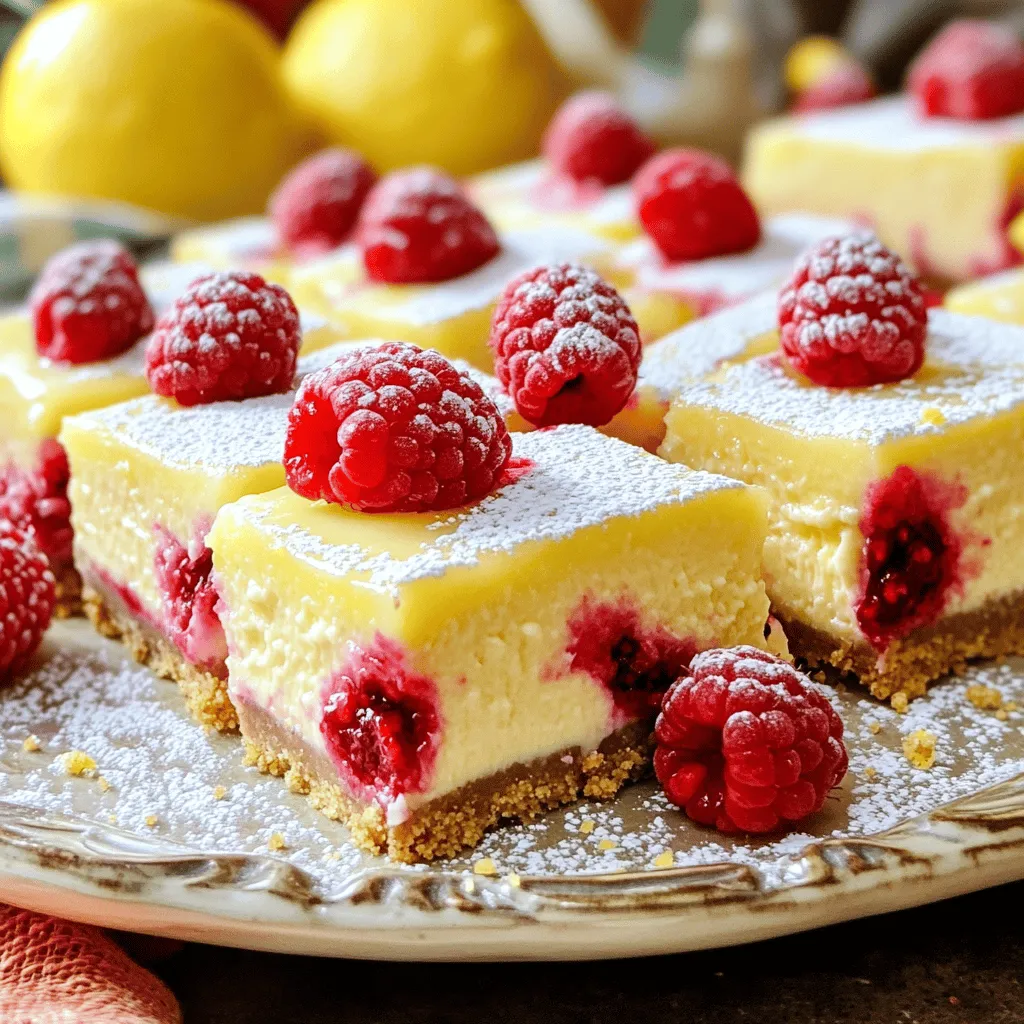 - 1 ½ cups graham cracker crumbs - ½ cup unsalted butter, melted - ¼ cup granulated sugar - 16 oz cream cheese, softened - ½ cup granulated sugar - 2 large eggs - 2 tablespoons all-purpose flour - Zest of 1 lemon - ¼ cup fresh lemon juice - 1 cup fresh raspberries (plus extra for garnish) - 1 teaspoon vanilla extract - 8x8 inch baking dish - Mixing bowls - Electric mixer or whisk - Parchment paper To make these delightful raspberry lemon cheesecake bars, you start with the crust. Combine graham cracker crumbs, melted butter, and sugar in a bowl. This mix should feel like wet sand. Press it firmly into an 8x8 inch baking dish. Bake it for about 10 minutes to set the base. Next, for the cheesecake filling, you need softened cream cheese. This makes mixing easier. In a large bowl, beat the cream cheese and granulated sugar until smooth. Add two large eggs, one at a time, mixing well each time. Now, add flour, lemon zest, fresh lemon juice, and vanilla extract. These flavors brighten the filling. Finally, fold in fresh raspberries gently to keep them whole. For equipment, you'll need a few basics. An 8x8 inch baking dish is key for the perfect size. Mixing bowls help keep your space tidy. An electric mixer or a whisk speeds up mixing. Parchment paper helps with easy removal later. For the full recipe, check above. Enjoy making this treat! - Preheat your oven to 350°F (175°C). - Combine graham cracker crumbs, melted butter, and sugar. - Press into the baking dish and bake for 10 minutes. - Beat cream cheese and sugar until smooth. - Add eggs, flour, lemon zest, lemon juice, and vanilla extract. - Fold in raspberries gently. - Pour over the pre-baked crust and bake for 25-30 minutes. - Allow to cool in the oven. - Refrigerate for at least 4 hours. - Lift out using parchment paper and slice into squares. For the full recipe, you can check the detailed instructions above. Enjoy your sweet creation! - Be sure cream cheese is softened for easier mixing. Cold cream cheese is hard to blend. It can leave lumps in your batter. - Avoid overmixing after adding eggs. This keeps your cheesecake light and fluffy. Overmixing can make it dense and heavy. - Garnish with fresh raspberries and mint leaves. This makes your bars look bright and fresh. - Dust with powdered sugar for a finishing touch. It adds a sweet look that catches the eye. - Pair with whipped cream or ice cream. The creamy textures complement the tangy cheesecake. - Serve with a light fruit sauce or compote. It adds extra flavor and makes each bite special. For the full recipe, check out my detailed instructions above. Enjoy these delightful treats! {{image_2}} You can change the flavors of these bars easily. For a twist, use different berries. Blueberries or strawberries work great. You might also try adding white chocolate. Mint can add a fresh taste too. These options let you make it your own. If you need a gluten-free treat, no worries! Just swap in gluten-free graham cracker crumbs. This small change keeps the crust tasty and safe for everyone. You won’t lose flavor or texture with this switch. Want a vegan version? Use silken tofu or a vegan cream cheese alternative. This still gives you that creamy texture. Follow the same steps in the Full Recipe to create your bars. You’ll enjoy the same delicious flavors without the dairy. To keep your raspberry lemon cheesecake bars fresh, store them in an airtight container. They will stay good in the fridge for up to 5 days. This way, you can enjoy a sweet treat anytime you crave it. If you want to save some for later, freeze the uncut bars. They can last for up to 2 months in the freezer. When you're ready to serve, simply thaw them in the fridge overnight. This keeps the texture just right for a delicious bite. Before serving your cheesecake bars after storage, make sure they are properly chilled. Chilling helps bring out the flavors and makes each bite feel refreshing and delightful. The edges will be set while the center will still have a slight jiggle. This means the cheesecake will be creamy and not overbaked. If you see the edges firming up but the middle looks soft, that’s perfect! Let them cool in the oven, and it will finish setting up. Yes, they can be made a day in advance and chilled. This allows the flavors to blend nicely. Just store them in the fridge covered. They taste even better the next day! Frozen raspberries or other berries can be used as alternatives. Blueberries, strawberries, or blackberries work well too. Just remember that frozen berries might release more juice, so adjust the baking time if needed. You now have a simple way to create delicious raspberry cheesecake bars. We covered all the key ingredients, equipment, and steps needed to make this treat. Remember to keep the cream cheese soft for the best mix and don’t overmix after adding the eggs. Feel free to customize flavors or adapt to gluten-free and vegan diets. Follow these tips, and your bars will impress everyone. Enjoy your delicious creation!