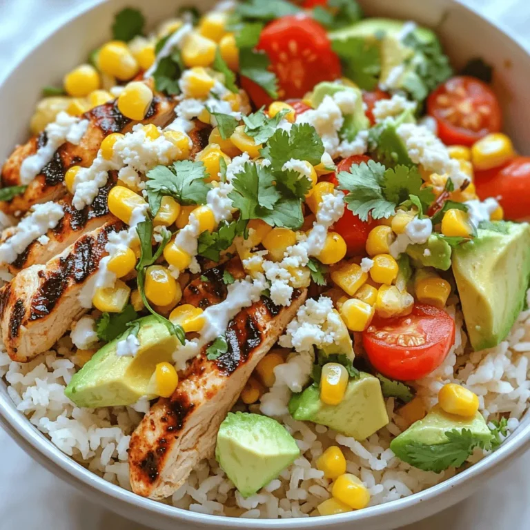 To make a tasty Street Corn Chicken Rice Bowl, you will need: - 1 cup jasmine rice - 2 cups chicken broth - 2 chicken breasts, grilled and sliced - 1 cup corn (fresh, frozen, or canned) - 1 red bell pepper, diced - 1 avocado, diced - 1 cup cherry tomatoes, halved - 1/2 cup crumbled cotija cheese - 1/4 cup fresh cilantro, chopped - 1 tablespoon lime juice - 1 teaspoon chili powder - 1 teaspoon smoked paprika - Salt and pepper to taste - Olive oil for grilling You can swap ingredients if you want to change things up. For the rice, you could use brown rice for more fiber. Quinoa is a great gluten-free option too. If you can’t find cotija cheese, feta works well. You can use lime juice or lemon juice, depending on what you have. For the corn, fresh corn is best, but canned corn is just fine. Using fresh ingredients makes a big difference. Fresh corn brings sweetness and crunch. Ripe avocado adds creaminess. The red bell pepper gives color and a sweet taste. Fresh cilantro adds a pop of flavor and a nice smell. When you use fresh produce, your Street Corn Chicken Rice Bowl will taste amazing. You want your meal to be fun and full of flavor, so go for the freshest options you can find! For the full recipe, check out the section below. To make perfect jasmine rice, start by rinsing 1 cup of rice under cold water. This removes excess starch and helps keep the rice fluffy. In a medium saucepan, combine the rinsed rice and 2 cups of chicken broth. Bring this mixture to a boil over medium heat. Once it boils, reduce the heat to low. Cover the pot and let it simmer for 15 minutes. After cooking, remove the pot from heat but keep it covered for another 5 minutes. Fluff the rice with a fork and set it aside. For juicy chicken breasts, start with 2 chicken breasts. Brush them with olive oil and season with salt, pepper, chili powder, and smoked paprika. This adds great flavor. Preheat your grill to medium-high heat. Place the breasts on the grill and cook for about 6-7 minutes on each side. You want them cooked through and no longer pink inside. Use a meat thermometer to ensure they reach 165°F. Once done, remove them from the grill and let them rest for a few minutes before slicing them into strips. Now let’s make the corn topping. Heat a skillet over medium heat and add a drizzle of olive oil. Add 1 cup of corn and 1 diced red bell pepper to the pan. Sauté this mixture for about 5-6 minutes until the corn is tender and slightly charred. Season with salt and pepper to taste. To put your bowl together, start with a generous layer of the cooked rice at the bottom. Then, add the sliced grilled chicken on top. Next, add the sautéed corn and bell pepper mixture. You can also add 1 diced avocado, 1 cup of halved cherry tomatoes, and 1/2 cup of crumbled cotija cheese for extra flavor. Finish your bowl by drizzling lime juice over the top and garnishing with 1/4 cup of chopped cilantro. Enjoy your Street Corn Chicken Rice Bowl while it's warm! To make your chicken burst with flavor, start with good seasoning. Use olive oil, salt, and pepper. Add chili powder and smoked paprika for a smoky kick. Let the chicken marinate for at least 15 minutes. This step helps the spices soak in. When grilling, make sure the grill is hot. This keeps the chicken juicy and gets nice grill marks. Grill each side for 6-7 minutes. Always check that the chicken is fully cooked. It should reach an internal temp of 165°F. Cooking rice well is key for a great bowl. Use jasmine rice for a fragrant touch. Rinse the rice before cooking to remove extra starch. This helps it stay fluffy. Combine the rice with chicken broth instead of water. This adds flavor and richness. Bring it to a boil, then cover and lower the heat. Cook for 15 minutes. After it's done, fluff the rice with a fork. This keeps it light and airy. A beautiful bowl makes the meal more fun. Start with a base of rice in the bowl. Layer the grilled chicken on top. Next, add your sautéed corn and bell pepper mix. This adds color and texture. Then, sprinkle diced avocado and halved cherry tomatoes for freshness. Finish with crumbled cotija cheese and chopped cilantro. A lime drizzle on top adds a zesty touch. Arrange ingredients so each color shines. Serve warm for the best experience. For the full recipe, check the details above! {{image_2}} You can easily make this dish vegetarian. Swap the chicken for grilled portobello mushrooms or marinated tempeh. Both options add a rich, earthy flavor. Use the same spices for a tasty kick. Grilled zucchini also works well, adding a nice texture. If you want a different protein, shrimp is a great choice. Cook it quickly on the grill for a light and tasty option. Tofu is another excellent swap. Press the tofu to remove water, then marinate it in lime juice and spices. Grill or sauté it until golden. Get creative with your toppings! Add black beans for protein and fiber. Pickled red onions give a nice zing. You can also sprinkle some crushed tortilla chips for crunch. Fresh herbs like basil or mint can add an unexpected twist. Try different cheeses too, like feta or Monterey Jack, for varied flavors. You can find the Full Recipe to explore more options. Enjoy customizing your Street Corn Chicken Rice Bowl! After making your Street Corn Chicken Rice Bowl, store leftovers in airtight containers. This keeps the food fresh and tasty. Make sure to separate the rice, chicken, and toppings. This way, flavors stay bright. Use the leftovers within three days for the best taste. To reheat, use the microwave or a skillet. If you use the microwave, heat in short bursts. Stir between each burst to ensure even heating. For a skillet, add a splash of chicken broth to keep moisture. This helps the rice and chicken stay soft and flavorful. You can freeze the rice and chicken for later use. Store them in freezer-safe bags or containers. Make sure to remove as much air as possible. When you're ready to eat, thaw the rice and chicken in the fridge overnight. Reheat them fully before serving. This keeps the taste fresh and delicious. For a complete guide, check the Full Recipe. You can pair your bowl with a fresh salad. A simple green salad adds crunch. Chips and salsa also work well for extra flavor. If you want a drink, try a cold limeade or iced tea. These will balance the meal's richness and make it fun. To add heat, sprinkle some cayenne pepper or red pepper flakes. You can also mix in a spicy sauce, like hot sauce or sriracha. If you like fresh flavors, consider adding diced jalapeños or a spicy salsa. Adjust the spice to fit your taste. Yes, you can make parts of the bowl ahead. Cook the rice and chicken in advance. Store them in airtight containers in the fridge. The corn topping can also be prepped and stored. Assemble the bowls right before serving for the best taste. For the full recipe, check out the details above. To make the Street Corn Chicken Rice Bowl, start with jasmine rice. Cook it in chicken broth for flavor. Grill two chicken breasts and slice them. Sauté corn and red bell pepper until tender. Assemble your bowl with rice, chicken, corn mixture, and fresh toppings. Drizzle with lime juice and top with cilantro. This dish blends textures and flavors, making it a fun meal. This Street Corn Chicken Rice Bowl packs a punch. Each serving has about: - Calories: 540 - Protein: 32g - Carbohydrates: 56g - Fat: 20g - Fiber: 7g The chicken and corn offer great protein and fiber. The veggies add vitamins and minerals. Enjoy this dish, knowing it’s balanced and nutritious. Pair this bowl with refreshing drinks. Here are some ideas: - Lemonade: Its sweetness balances the spices. - Iced Tea: A light herbal tea complements the meal. - Sparkling Water: Add lime for a zesty touch. These drinks enhance the flavors and keep you refreshed. Enjoy your tasty meal with a perfect drink! This blog post covered all you need for a delicious Street Corn Chicken Rice Bowl. We listed all the ingredients and gave you good swaps if needed. Fresh produce enhances the flavors. I shared step-by-step cooking tips for rice and chicken, plus how to make a tasty corn topping. For variation, I discussed vegetarian options and other proteins. Storing and reheating leftovers helps you enjoy the dish again. In my final thoughts, this bowl is fun to make and customize. Enjoy your cooking adventure!