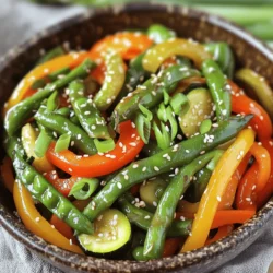 - 1 cup snap peas, trimmed - 1 cup asparagus, cut into 2-inch pieces - 1 bell pepper (red or yellow), sliced - 1 cup carrots, julienned - 1 zucchini, sliced into half-moons