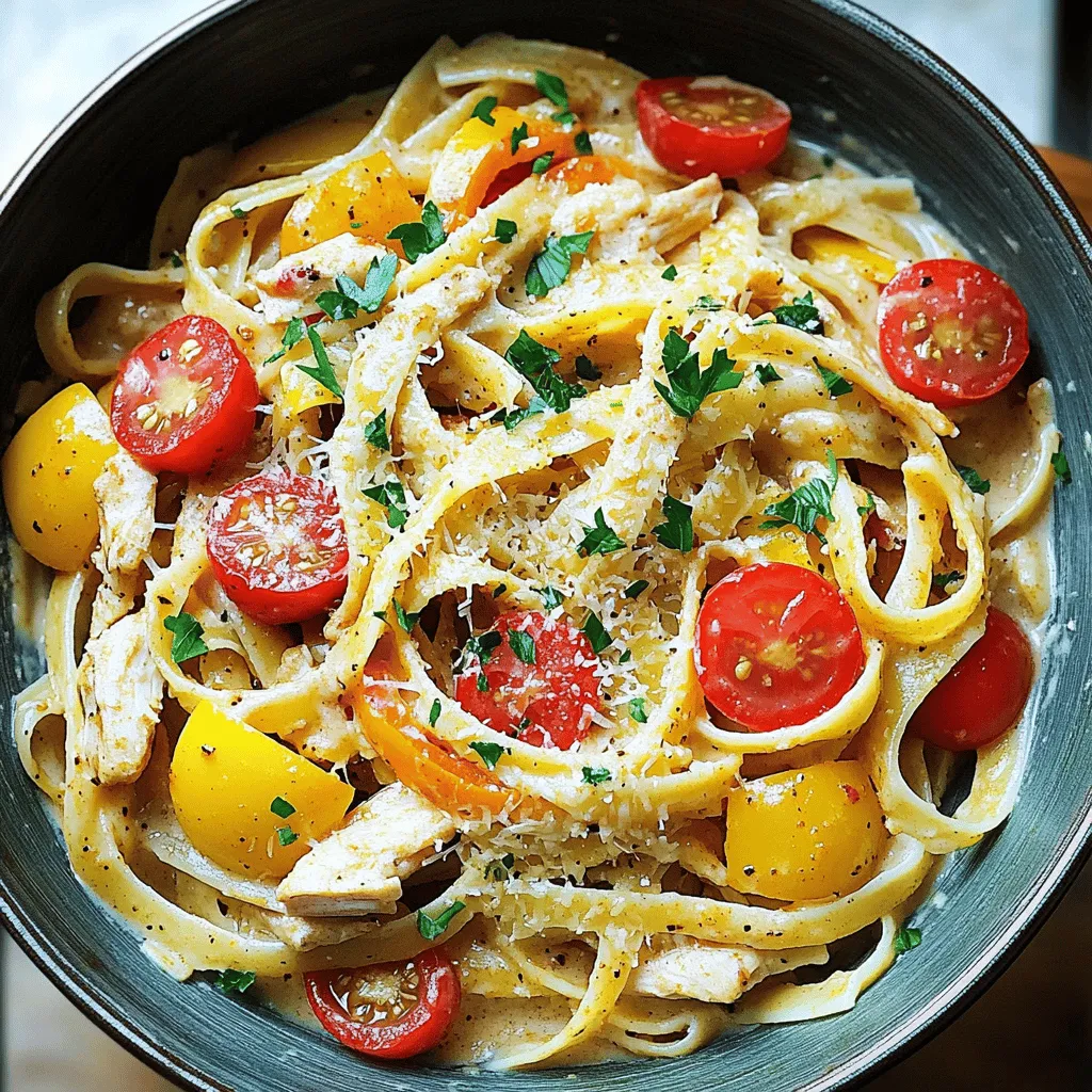 - 400g fettuccine pasta - 2 large chicken breasts, diced - 2 tablespoons Cajun seasoning - 1 red bell pepper, sliced - 1 yellow bell pepper, sliced - 1 small onion, diced - 3 cloves garlic, minced - 300ml chicken broth - 200ml heavy cream - 1 cup cherry tomatoes, halved - Salt and pepper to taste - Fresh parsley, chopped (for garnish) - Grated Parmesan cheese (optional) Gathering the right ingredients is key for this dish. Start with fettuccine pasta, which gives a nice base. Next, use chicken breasts for a juicy protein. Cajun seasoning adds the punchy flavor that makes this dish special. For veggies, red and yellow bell peppers bring color and sweetness. Onion and garlic deepen the flavor. They also make the kitchen smell amazing as they cook. Finally, you’ll need chicken broth for richness, heavy cream for creaminess, and cherry tomatoes for a burst of flavor. Don’t forget salt and pepper to taste. Fresh parsley and Parmesan cheese add the finishing touch. Check out the Full Recipe for all the details you need! First, bring a large pot of salted water to a boil. Use about 1 tablespoon of salt for every 4 quarts of water. Once boiling, add the fettuccine pasta. Cook it according to the package instructions until it reaches an al dente texture. This usually takes around 8-10 minutes. Remember to reserve 1 cup of pasta water before draining. Set the pasta aside for later. Next, take your diced chicken breasts and place them in a large bowl. Add 2 tablespoons of Cajun seasoning. Toss the chicken until it is well coated in the seasoning. This step adds a lot of flavor! Now, heat a tablespoon of olive oil in a large skillet over medium-high heat. Add the seasoned chicken to the skillet. Sauté the chicken for about 5-7 minutes until it is golden brown and cooked through. Remove the chicken and set it aside. In the same skillet, add a diced onion, sliced red and yellow bell peppers, and 3 cloves of minced garlic. Cook these for 3-4 minutes until the vegetables soften. Pour in 300ml of chicken broth, scraping any browned bits from the pan. Let it simmer for 2-3 minutes. Then, stir in 200ml of heavy cream and a cup of halved cherry tomatoes. Allow this to simmer for another 2-3 minutes. Return the cooked chicken to the skillet. Stir everything together until well mixed. If the sauce seems thick, add some reserved pasta water. Adjust the amount until you like the consistency. Finally, mix in the cooked fettuccine, tossing gently to coat the pasta with the creamy sauce. Season with salt and pepper to taste. This recipe makes a delicious meal that you can enjoy in about 30 minutes. For the full recipe, check out the detailed instructions above. To keep your pasta firm, cook it al dente. This means it should be soft but still have a little bite. Follow the package instructions but check a minute early. Taste the pasta before draining. For chicken, seasoning is key. Coat the diced chicken evenly with Cajun seasoning. This adds flavor right from the start. Don't skip this step; it makes a big difference. Cook the chicken until it's golden brown for the best taste. Serve the pasta in large bowls. This makes it look inviting and fancy. Sprinkle fresh parsley on top for a pop of color. A wedge of lemon on the side adds a nice touch. Consider using a large spoon to mix the pasta with the sauce before serving. This helps the sauce cling to the noodles. Want more flavor? You can always add extra spices. A pinch of cayenne pepper can add heat. For a fresh twist, try squeezing lemon juice over the dish before serving. This brightens the flavors and adds a nice zing. If you love more bite, consider adding diced jalapeños or crushed red pepper flakes. These optional flavor boosters can make your dish even more exciting. Enjoy experimenting! {{image_2}} You can switch up the protein in Cajun Chicken Pasta. Shrimp makes a great substitute. Just sauté shrimp until pink and tender. You can also use andouille sausage for a smoky flavor. If you want a meat-free dish, try chickpeas or tofu. Both add protein and soak up flavors well. While fettuccine is a classic choice, you can use other pasta types. Penne or linguine work nicely too. For gluten-free options, choose rice or corn pasta. These alternatives cook similarly and taste great with the sauce. You can adjust the sauce to fit your needs. For a dairy-free version, use coconut milk instead of heavy cream. It adds a nice creaminess without dairy. You can also boost flavor by adding more vegetables. Spinach or zucchini can be great additions. For extra spice, toss in some cayenne pepper or red pepper flakes. To explore the full recipe, visit [Full Recipe]. To store leftovers, place them in an airtight container. Make sure to let the pasta cool first. You can keep it in the fridge for about 3 to 4 days. For reheating, the best method is to use the stove. Add a splash of chicken broth to keep it moist. Stir gently over medium heat until warmed through. Avoid using the microwave, as it can make the pasta rubbery. Yes, you can freeze Cajun Chicken Pasta. To freeze, let it cool completely. Then, transfer it to freezer bags or containers. It can last for up to 3 months in the freezer. When you want to eat it, thaw it overnight in the fridge. Reheat it slowly on the stove, adding a little broth to help it stay creamy. For the full recipe, please refer to the previous sections. Cajun Chicken Pasta is a creamy, spicy dish. It combines tender chicken, fettuccine, and colorful veggies. Cajun seasoning gives it a bold flavor. This dish is perfect for a quick dinner. You can make it in just 30 minutes! To add more heat, try these tips: - Use extra Cajun seasoning. - Add diced jalapeños or crushed red pepper flakes. - Stir in some hot sauce while cooking. These changes will make your dish pack a kick! Yes, you can prepare Cajun Chicken Pasta ahead of time. Cook the pasta and chicken, then store them separately. Keep the sauce in the fridge as well. This way, you maintain freshness. When ready to eat, just reheat everything together. For side dishes, consider: - A simple green salad with vinaigrette. - Garlic bread for dipping. - Roasted vegetables for added nutrition. As for drinks, a cold iced tea or a light white wine works well. These choices complement the flavors nicely! Cajun chicken pasta is a tasty dish that brings fun flavors to your table. We covered the key ingredients, cooking steps, and helpful tips to make the perfect meal. You can swap proteins and pasta types for your liking. Don't forget to store and reheat leftovers correctly. With these ideas, you can enjoy this dish anytime. Try it out, get creative, and make it your own! Enjoy your cooking journey!
