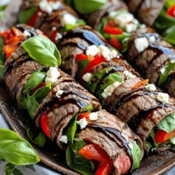 - 1 lb flank steak, thinly sliced against the grain - 2 cups fresh spinach - 1 cup roasted red peppers, sliced - 1/2 cup crumbled feta cheese For this dish, the flank steak is key. It offers great flavor and tenderness when cooked right. Slice it thinly against the grain. This helps the meat stay tender. Fresh spinach adds a nice crunch. Roasted red peppers bring sweetness. And crumbled feta cheese adds a salty kick. These ingredients work well together. - 1/4 cup balsamic vinegar - 2 tablespoons honey - 2 tablespoons olive oil - 2 cloves garlic, minced - Salt and pepper to taste The marinade makes this dish shine. Balsamic vinegar gives a tangy taste. Honey balances this with sweetness. Olive oil keeps the steak juicy. Minced garlic adds depth. Salt and pepper enhance all these flavors. Combine these well before adding the steak. Let it soak in for a great taste. - Fresh basil leaves for garnish Garnishing with fresh basil is smart. It adds color and a fresh taste. You can sprinkle the leaves on top before serving. This simple step makes your dish look beautiful. Plus, it gives a delightful aroma. Enjoy the visual appeal along with the great taste! Check out the Full Recipe for more details. To start, find a shallow dish. Combine balsamic vinegar, honey, minced garlic, olive oil, salt, and pepper in it. Mix well. Next, take the flank steak and lay it in the marinade. Make sure each piece is well coated. Cover the dish and refrigerate for 30 minutes. This step adds great flavor! While the steak marinates, get your filling ready. Lay out fresh spinach, sliced roasted red peppers, and crumbled feta cheese on a clean surface. These ingredients will create a tasty mix inside the steak rolls. Once the steak has marinated, it’s time to roll. Take a slice of steak and lay it flat. On one end, add a small handful of spinach, a few slices of roasted red peppers, and a sprinkle of feta cheese. Starting from the filled end, roll the steak tightly. Use toothpicks to secure each roll. This keeps everything inside while cooking. Now, heat your grill or grill pan over medium-high heat. Once hot, add the steak rolls. Cook for about 3-4 minutes on each side. This gives the rolls a nice sear and cooks them perfectly. If you want to know the exact doneness, use a meat thermometer. For the best flavor, follow the [Full Recipe]. For the best taste, marinate your steak longer. I suggest at least one hour. This gives the flavors time to soak in. You can even marinate overnight for a richer taste. Just remember to keep it in the fridge! Tight rolls are key to keeping your filling inside. After laying out your ingredients, start rolling from the filled end. Use your hands to press gently as you roll. This helps hold everything together. Don’t forget to secure each roll with a toothpick. It keeps the steak and filling snug. To ensure perfect doneness, use a meat thermometer. Aim for 130°F for medium-rare and 145°F for medium. This way, your steak stays juicy and tender. Always let your rolls rest for a few minutes after cooking. This helps the juices settle, making each bite flavorful. For more detailed instructions, check out the Full Recipe. {{image_2}} When you make balsamic glazed steak rolls, you can switch things up easily. Let’s explore some fun variations. You can swap feta for other cheeses. Try goat cheese for a tangy flavor. Mozzarella melts nicely and adds a creamy touch, too. This can change the taste of the rolls completely. Want more crunch? Add zucchini, mushrooms, or asparagus. These veggies bring extra flavor and color to your dish. They also make your rolls look stunning on the plate. Herbs can change the game. Try rosemary for a piney note or thyme for a warm taste. Just sprinkle some on the filling. This little change can make your steak rolls even more special. These variations can help you create a dish that suits your taste. Feel free to mix and match! Check out the Full Recipe for more ideas. To keep your Balsamic Glazed Steak Rolls fresh, refrigerate them in an airtight container. This helps prevent them from drying out and preserves their flavor. You can store them for up to three days. When you want to enjoy your leftovers, you have two good options. You can microwave the rolls for a quick reheat. Just place them on a microwave-safe plate and heat for about 30 seconds. If you prefer a grilled taste, warm them on a grill or grill pan. This method adds a nice char and keeps the rolls juicy. If you plan to freeze your steak rolls, wrap each roll in plastic wrap. Then place them in a freezer bag. This keeps them from freezer burn. When you're ready to eat them, thaw the rolls in the fridge overnight. After thawing, reheat them using one of the methods above. Enjoy your delicious meal anytime! Yes, you can use other cuts if flank steak is not available. Try sirloin or ribeye for a tender bite. You can also use skirt steak, which has great flavor. Just remember to slice any cut against the grain for better texture. For the best flavor, marinate the steak for at least 30 minutes. However, you can marinate it for up to 2 hours. This helps the steak absorb the balsamic flavors. Avoid marinating for too long as it can make the meat mushy. These steak rolls pair well with many side dishes. Try a fresh garden salad or roasted vegetables for balance. You could also serve them with mashed potatoes or rice for a hearty meal. A nice glass of red wine complements the dish perfectly. Check the Full Recipe for more ideas on what to serve. Balsamic glazed steak rolls combine fresh ingredients and bold flavors. You learned how to marinate flank steak and fill it with spinach, roasted peppers, and feta. I shared tips to enhance flavor and ensure perfect cooking. Try different veggies or cheeses to make it your own. Storing leftovers is easy, and reheating keeps them tasty. Enjoy making these delicious rolls for your next meal!