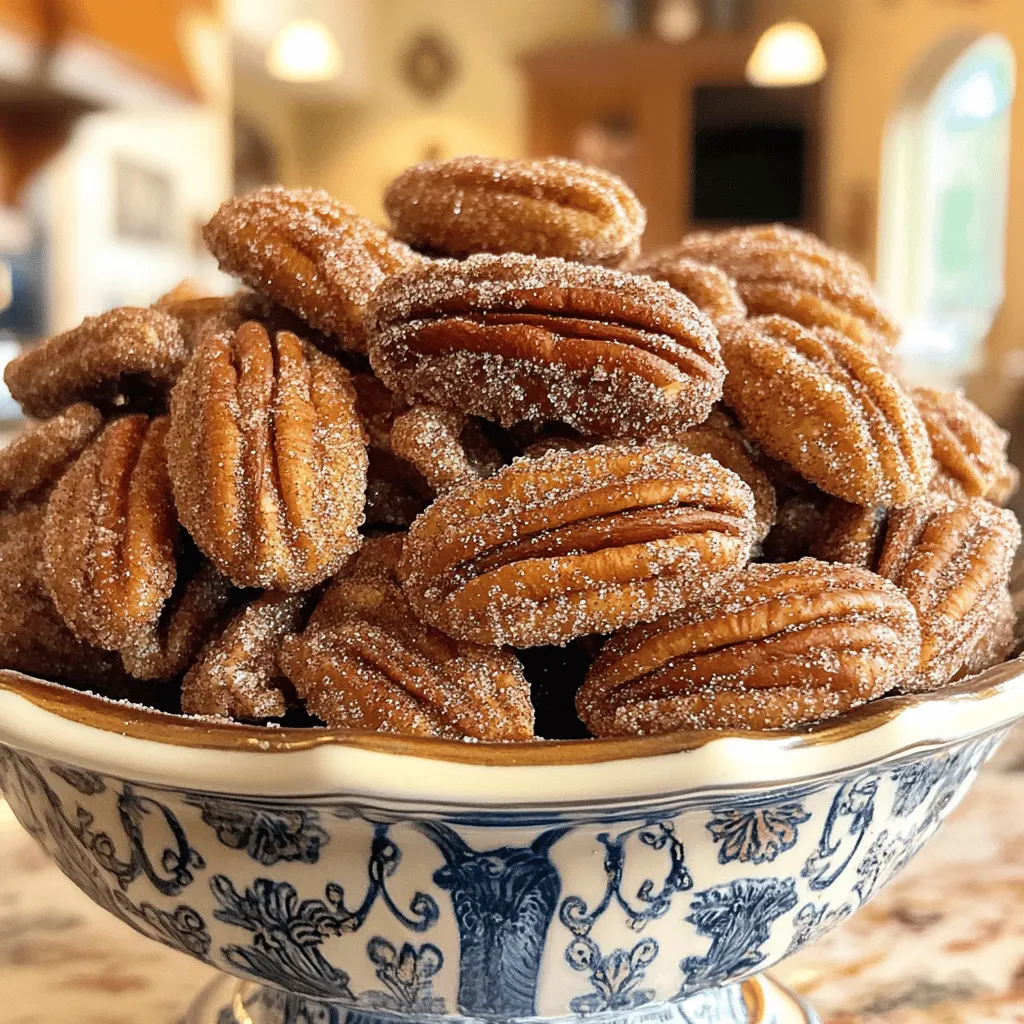 - 2 cups pecan halves - 1 cup granulated sugar - 2 tablespoons ground cinnamon - 1/4 teaspoon salt - 1/4 cup unsalted butter - 1 teaspoon vanilla extract - Cooking spray If you don’t have pecans, you can use walnuts or almonds. They also taste great! For sugar, brown sugar works well. Coconut sugar is another option if you want a healthier choice. If you’re looking for vegan options, use plant-based butter or coconut oil. Both will give you a nice flavor without the dairy. 1. Preheat your oven to 350°F (175°C). This step is key for even cooking. 2. Line a large baking sheet with parchment paper. This helps keep the pecans from sticking. 3. Lightly spray the parchment with cooking spray. This adds an extra layer of non-stick protection. 4. In a medium bowl, combine the granulated sugar, ground cinnamon, and salt. Mix well until everything is blended. 1. In a small saucepan over low heat, melt the unsalted butter. Stir gently until it is completely liquid. 2. Remove the melted butter from heat. Stir in the vanilla extract for extra flavor. 3. In a large mixing bowl, add the pecan halves. 4. Pour the melted butter mixture over the pecans. Toss them well until they are evenly coated. 5. Gradually sprinkle the cinnamon-sugar mixture over the pecans. Toss continuously to ensure they are well coated with the sugary blend. 1. Spread the coated pecans in a single layer on the prepared baking sheet. 2. Bake in the preheated oven for 15-20 minutes. Stir the pecans every 5 minutes. This helps them cook evenly. 3. Watch carefully to prevent burning. The pecans should turn golden brown and smell amazing. 4. Once done, remove the baking sheet from the oven. Let the pecans cool completely. They will become crunchier as they cool down. These steps from the Full Recipe will help you create a delightful snack that you won't want to stop eating! To make perfect cinnamon sugar pecans, focus on even coating. After tossing the pecans with melted butter, sprinkle the cinnamon-sugar mix slowly. Toss the pecans well as you add the mix. This helps each pecan get a nice layer of sweetness. For baking, keep an eye on the time. Bake them for 15 to 20 minutes at 350°F. Stir the pecans every 5 minutes. This step keeps them from burning. You want them to be golden brown and fragrant. Presentation can enhance your snack. Use a decorative bowl to serve pecans. They look great as a snack or a topping for desserts. You can also use them in salads for extra crunch. Cinnamon sugar pecans pair well with various drinks. They go nicely with tea or coffee. You can even serve them with cocktails for a delightful twist. One common mistake is not stirring the pecans while they bake. Stirring lets them cook evenly and prevents burning. Another mistake is using too much sugar or cinnamon. This can overpower the pecan flavor. Stick to the recipe for a balanced taste. For the full recipe, follow the steps provided above. Enjoy your cooking! {{image_2}} You can easily switch up the flavors of your cinnamon sugar pecans. Want some heat? Add a pinch of chili powder to your sugar mix. This spice adds a fun kick that surprises your taste buds. You can also use other nuts, like walnuts or almonds. Each nut brings its own unique flavor and texture. Try mixing different nuts for a fun twist! If you prefer a low-carb snack, there are great options. You can use sugar substitutes like erythritol or monk fruit sweetener. These work well, and they keep the flavor you love. If you like natural sweeteners, try honey or maple syrup. These add a rich sweetness that pairs nicely with cinnamon. Just remember to adjust the amounts to get the right coating. Seasonal flavors can make your pecans even more special. In the winter, try adding holiday spices like nutmeg or cloves. These spices add warmth and cheer to your snack. You can also think about how to package them for gifts. Use festive bags or jars. Add a cute label to make them feel extra special. Your friends and family will love these thoughtful treats! To keep your cinnamon sugar pecans fresh, use an airtight container. Glass jars work great for this. You can also use plastic containers. Store them in a cool, dry place. Avoid heat and moisture, as they can make the pecans soggy. Cinnamon sugar pecans can last up to two weeks at room temperature. If you want them to last longer, consider freezing them. Place the pecans in a freezer-safe bag. They can stay fresh in the freezer for up to three months. If your pecans go stale, don’t worry! You can revive them. Simply spread the pecans on a baking sheet. Bake them at 350°F (175°C) for about 5-10 minutes. Keep an eye on them to avoid burning. You can also use stale pecans in other recipes, like salads or baked goods. They will still add flavor and texture! For the full recipe, check out the main section above. Making cinnamon sugar pecans is easy and fun. Here’s how you do it: 1. Preheat your oven to 350°F (175°C). Line a large baking sheet with parchment paper and spray it lightly with cooking spray. 2. Mix the sugar: In a medium bowl, mix together 1 cup of granulated sugar, 2 tablespoons of ground cinnamon, and 1/4 teaspoon of salt. Stir until it's well combined. 3. Melt the butter: In a small saucepan over low heat, melt 1/4 cup of unsalted butter. Once melted, remove it from the heat and add 1 teaspoon of vanilla extract. 4. Coat the pecans: In a large bowl, add 2 cups of pecan halves. Pour the melted butter over them and toss until they are well coated. 5. Add the cinnamon-sugar mix: Gradually sprinkle the sugar mixture over the pecans. Keep tossing them until they are evenly coated. 6. Spread the pecans: Place the coated pecans on the baking sheet in a single layer. 7. Bake: Bake for 15-20 minutes, stirring every 5 minutes. Look for a golden brown color and a nice smell. Be careful not to burn them! 8. Cool: Once they are done, take them out of the oven and let them cool completely. They will get crunchier as they cool down. 9. Store: Keep the cooled pecans in an airtight container at room temperature for up to two weeks. Yes, you can buy pre-made cinnamon sugar pecans. Many brands offer this snack. You can find them at grocery stores or online. Some popular brands include: - Southern Style Nuts - Trader Joe's - Blue Diamond Almonds (they also have pecans) Look for them in the snack aisle or the nut section of your local store. Cinnamon sugar pecans have some health benefits, but they also have sugar. Here’s a quick look: - Nutritional facts: One serving (about 1 ounce) has around 200 calories, 18 grams of fat, and 10 grams of sugar. - Health benefits: Pecans are a good source of healthy fats, protein, and fiber. They also contain vitamins and minerals like magnesium and zinc. - Moderation is key: Enjoy them as a snack, but remember they are sweet. Balance them with other healthy foods in your diet. In this blog post, I shared a simple recipe for cinnamon sugar pecans. We covered the ingredients needed and alternatives for pecans and sugars. The step-by-step guide ensured you bake perfectly every time. I discussed tips to make your pecans shine and avoid common mistakes. Remember, these snacks are perfect for gifts or enjoying any time. You can even explore fun flavor variations to suit your taste. Now, it’s time to gather your ingredients and make a batch! Enjoy your delicious cinnamon sugar pecans.