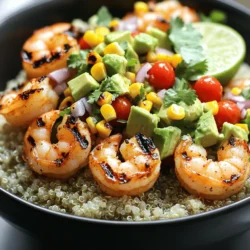 - 1 lb large shrimp - 2 tablespoons olive oil - 1 cup cooked quinoa - 1 ripe avocado - 1 cup corn - Garlic powder, paprika, cumin - Salt and pepper - Red onion, cherry tomatoes, lime, cilantro The main ingredients for this grilled shrimp bowl are simple yet fresh. You need large shrimp, which are the stars of the dish. Olive oil adds a nice richness. Quinoa serves as a hearty base. Avocado provides creaminess, while corn adds sweetness. The seasonings elevate the flavor. Garlic powder, paprika, and cumin create a warm, smoky taste. You can adjust salt and pepper as you like. Red onion and cherry tomatoes add crunch and color. Fresh lime juice brightens the dish, and cilantro gives it a fresh finish. For the full recipe, check out the details. You’ll love how easy and tasty this shrimp bowl is! To start, you need to make a marinade for the shrimp. In a bowl, mix together: - 1 lb large shrimp, peeled and deveined - 2 tablespoons olive oil - 1 teaspoon garlic powder - 1 teaspoon paprika - ½ teaspoon cumin - Salt and pepper to taste Toss the shrimp in the marinade until they are well coated. Let them sit for at least 15 minutes. This gives the shrimp time to soak in all those tasty flavors. While the shrimp marinates, you can make the avocado corn salsa. In a separate bowl, combine: - 1 cup corn (fresh or frozen) - 1 ripe avocado, diced - 1 small red onion, finely chopped - 1 cup cherry tomatoes, halved - 1 lime, juiced Gently toss all the ingredients together. Be careful not to mash the avocado. If you're new to handling avocados, cut it in half, remove the pit, and scoop the flesh out. It helps to use a sharp knife to cut it into small pieces before you scoop. Now, let’s get to grilling. Preheat your grill or grill pan over medium-high heat. Skewer the marinated shrimp for easy grilling. Cook them for 2-3 minutes on each side. Look for the shrimp to turn pink and opaque. This shows they are done. Remove them from the grill and set aside. Now it’s time to build your delicious bowl. Start with a base of cooked quinoa in each serving bowl. Add the grilled shrimp on top of the quinoa. Spoon a generous portion of your avocado corn salsa over the shrimp. Sprinkle with fresh cilantro for extra flavor. Serve it while the shrimp is still warm. Enjoy the burst of flavors and the colorful look of your grilled shrimp bowl! For the full recipe, check the section above. To boost the taste, try adding more spices. A pinch of cayenne pepper gives heat. If you want a sweet twist, add honey to your marinade. You can also switch up the marinade. A mix of lime juice, soy sauce, and ginger can create a fresh flavor. Using skewers is a smart way to grill shrimp. Soak wooden skewers in water for 30 minutes before grilling. This prevents them from burning. When grilling, space the shrimp evenly. This helps them cook well. Avoid overcooking by watching the color. Once they turn pink and opaque, they’re done. Serve your shrimp bowl in deep, colorful dishes. This highlights the bright colors of the salsa. Add lime wedges on the side. They add a zesty touch and look great. For a final touch, sprinkle fresh cilantro on top. It adds flavor and makes the dish pop. {{image_2}} You can swap shrimp for chicken or tofu. Chicken thighs work well in this dish. Just cut them into bite-sized pieces and marinate as you would the shrimp. If you want a vegan option, try firm tofu. Press the tofu to remove extra water, then cut it into cubes. Marinate and grill until golden. Both options add great flavor and texture to your bowl. Corn salsa is so versatile! You can add different ingredients to change the flavor. Try diced bell peppers for crunch or black beans for protein. You can also add jalapeños for heat or a bit of honey for sweetness. Just remember to balance the flavors. A little spice can really wake up the dish, while sweetness can cool it down. Pair your grilled shrimp bowl with sides for a complete meal. You might serve it with a fresh green salad or some fluffy rice. A light, citrusy drink complements the flavors well. Think lemonade or iced tea with mint. These pairs enhance your meal and make it even more enjoyable. Don't forget to check the Full Recipe for more ideas! To keep your grilled shrimp bowl fresh, follow these steps: - Let the bowl cool to room temperature. - Place leftovers in an airtight container. - Store in the fridge for up to three days. Use glass or plastic containers with tight lids. They keep the shrimp and salsa safe and tasty. Avoid metal containers, as they can react with the ingredients. When you're ready to eat leftovers, reheat them with care. Here are some tips: - Use a microwave or stovetop for reheating. - Heat shrimp for 30 seconds at a time in the microwave. - For stovetop, place shrimp in a pan over low heat. Always check if the shrimp is warm but not dry. Overcooked shrimp can become tough. If you have leftover salsa, add it fresh after reheating the shrimp. This keeps it bright and flavorful. Enjoy your delicious meal again! Yes, you can marinate shrimp overnight. This helps the shrimp soak up more flavor. The longer they sit, the better they taste. However, be careful. Marinating too long can change the texture. Shrimp can become mushy if left too long in acidic marinades. Look for two key signs. First, the shrimp will turn pink. Second, they will be opaque, not translucent. If you press the shrimp, they should feel firm, not soft. Cooked shrimp curls into a "C" shape. If they curl into an "O," they may be overcooked. You can add heat in several ways. Try adding chopped jalapeños or red pepper flakes to the shrimp marinade. For the salsa, mix in diced serrano peppers. You can also use spicy sauces, like sriracha or hot sauce, for extra kick. Start with a small amount and taste as you go. Fresh corn is great, but it's not a must. Frozen corn works well too. It’s often picked at peak ripeness, so it can taste sweet. Just thaw it before adding to the salsa. Both fresh and frozen corn add a nice crunch and sweetness to the dish. You now have a tasty guide to create a grilled shrimp bowl. Use fresh shrimp, quinoa, and vibrant salsas for great flavor. Remember to adjust seasonings to match your taste. Enjoy experimenting with proteins and sides. Store your extras properly, so nothing goes to waste. This dish is easy to customize, making it great for all eaters. Now, gather your ingredients and start grilling! Your next meal will be fun and full of flavor.