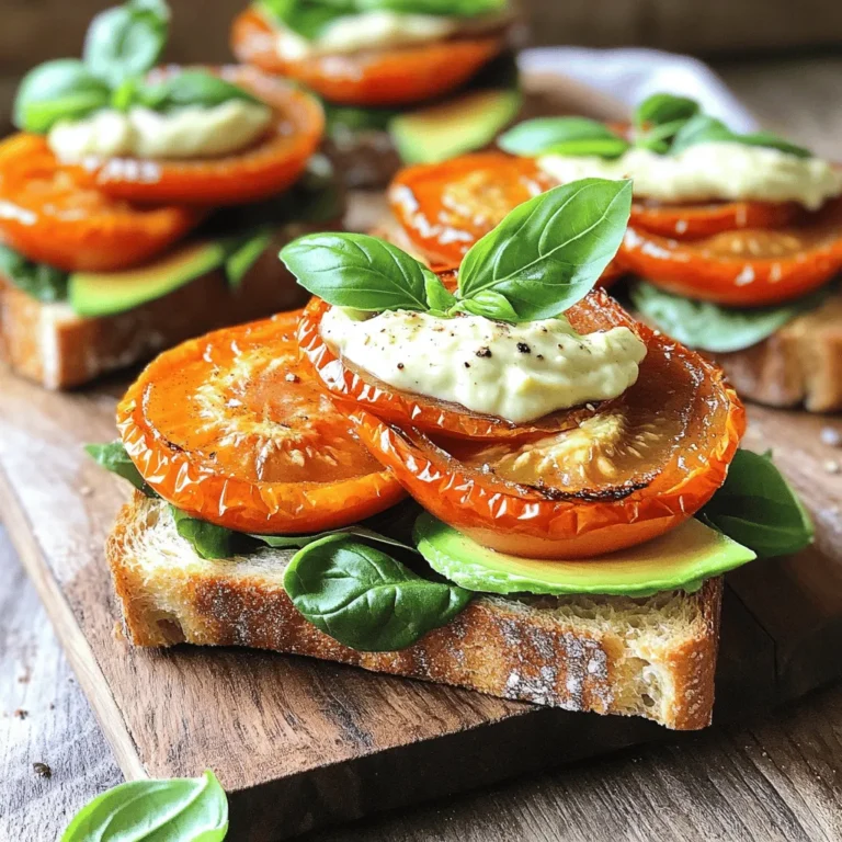 To make these tasty sandwiches, you'll need the following ingredients: - 4 large ripe tomatoes, halved - 2 tablespoons olive oil - 1 teaspoon balsamic vinegar - Salt and pepper to taste - 1 teaspoon dried oregano - 8 slices of whole grain bread - 1 cup fresh spinach leaves - 1 avocado, sliced - 1 garlic clove, minced - 1/2 cup vegan mayonnaise - 1 tablespoon lemon juice - Fresh basil leaves for garnish When measuring ingredients, accuracy matters. Here are some tips: - Use a dry measuring cup for solids, like flour or sugar. - Use a liquid measuring cup for liquids, like oil or water. - Level off dry ingredients with a straight edge for exact amounts. - Use a scale for precision, especially for heavier items like tomatoes. Fresh ingredients make a big difference in taste. Here’s why: - Fresh tomatoes are juicy and full of flavor. They add sweetness to your sandwich. - Fresh spinach adds a crisp texture and vibrant color. - Fresh garlic enhances the aioli's flavor, making it aromatic and tasty. - Using fresh basil as a garnish lifts the dish with its fragrant aroma. By using fresh ingredients, your Roasted Tomato Sandwiches with Vegan Aioli will taste amazing. Make sure to check for freshness when you shop! For the full details on making these sandwiches, check out the Full Recipe. Start by preheating your oven to 400°F (200°C). This step warms your oven and helps the tomatoes roast evenly. Next, grab four large ripe tomatoes and slice them in half. Place them cut-side up on a baking sheet. Drizzle two tablespoons of olive oil and one teaspoon of balsamic vinegar over the tomatoes. Sprinkle salt, pepper, and one teaspoon of dried oregano on top. These spices add depth and flavor. Roast the tomatoes for about 25 to 30 minutes. They should become soft and slightly caramelized. Once done, take them out and let them cool. While your tomatoes roast, it’s time to make the vegan aioli. In a bowl, mix together ½ cup of vegan mayonnaise, one minced garlic clove, and one tablespoon of lemon juice. Stir this mixture until it’s smooth. This aioli will add a creamy and zesty kick to your sandwich. You can adjust the garlic to suit your taste. If you love garlic, add more! Now comes the fun part: assembling your sandwich! First, toast eight slices of whole grain bread until they reach your desired crispness. Spread a generous amount of the vegan aioli on one side of each slice. On four of these slices, layer fresh spinach leaves, the roasted tomatoes, and sliced avocado. This layering builds flavor and texture. Top with the other slice of bread, aioli side down. Gently press the sandwich to hold it together. Finally, cut each sandwich in half and garnish with fresh basil leaves. This makes your Roasted Tomato Sandwich with Vegan Aioli look beautiful and inviting. Enjoy this wholesome meal! Check out the Full Recipe for more details. To make your roasted tomato sandwich even better, try adding a few extras. You can mix in fresh herbs like thyme or rosemary. These herbs add a nice aroma and flavor. You can also add a sprinkle of red pepper flakes for a little heat. If you want a crunchy bite, add some sliced cucumbers or pickles. They bring a fresh taste and a satisfying crunch to your sandwich. Many people forget to season their tomatoes well. Always add salt and pepper before roasting. This helps bring out their sweet flavor. Another mistake is not letting the tomatoes cool before assembly. Warm tomatoes can make the bread soggy. Let them cool completely for the best texture. Lastly, don’t skip toasting the bread! Toasting adds a nice crunch and holds everything together. Seasoning can elevate your sandwich. Besides salt and pepper, try adding garlic powder or smoked paprika. These spices bring depth and complexity. For toppings, consider using arugula instead of spinach. Arugula has a peppery taste that pairs well with tomatoes. You can also add a drizzle of balsamic glaze for a sweet finish. This will make each bite burst with flavor. For the full recipe, check out the Roasted Tomato Bliss Sandwiches section. {{image_2}} When you want to mix things up with your roasted tomato sandwiches, there are many fun ways to do it. If you or someone you know has allergies or dietary limits, you can still enjoy this sandwich. Instead of vegan mayonnaise, try using hummus or tahini for a nutty flavor. For a gluten-free option, use gluten-free bread. You can even swap out the spinach for arugula or kale, which gives a peppery taste. To add excitement to your sandwich, consider adding unique toppings. Try adding roasted red peppers or caramelized onions for a sweet touch. You can also use pesto instead of aioli for a fresh, herby kick. If you want some heat, sprinkle crushed red pepper flakes on top. Seasonal changes can bring new flavors to your sandwich. In summer, try adding fresh basil or mozzarella for a Caprese twist. In fall, you can include roasted butternut squash or pumpkin seeds for a warm, rich taste. This way, your sandwich stays fresh and fun all year long. For the full recipe, check out Roasted Tomato Bliss Sandwiches. To keep your roasted tomato sandwiches fresh, wrap them tightly in plastic wrap. You can also use an airtight container. This method helps prevent the bread from getting soggy. Store them in the fridge for up to three days. If you plan to eat them later, it's best to store the components separately. For longer-lasting ingredients, store roasted tomatoes in a separate container. Keep them in the fridge for up to five days. To maintain freshness, keep your spinach leaves in a damp paper towel inside a sealed bag. This will help them stay crisp. For the vegan aioli, store it in a jar with a tight lid. It can last for up to a week in the fridge. When reheating your sandwiches, use an oven or toaster oven. Preheat it to 350°F (175°C). Place the sandwich on a baking sheet and heat for about 10-15 minutes. This helps keep the bread crispy and warms the ingredients evenly. You can also reheat the tomatoes and then assemble the sandwiches fresh again. This way, you enjoy the best flavors and texture. For the complete recipe, check out the Full Recipe. You can make vegan aioli using simple ingredients. Start with soaked cashews or silken tofu. Blend them with garlic, lemon juice, and a touch of salt. This mix gives you a creamy and tasty aioli without any mayo. You can also add nutritional yeast for a cheesy flavor. This aioli pairs well with the roasted tomatoes in the sandwich. Yes, you can use various types of bread. Whole grain is great, but ciabatta or sourdough works too. If you need gluten-free options, look for gluten-free bread. Just pick a bread that you enjoy. The key is to have a sturdy bread that holds the roasted tomatoes and vegan aioli well. Ripe tomatoes are best for roasting. Look for Roma or vine-ripened tomatoes. They have good flavor and texture. You want tomatoes that feel heavy for their size. Avoid tomatoes that are too soft or have blemishes. Roasting brings out their natural sweetness, making your sandwich delicious. You can find the full recipe for this delightful Roasted Tomato Sandwich with Vegan Aioli in the earlier sections. Enjoy your cooking! This blog post covered how to make delicious Roasted Tomato Sandwiches with Vegan Aioli. We explored key ingredients, precise measurements, and the importance of fresh produce for flavor. I shared step-by-step instructions and tips to enhance your sandwich. You learned about variations to suit dietary needs and how to store leftovers properly. In conclusion, using good ingredients and following each step will help you create a tasty meal. Experiment with flavors to find your favorite twist on this classic dish. Enjoy your sandwich journey!