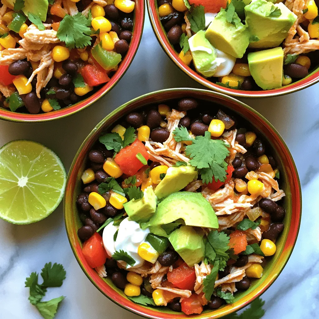 - 4 boneless, skinless chicken breasts - 1 can (15 oz) black beans, rinsed and drained - 1 can (15 oz) corn, drained - 1 can (10 oz) diced tomatoes with green chilies - 1 red bell pepper, diced - 1 yellow onion, chopped - 2 cloves garlic, minced - 1 tablespoon ground cumin - 1 tablespoon chili powder - 1 teaspoon smoked paprika - Salt and pepper to taste - Juice of 1 lime - Fresh cilantro, chopped (for garnish) - Optional toppings: sliced avocados, sour cream, and shredded cheese