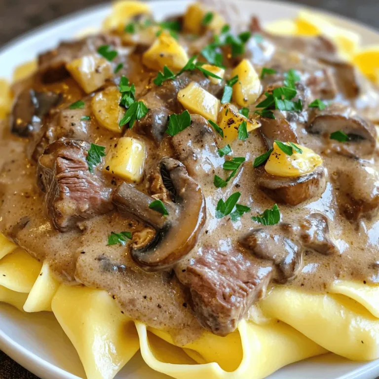 - 1 lb (450g) beef sirloin, thinly sliced - 8 oz (225g) mushrooms, sliced - 1 cup beef broth - 1 cup sour cream - 1 tablespoon Worcestershire sauce - 1 teaspoon paprika - Salt and pepper to taste - 2 tablespoons olive oil - 2 tablespoons all-purpose flour - 1 large onion, finely chopped - 3 cloves garlic, minced - 8 oz (225g) egg noodles (or pasta of your choice) - Fresh parsley, chopped (for garnish) When I make Beef Stroganoff, I focus on simple, quality ingredients. The beef sirloin is my go-to because it cooks quickly and stays tender. I slice it thinly to help it cook fast. Mushrooms add a nice earthy flavor, and I prefer using cremini or button mushrooms. The beef broth keeps the dish rich and adds depth. Sour cream gives it that creamy texture we love in comfort food. Worcestershire sauce and paprika provide a hint of spice. Finally, I add salt and pepper to enhance all the flavors. For cooking, I use olive oil to sear the beef and sauté the onions and garlic. The flour helps thicken the sauce nicely. I always cook egg noodles, but you can use any pasta you like. Fresh parsley adds a pop of color and freshness. This recipe is easy and quick, and it results in a comforting meal everyone loves. Check out the Full Recipe for all the steps! Start by boiling a large pot of salted water. Add the egg noodles and cook them until they are al dente. This usually takes about 7 to 9 minutes, but check the package instructions. Once cooked, drain the noodles and set them aside. In a large skillet, heat 2 tablespoons of olive oil over medium-high heat. Add the thinly sliced beef in batches to avoid overcrowding. Sear the beef until it turns a nice golden brown, which should take about 2 to 3 minutes on each side. After browning, remove the beef from the skillet and set it aside. Using the same skillet, add the remaining tablespoon of olive oil. Toss in the finely chopped onion and cook it until it becomes translucent, about 4 to 5 minutes. Then, add the minced garlic and sauté for another minute until it becomes fragrant. This step builds a great base for your sauce. Now, add the sliced mushrooms to the skillet. Sauté them until they release their moisture and turn golden brown, which will take about 5 to 7 minutes. This adds a rich flavor to the dish. Sprinkle 1 teaspoon of paprika over the mushrooms and onions. Pour in 1 cup of beef broth and 1 tablespoon of Worcestershire sauce. Bring this mixture to a gentle simmer. Let it bubble for a few minutes so the flavors can blend together. In a small bowl, mix 1 cup of sour cream with 2 tablespoons of flour until it is smooth. Gradually add this mixture to the skillet while stirring constantly. This helps to avoid lumps. Allow the sauce to thicken for about 3 to 4 minutes over low heat. Return the seared beef to the skillet, along with any juices that have collected. Gently mix everything until the beef is well coated in the creamy sauce. Season with salt and pepper to taste. To serve, plate the cooked egg noodles first. Then, spoon the beef stroganoff mixture on top of the noodles. Finish with a sprinkle of freshly chopped parsley for a pop of color. Enjoy your meal! For the full recipe, check out the details above. - Use tender beef cuts for best flavor and texture. - Avoid overcooking beef to maintain tenderness. Choosing the right cut of beef is key. I recommend using sirloin. It's tender and flavorful. Slice it thinly to help it cook quickly and evenly. Overcooked beef can turn tough. Keep an eye on it while cooking. - Stir constantly when adding sour cream mixture to avoid lumps. - Adjust seasoning as desired for personal preference. When you add the sour cream to your dish, mix it in slowly. This keeps the sauce smooth and creamy. Taste your dish as you go. Add more salt or pepper if you want a stronger flavor. Everyone has different tastes, so make it yours! - Use fresh herbs for garnish to enhance visual appeal. To make your Beef Stroganoff look extra special, add a sprinkle of fresh parsley on top. It adds color and freshness. A simple garnish makes a big difference in how your dish looks. Enjoy your cooking! {{image_2}} You can make Beef Stroganoff lighter. Substitute Greek yogurt for sour cream. This swap cuts fat but keeps creaminess. Another option is using cauliflower noodles. They are low in carbs and add a fun twist. You don't have to stick with beef. Try chicken for a lighter dish. For a vegetarian option, use mushrooms. Both choices bring unique flavors. You can also experiment with different beef cuts. Flank steak or tenderloin can change the taste and texture. Want to take your Beef Stroganoff to the next level? A splash of white wine adds depth. It brightens the flavors and makes the dish sing. You can also include more veggies. Bell peppers or peas can add color and nutrients. They make your meal even more satisfying. For the complete recipe, check out the Full Recipe. Store leftovers in an airtight container for up to 3 days. This keeps the beef and sauce fresh. When you’re ready to eat, just open the container and enjoy! You can freeze Beef Stroganoff in a sealed container for up to 2 months. Make sure it is cooled before freezing. When you want to eat it, take it out and let it thaw overnight in the fridge. Reheat gently on the stove. Add a splash of beef broth to keep it creamy. Heat it slowly to avoid burning. It will taste just as good as when you first made it! For the Full Recipe, check out the instructions above. To thicken the sauce, use flour or cornstarch. Mix a small amount with water to create a slurry. Stir this mixture into the sauce while it simmers. This will give you a nice, thick sauce that coats the beef and noodles perfectly. Yes, you can make Beef Stroganoff a day in advance. Just store it in the fridge. When you are ready to serve, heat it gently on the stove. This method allows the flavors to blend well, making it taste even better. You can pair Beef Stroganoff with rice, mashed potatoes, or a fresh salad. These sides balance the rich flavors of the dish. They also add texture and color to your plate. Tender cuts like sirloin or filet mignon work best for this dish. These cuts are soft and cook quickly. They absorb the sauce's flavors well, ensuring a delicious bite every time. Yes, it freezes well. Store it in a sealed container for up to two months. However, some cream sauces may separate when reheated. To fix this, stir well and add a little broth while reheating. To sum up, we explored a simple and tasty beef stroganoff recipe. You learned about the key ingredients, step-by-step instructions, and helpful tips to make your dish shine. Remember, using tender beef and adjusting spices makes all the difference. Don’t hesitate to try variations or healthier swaps. Store leftovers correctly to enjoy this dish later. With these insights, you can create a comforting meal any day. Happy cooking!