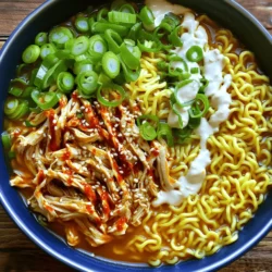 For my Fiery Chicken Ramen with Creamy Garlic Sauce, I focus on fresh and bold flavors. Here’s what you need: - 2 boneless, skinless chicken thighs - 2 cups chicken broth - 2 packs of ramen noodles - 1 tablespoon chili paste (adjust for spice level) - 2 green onions, sliced - 1 teaspoon garlic powder - 1 tablespoon ginger, grated - 1 tablespoon soy sauce - 1 tablespoon sesame oil - 1 tablespoon vegetable oil - ½ cup heavy cream - Salt and pepper to taste - Sesame seeds for garnish These ingredients create a tasty base for the dish. The chicken thighs are juicy and absorb all the flavors well. The ramen noodles add that perfect chewy texture, while the chili paste gives it that fiery kick. Feel free to make this dish your own! Here are some optional ingredients you can add: - Soft-boiled eggs for extra protein - Spinach or bok choy for added greens - Mushrooms for an earthy flavor - Extra chili flakes for heat These ingredients can change the taste and make it unique. You can play around with what you like best. Using great ingredients makes a big difference. Here are my favorite brands: - Chicken Broth: Swanson or Pacific Foods for rich flavor. - Ramen Noodles: Nissin or Maruchan for quick cooking. - Chili Paste: Sambal Oelek or Sriracha for the right spice level. - Heavy Cream: Organic Valley for smooth texture. Choosing these brands ensures quality. Always check labels for freshness and flavor. Enjoy making this dish! If you want the full recipe, head to the top. To start, gather your chicken thighs. Mix soy sauce, chili paste, garlic powder, and grated ginger in a bowl. Place the chicken in the bowl, covering it well. Let it marinate for at least 30 minutes. This step lets the flavors soak in, making the chicken tasty. Heat vegetable oil in a large pot over medium-high heat. When the oil is hot, add the marinated chicken. Sear each side until golden brown, about 5 minutes per side. Once cooked, remove the chicken and set it aside. This step gives the chicken a nice crust. In the same pot, pour in the chicken broth. Bring it to a simmer. While the broth heats, shred the cooked chicken using two forks. This adds texture to your dish. Once the broth is simmering, add ramen noodles. Cook according to the package's instructions, usually 3-4 minutes. In a small pan, heat sesame oil over low heat. Add heavy cream and stir in the remaining chili paste. Simmer this mixture for about 2 minutes. This step creates a rich, creamy sauce that complements the ramen well. Add the shredded chicken back into the pot with noodles and broth. Warm it through for one more minute. Season with salt and pepper to taste. Serve the ramen in bowls. Top with sliced green onions, a drizzle of creamy garlic sauce, and a sprinkle of sesame seeds. Enjoy your Fiery Chicken Ramen with Creamy Garlic Sauce, a true delight! For the full recipe, refer back to the ingredients and instructions provided. To get perfectly cooked ramen, start with good noodles. Fresh ramen noodles cook faster and taste better. Boil water in a pot, then add the noodles. Cook them for 3-4 minutes, but check the package for specific times. You want them firm but not hard. Once done, drain them and rinse with cold water. This stops the cooking process and keeps them from getting sticky. If you like heat, add more chili paste. Start with one tablespoon, then taste. If it's not spicy enough, mix in more. You can also add fresh chili or hot sauce for extra kick. For less spice, use less chili paste or skip it entirely. Remember, you can always add more later, but you can’t take it away. Fresh herbs make a big difference. Try adding sliced green onions on top for crunch. You can also add cilantro or basil for unique flavors. Other great toppings are soft-boiled eggs or seaweed. Sesame seeds add a nice touch, too. Each topping adds texture and taste, making your ramen even better. For the full recipe, check the detailed steps above! {{image_2}} You can easily make this dish vegetarian or vegan. Use tofu instead of chicken. Firm tofu holds up well in the broth. Just press it to remove excess water. Marinate it with soy sauce and chili paste for flavor. Cook it the same way you would the chicken. For the broth, swap chicken broth with vegetable broth. This keeps the taste rich and savory. If you want to mix it up, try different proteins. Shrimp cooks quickly and adds a nice touch. Simply sauté it for a few minutes until it turns pink. You can also use thinly sliced beef or pork. Just adjust the cooking time so it’s tender. For a lighter option, shredded rotisserie chicken works great too. It saves time and still packs flavor. You can add extra flavor to your ramen. Try mushrooms, bok choy, or spinach for greens. These add texture and nutrients. You could also toss in some corn or bean sprouts for crunch. For a spicy kick, add sliced jalapeños or a drizzle of hot sauce. Top it off with a soft-boiled egg for richness. These add-ins make your ramen exciting and personal. To keep your Fiery Chicken Ramen fresh, store leftovers in an airtight container. Make sure the ramen and broth are in separate containers. This way, the noodles won’t get soggy. Refrigerate them right after the meal. Use the leftovers within three days for the best taste. When you’re ready to eat the ramen again, heat the broth in a pot over medium heat. Add the noodles and chicken to warm them up. Stir gently to mix everything well. If the broth is too thick, add a splash of water or broth. This will bring back the creamy texture. If you want to freeze the ramen, it’s best to freeze the broth and chicken separately from the noodles. This helps keep the noodles from getting mushy. Use freezer-safe containers or bags. Label them with the date. You can freeze them for up to three months. When ready to eat, thaw overnight in the fridge before reheating. For the complete recipe, refer to the Full Recipe section. You can change the spice by adding or reducing chili paste. Start with a small amount. Taste the broth as you go. If it’s not spicy enough, add more. You can also use milder chili sauce or skip it altogether. Each cook can find their perfect heat! Yes, you can use store-bought ramen noodles. They save time and still taste great. Look for fresh or dried noodles, depending on what you like. Just follow the cooking time on the package. This helps you get the right texture! Many Asian restaurants serve Fiery Chicken Ramen. Look for places that focus on ramen or Asian cuisine. Some chain restaurants also have spicy ramen on their menu. You can check online reviews to find the best local spots. Yes, you can make this dish in advance. Cook the chicken and broth, then store them separately. Keep the noodles in a sealed bag or container. When you’re ready to eat, just reheat everything and assemble your ramen. It’s a great meal prep option! To make the creamy garlic sauce less rich, try using half-and-half instead of heavy cream. You can also add more chicken broth for a lighter feel. Another option is to mix in a bit of lemon juice. This adds brightness and cuts the richness! For the full recipe, check out the detailed steps above! This guide covers everything to make Fiery Chicken Ramen. You learned about key and optional ingredients, and we explored suggested brands. I provided step-by-step instructions for marinating, cooking, and assembling your dish. We also discussed tips for perfect ramen and variations for different diets. Now you have storage info for leftovers and answers to common questions. Enjoy trying these ideas in your kitchen. Cooking can be fun and rewarding!