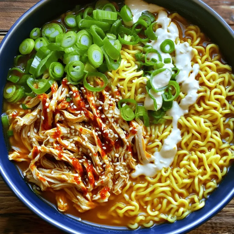 For my Fiery Chicken Ramen with Creamy Garlic Sauce, I focus on fresh and bold flavors. Here’s what you need: - 2 boneless, skinless chicken thighs - 2 cups chicken broth - 2 packs of ramen noodles - 1 tablespoon chili paste (adjust for spice level) - 2 green onions, sliced - 1 teaspoon garlic powder - 1 tablespoon ginger, grated - 1 tablespoon soy sauce - 1 tablespoon sesame oil - 1 tablespoon vegetable oil - ½ cup heavy cream - Salt and pepper to taste - Sesame seeds for garnish These ingredients create a tasty base for the dish. The chicken thighs are juicy and absorb all the flavors well. The ramen noodles add that perfect chewy texture, while the chili paste gives it that fiery kick. Feel free to make this dish your own! Here are some optional ingredients you can add: - Soft-boiled eggs for extra protein - Spinach or bok choy for added greens - Mushrooms for an earthy flavor - Extra chili flakes for heat These ingredients can change the taste and make it unique. You can play around with what you like best. Using great ingredients makes a big difference. Here are my favorite brands: - Chicken Broth: Swanson or Pacific Foods for rich flavor. - Ramen Noodles: Nissin or Maruchan for quick cooking. - Chili Paste: Sambal Oelek or Sriracha for the right spice level. - Heavy Cream: Organic Valley for smooth texture. Choosing these brands ensures quality. Always check labels for freshness and flavor. Enjoy making this dish! If you want the full recipe, head to the top. To start, gather your chicken thighs. Mix soy sauce, chili paste, garlic powder, and grated ginger in a bowl. Place the chicken in the bowl, covering it well. Let it marinate for at least 30 minutes. This step lets the flavors soak in, making the chicken tasty. Heat vegetable oil in a large pot over medium-high heat. When the oil is hot, add the marinated chicken. Sear each side until golden brown, about 5 minutes per side. Once cooked, remove the chicken and set it aside. This step gives the chicken a nice crust. In the same pot, pour in the chicken broth. Bring it to a simmer. While the broth heats, shred the cooked chicken using two forks. This adds texture to your dish. Once the broth is simmering, add ramen noodles. Cook according to the package's instructions, usually 3-4 minutes. In a small pan, heat sesame oil over low heat. Add heavy cream and stir in the remaining chili paste. Simmer this mixture for about 2 minutes. This step creates a rich, creamy sauce that complements the ramen well. Add the shredded chicken back into the pot with noodles and broth. Warm it through for one more minute. Season with salt and pepper to taste. Serve the ramen in bowls. Top with sliced green onions, a drizzle of creamy garlic sauce, and a sprinkle of sesame seeds. Enjoy your Fiery Chicken Ramen with Creamy Garlic Sauce, a true delight! For the full recipe, refer back to the ingredients and instructions provided. To get perfectly cooked ramen, start with good noodles. Fresh ramen noodles cook faster and taste better. Boil water in a pot, then add the noodles. Cook them for 3-4 minutes, but check the package for specific times. You want them firm but not hard. Once done, drain them and rinse with cold water. This stops the cooking process and keeps them from getting sticky. If you like heat, add more chili paste. Start with one tablespoon, then taste. If it's not spicy enough, mix in more. You can also add fresh chili or hot sauce for extra kick. For less spice, use less chili paste or skip it entirely. Remember, you can always add more later, but you can’t take it away. Fresh herbs make a big difference. Try adding sliced green onions on top for crunch. You can also add cilantro or basil for unique flavors. Other great toppings are soft-boiled eggs or seaweed. Sesame seeds add a nice touch, too. Each topping adds texture and taste, making your ramen even better. For the full recipe, check the detailed steps above! {{image_2}} You can easily make this dish vegetarian or vegan. Use tofu instead of chicken. Firm tofu holds up well in the broth. Just press it to remove excess water. Marinate it with soy sauce and chili paste for flavor. Cook it the same way you would the chicken. For the broth, swap chicken broth with vegetable broth. This keeps the taste rich and savory. If you want to mix it up, try different proteins. Shrimp cooks quickly and adds a nice touch. Simply sauté it for a few minutes until it turns pink. You can also use thinly sliced beef or pork. Just adjust the cooking time so it’s tender. For a lighter option, shredded rotisserie chicken works great too. It saves time and still packs flavor. You can add extra flavor to your ramen. Try mushrooms, bok choy, or spinach for greens. These add texture and nutrients. You could also toss in some corn or bean sprouts for crunch. For a spicy kick, add sliced jalapeños or a drizzle of hot sauce. Top it off with a soft-boiled egg for richness. These add-ins make your ramen exciting and personal. To keep your Fiery Chicken Ramen fresh, store leftovers in an airtight container. Make sure the ramen and broth are in separate containers. This way, the noodles won’t get soggy. Refrigerate them right after the meal. Use the leftovers within three days for the best taste. When you’re ready to eat the ramen again, heat the broth in a pot over medium heat. Add the noodles and chicken to warm them up. Stir gently to mix everything well. If the broth is too thick, add a splash of water or broth. This will bring back the creamy texture. If you want to freeze the ramen, it’s best to freeze the broth and chicken separately from the noodles. This helps keep the noodles from getting mushy. Use freezer-safe containers or bags. Label them with the date. You can freeze them for up to three months. When ready to eat, thaw overnight in the fridge before reheating. For the complete recipe, refer to the Full Recipe section. You can change the spice by adding or reducing chili paste. Start with a small amount. Taste the broth as you go. If it’s not spicy enough, add more. You can also use milder chili sauce or skip it altogether. Each cook can find their perfect heat! Yes, you can use store-bought ramen noodles. They save time and still taste great. Look for fresh or dried noodles, depending on what you like. Just follow the cooking time on the package. This helps you get the right texture! Many Asian restaurants serve Fiery Chicken Ramen. Look for places that focus on ramen or Asian cuisine. Some chain restaurants also have spicy ramen on their menu. You can check online reviews to find the best local spots. Yes, you can make this dish in advance. Cook the chicken and broth, then store them separately. Keep the noodles in a sealed bag or container. When you’re ready to eat, just reheat everything and assemble your ramen. It’s a great meal prep option! To make the creamy garlic sauce less rich, try using half-and-half instead of heavy cream. You can also add more chicken broth for a lighter feel. Another option is to mix in a bit of lemon juice. This adds brightness and cuts the richness! For the full recipe, check out the detailed steps above! This guide covers everything to make Fiery Chicken Ramen. You learned about key and optional ingredients, and we explored suggested brands. I provided step-by-step instructions for marinating, cooking, and assembling your dish. We also discussed tips for perfect ramen and variations for different diets. Now you have storage info for leftovers and answers to common questions. Enjoy trying these ideas in your kitchen. Cooking can be fun and rewarding!