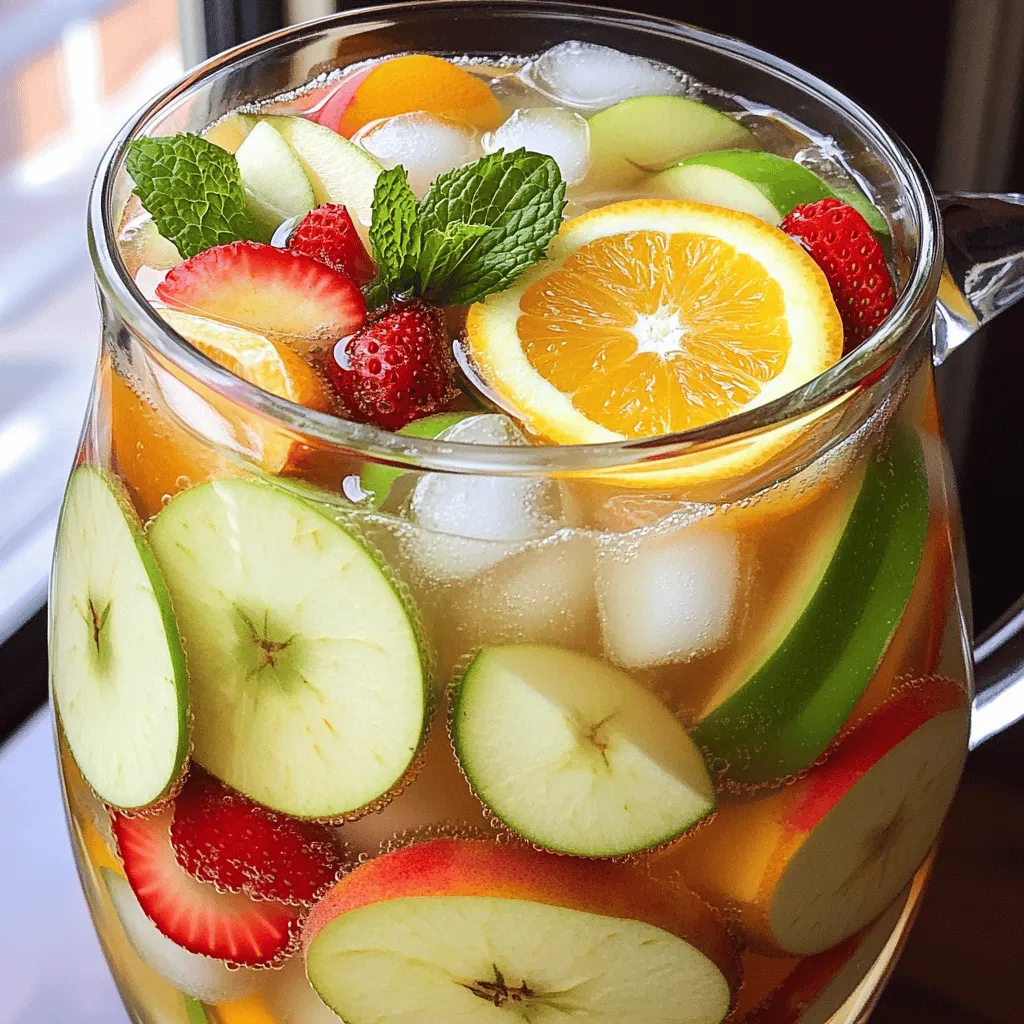 <strong>White Wine Options for Sangria</strong> When choosing white wine for sangria, select a light and crisp option. Good choices include Sauvignon Blanc, Pinot Grigio, or a dry Riesling. These wines provide a fresh taste that blends well with fruit. Avoid heavy or sweet wines, as they can overpower the drink.” /></p>
</p>
<h2>Variations</h2>
</p>
<h3>Exciting Alternatives to Traditional White Sangria</h3>
</p>
<p>White sangria is fun, but you can mix it up! Here are some great twists to try.</p>
</p>
<h4>Seasonal Fruit Variations</h4>
</p>
<p>You can use fruit that’s in season. In summer, add juicy peaches, ripe berries, or sweet melons. In fall, think about crisp apples and spicy pears. Each fruit adds its own flavor, making your drink unique. Experiment with combinations to find your favorite mix.</p>
</p>
<h4>Sparkling Additions for More Fizz</h4>
</p>
<p>To make your sangria extra bubbly, use sparkling water or soda. You can add lemon-lime soda for a sweet touch. Alternatively, try club soda for a less sweet option. Adding sparkling wine is another great idea. It brings a touch of elegance and more bubbles to your drink.</p>
</p>
<h4>Non-Alcoholic White Sangria Options</h4>
</p>
<p>You don’t need alcohol for a tasty sangria. For a refreshing mocktail, use white grape juice and sparkling water. You can mix in peach or apricot nectar for sweetness. This way, everyone can enjoy a delicious drink. Check out the full recipe for a refreshing white sangria mocktail that everyone will love!</p>
</p>
<h2>Storage Info</h2>
</p>
<h3>How to Store Leftover White Sangria</h3>
</p>
<p><strong>Best Practices for Refrigeration</strong></p>
<p>Store leftover white sangria in a pitcher or a sealed container. Keep it in the fridge right away. This keeps it fresh and tasty. Avoid leaving it out for too long.</p>
</p>
<p><strong>Duration for Optimal Freshness</strong></p>
<p>Enjoy your white sangria within 2 to 3 days. After that, the fruit may lose its crispness. The flavors start to fade after a few days. So, drink it up while it’s still vibrant!</p>
</p>
<p><strong>Tips for Refreshing Leftovers</strong></p>
<p>If your sangria tastes flat, add more sparkling water. You can also toss in fresh fruit to liven it up. A sprig of mint can bring back some freshness. This way, you can keep enjoying your tasty drink! Find the full recipe for a delightful twist on this classic drink.</p>
</p>
<h2>FAQs</h2>
</p>
<h3>Common Questions About White Sangria</h3>
</p>
<p><strong>How long can I keep white sangria in the fridge?</strong></p>
<p>You can keep white sangria in the fridge for about three days. After that, the fruit may lose its crispness. The flavors can still taste good, but freshness is best within that time frame.</p>
</p>
<p><strong>Can I use any type of white wine for sangria?</strong></p>
<p>Yes, you can use any type of white wine for sangria. A dry wine works well, but you can also use sweet ones. Just remember, the wine sets the base flavor. Choose one you enjoy drinking on its own.</p>
</p>
<p><strong>Is it possible to make white sangria in advance?</strong></p>
<p>Yes, you can make white sangria in advance. Just mix the wine and fruit a few hours before serving. Let it chill in the fridge. This allows the flavors to blend nicely. But add sparkling elements right before serving to keep the fizz. You can find the full recipe [here].</p>
</p>
<p>White sangria is easy to make and fun to share. We covered its key ingredients, like fruity options and wine choices. You learned how to prep and mix your sangria for the best taste. Remember, adjusting sweetness and adding fizz can change everything. Don’t forget to store leftovers right, so they stay fresh! Whether you stick to the classic or try a new twist, white sangria is sure to impress. Enjoy experimenting to find your favorite blend!</p>
<div id=