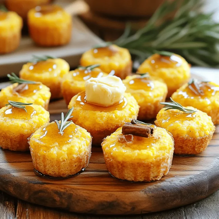 - 1 cup cornmeal - 1 cup all-purpose flour - 1/4 cup granulated sugar - 1 tablespoon baking powder - 1/2 teaspoon salt - 1 cup buttermilk - 1/3 cup vegetable oil - 2 large eggs - 1 cup sweet corn (fresh or frozen) - 1/2 teaspoon cayenne pepper (optional) - 1/2 cup unsalted butter, softened - 1/4 cup honey - 1/4 teaspoon cinnamon These ingredients come together to create the best Southern-style honey butter cornbread poppers. Cornmeal gives them a nice texture. All-purpose flour adds fluffiness. Granulated sugar brings sweetness, while baking powder helps them rise. Salt enhances all the flavors. Buttermilk makes the poppers moist. Vegetable oil keeps them tender. Eggs bind everything together. Sweet corn adds a burst of flavor. Cayenne pepper adds a slight kick, but you can skip it if you prefer mild poppers. Don't forget the honey butter! Softened butter, honey, and cinnamon mix to create the perfect topping. You can find the full recipe linked above for detailed instructions. This blend of ingredients makes every bite a delightful treat! - Preheat the oven to 400°F (200°C). - Grease a mini muffin tin with cooking spray or butter. - In a large mixing bowl, combine the cornmeal, flour, sugar, baking powder, salt, and cayenne pepper (if you want a kick). - In a separate bowl, whisk the buttermilk, vegetable oil, and eggs together until smooth. - Pour the wet mix into the dry mix. Stir gently until just combined. Do not overmix. Fold in the sweet corn gently. - Spoon the cornbread batter into the mini muffin tin. Fill each cup about two-thirds full. - Bake in the preheated oven for 12 to 15 minutes. Check for a golden brown top. A toothpick should come out clean. - While the poppers bake, prepare the honey butter. Mix softened butter with honey and cinnamon in a small bowl until smooth. For the full recipe, check the details above. Enjoy these tasty treats warm with your homemade honey butter! Do not overmix your batter. Overmixing can make your poppers tough. Mix just until the dry and wet ingredients come together. Each oven is different. Check your poppers a few minutes early. You want them golden brown on top. A toothpick should come out clean when they are ready. For a beautiful presentation, use a rustic wooden platter. Drizzle some extra honey on top of the poppers. Add a sprig of fresh rosemary or thyme for color. These poppers pair well with a simple salad or spicy chili. For drinks, sweet tea or lemonade makes a great match. You can change up your honey butter. Try adding vanilla or a pinch of sea salt. For a fun twist, mix in some orange zest or cinnamon. Store any leftover honey butter in an airtight container. It keeps well in the fridge for up to two weeks. When ready to use, let it soften at room temperature. Enjoy your Southern-Style Honey Butter Cornbread Poppers with this delightful honey butter! For the full recipe, check the previous section. {{image_2}} You can change the taste of your Southern-style honey butter cornbread poppers with some fun additions. Adding spices can make a big difference. For a spicy kick, try mixing in jalapeño. If you want more depth, garlic is a great choice. You can also switch up the corn. Use sweet corn for a classic flavor or creamed corn for a rich, moist texture. Both can enhance your poppers in unique ways. If you want to make gluten-free cornbread poppers, swap out regular flour for a gluten-free blend. This works well and keeps the flavor intact. For those who follow a vegan diet, you can replace eggs with flaxseed meal mixed with water. Use plant-based milk and oil to keep the recipe dairy-free. These changes let everyone enjoy the poppers, no matter their diet. You can serve these cornbread poppers in different ways. Make mini versions for appetizers or larger ones for a meal. For a fun twist, create sweet versions with extra honey or savory ones with herbs and cheese. Both styles can fit any occasion. You can find the full recipe to adapt to your liking. To keep your cornbread poppers fresh, store them in an airtight container. This method locks in moisture and flavor. You can also wrap them in plastic wrap. In the fridge, they last about 3 to 5 days. If you want to keep them longer, try freezing. They can stay good in the freezer for up to 3 months. When you are ready to enjoy your poppers again, reheating is key. For the best results, use the oven. Preheat it to 350°F (175°C). Place the poppers on a baking sheet and cover them with foil. This helps keep them soft. Heat for about 10 minutes. If you are in a hurry, the microwave works too. Heat them in short bursts of 15 to 20 seconds. This keeps the texture nice. Avoid overheating, as it can dry them out. Freezing is a great way to save time. If you want to freeze the batter, pour it into your muffin tin. Cover it with plastic wrap and freeze. When you are ready to bake, thaw it in the fridge overnight. For baked poppers, let them cool completely. Then, place them in a freezer-safe bag. To thaw, leave them in the fridge for a few hours or overnight. Bake as usual for a fresh taste. For both methods, check the poppers after baking to ensure they are heated through. Enjoy your Southern-style honey butter cornbread poppers anytime! Can I use regular milk instead of buttermilk? Yes, you can use regular milk. Buttermilk adds a nice tang and moisture. If you use regular milk, try adding a bit of vinegar or lemon juice to mimic buttermilk's taste. Just mix one tablespoon of vinegar with one cup of milk. Let it sit for five minutes. This will help keep your cornbread poppers tender. How do I know when cornbread poppers are done baking? You can check by inserting a toothpick into the center. If it comes out clean, they are ready. The tops should be golden brown. If the poppers look golden but the toothpick is wet, bake them a few more minutes. What goes well with honey butter cornbread poppers? These poppers pair great with chili, barbecue, or a fresh salad. You can also serve them with soups. The sweet honey butter adds a nice contrast to savory dishes. I love to serve them with a side of spicy jam for extra flavor. Can I serve these poppers at a picnic or potluck? Yes! They are perfect for picnics and potlucks. They are easy to grab and eat. Plus, everyone loves them. Just make sure to pack extra honey butter for dipping. You can also serve them warm or at room temperature. How do I store cornbread poppers for maximum freshness? Store them in an airtight container. They will stay fresh for about three days at room temperature. You can also keep them in the fridge for up to a week. If you want to freeze them, wrap each popper in plastic wrap first. What’s the best way to reheat cornbread poppers? Reheat in the oven for the best texture. Set your oven to 350°F (175°C) and place the poppers on a baking sheet. Heat for about 10 minutes. If you use a microwave, heat them for about 15 seconds. This will warm them but may make them a bit softer. You now have a complete guide to making honey butter cornbread poppers. We covered the ingredients, step-by-step instructions, and helpful tips. You learned about variations to suit your taste and storage methods to keep them fresh. Remember, you can mix flavors or change serving sizes. These poppers are great for any meal or snack. Your friends and family will love them, and you now know how to make it all happen. Enjoy your baking journey and share these tasty treats with others!