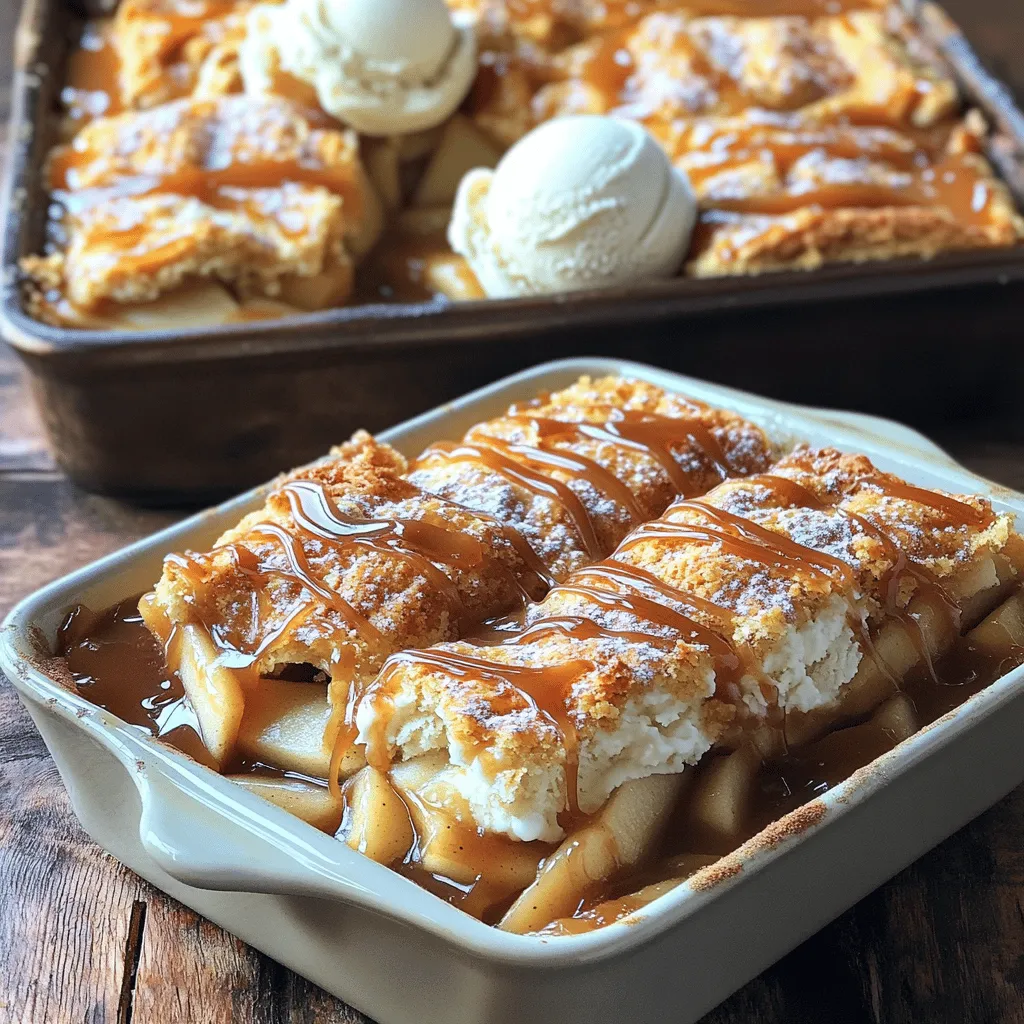 - 2 cans (21 oz each) apple pie filling - 1 cup caramel sauce (store-bought or homemade) - 1 box yellow cake mix (15.25 oz) - ½ cup unsalted butter (1 stick), melted - 1 teaspoon ground cinnamon - 1 cup chopped nuts (walnuts or pecans, optional) - Optional toppings: Vanilla ice cream or whipped cream for serving To make a great Caramel Apple Dump Cake, start with these simple ingredients. Each one adds a special touch to the final dessert. First, apple pie filling provides a sweet and tart base. You can use any brand you like, but homemade will add a personal touch. Next, caramel sauce brings a rich, gooey flavor. You can buy it or make your own. The yellow cake mix is key. It gives the cake its fluffy texture. The melted butter adds moisture and helps create a nice crust. Ground cinnamon adds warmth and spice, making the dish more inviting. If you want, add chopped nuts for crunch. Walnuts or pecans work well. They add a nice contrast to the soft cake. Lastly, don't forget the optional toppings. Vanilla ice cream or whipped cream makes each bite even better. It adds creaminess that pairs perfectly with the warm cake. For the full recipe, check the previous section. This mix of ingredients makes a delightful treat everyone will love! - Preheat your oven to 350°F (175°C). - Grease a 9x13 inch baking dish with cooking spray or butter. - Spread two cans of apple pie filling evenly in the bottom of the baking dish. - Drizzle one cup of caramel sauce over the apple pie filling. This adds a sweet touch. - In a bowl, mix one box of yellow cake mix with one teaspoon of ground cinnamon. - Evenly sprinkle the cake mix over the caramel and apple layers. Do not stir. - Pour half a cup of melted butter over the cake mix. Make sure to cover all areas. - If you like, sprinkle one cup of chopped nuts on top for extra crunch. - Bake in the oven for 45-55 minutes. Look for a golden brown top and bubbling edges. - Let the dump cake cool for about 10-15 minutes before serving. This makes it easier to serve. - Serve warm, and consider adding vanilla ice cream or whipped cream for a delightful treat. For the full recipe, check [Full Recipe]. - To get the best taste, spread the apple pie filling evenly in the dish. This helps every bite be sweet and rich. - After baking, let the cake cool for about 10-15 minutes. This cooling time helps the cake set up and makes serving easier. - If you want to change things up, try using a spice cake mix instead of yellow cake mix. It adds a nice twist! - For a different flavor, you can use cherry or peach pie filling instead of apple. Adjust the sweetness to your taste based on the fruit you choose. - When you serve the cake, drizzle extra caramel sauce on top. Sprinkle cinnamon for a warm touch. - Pair the warm cake with a scoop of vanilla ice cream or whipped cream. The cold creaminess contrasts nicely with the warm cake. {{image_2}} To make your caramel apple dump cake extra special, try adding spices like nutmeg or clove. These spices bring warmth and depth to the flavor. Just a pinch can elevate the taste. You can also switch up the fruit fillings. Instead of just apple pie filling, consider using cherry or peach. Each fruit adds its own sweet twist. If you need a gluten-free option, look for a gluten-free cake mix. This simple swap lets everyone enjoy the treat. For those with nut allergies, skip the nuts entirely. You can still have a tasty dessert without them. This way, you can cater to all your guests' needs. Seasonal variations are fun to explore. In the fall, add pumpkin or spice flavors for a cozy touch. These flavors make the cake perfect for autumn gatherings. In the summer, use fresh fruits like berries or peaches. Fresh fruits add a bright, juicy taste. Each season brings a new way to enjoy this delightful dessert. To keep your caramel apple dump cake fresh, store it in the fridge. First, let it cool completely. Then, cover it tightly with plastic wrap or aluminum foil. This will prevent it from drying out. You can also use an airtight container for better results. The cake will stay good for about three to four days. After this time, the texture may change, and it might not taste as great. When you’re ready to enjoy leftovers, reheating is key. You want to keep the cake soft and gooey. The best way to reheat it is in the oven. Preheat your oven to 350°F (175°C). Place a slice of cake in a baking dish. Cover it with foil to prevent it from getting too dry. Heat for about 15 to 20 minutes. You can also use a microwave if you’re in a hurry. Heat a slice for about 30 seconds. Check if it's warm enough. If not, add a few more seconds. Enjoy it warm, ideally with a scoop of vanilla ice cream on top! Can I make this recipe ahead of time? Yes, you can prepare the caramel apple dump cake ahead. Make it up to a day before. Store it in the fridge after baking. When you're ready to serve, just reheat it in the oven. This keeps all the flavors fresh and delicious. What can I use if I don’t have caramel sauce? If you lack caramel sauce, try using dulce de leche or butterscotch sauce. You can also make a simple caramel at home with sugar and butter. Just melt the sugar until it turns golden, then stir in butter for a quick fix. What to do if it’s too soggy? If your dump cake turns out soggy, check the baking time. It might need a bit more heat. Bake it longer until the top is golden and firm. You can also let it cool longer, as this helps it set. How to fix burnt edges? If the edges are burnt, cover them with foil while baking. This shields them from direct heat. If they are already burnt, you can trim the edges off. Just serve the good parts in a bowl, and no one will know! How many servings does this recipe make? This recipe makes about 8-10 servings. It's great for family dinners or small gatherings. You can easily share it with friends or family! Tips for scaling the recipe for larger gatherings To scale the recipe, double the ingredients for a larger dish. Use a 12x18 inch pan for bigger crowds. Adjust the baking time slightly to ensure it cooks through evenly. This way, everyone gets to enjoy this tasty treat! This dessert comes together with simple ingredients and easy steps. You mix apple pie filling, caramel, and cake mix for a tasty treat. Remember, cooking tips help ensure the best results, while variations boost flavor and cater to different diets. Store your leftovers well, and follow reheating tips for that perfect bite. I hope you enjoy making and sharing this caramel apple dump cake with friends and family. It’s sure to impress!