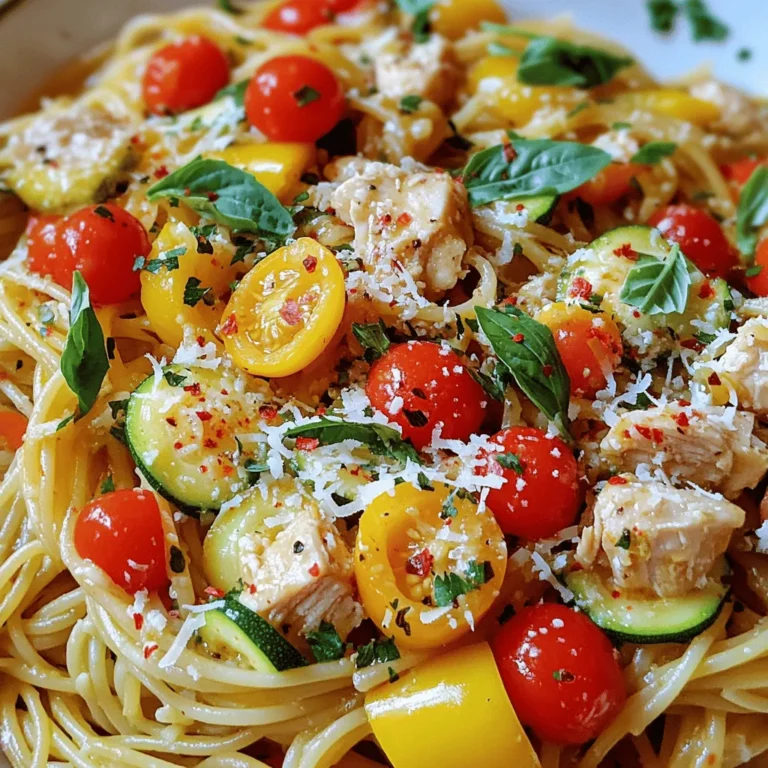 - 12 oz spaghetti - 2 chicken breasts, diced - 1 cup cherry tomatoes, halved - 1 bell pepper, sliced (any color) - 1 small zucchini, diced - 4 cloves garlic, minced - 1 teaspoon red pepper flakes (adjust to taste) - 1 teaspoon Italian seasoning - 1/4 cup fresh basil, chopped (plus extra for garnish) - 1/2 cup grated Parmesan cheese (plus more for serving) - 2 tablespoons olive oil - Salt and pepper to taste Measuring ingredients correctly is key for this recipe. If you use too much or too little, it can change the taste or texture. Use measuring cups and spoons for dry and wet ingredients. When prepping, wash all veggies well. Cut them into uniform sizes for even cooking. Chop garlic finely to release its flavor. Always keep your workspace clean and organized. This makes cooking more fun and less stressful. Start by boiling a large pot of salted water. The salt adds flavor to the pasta. Once the water boils, add 12 oz of spaghetti. Cook it for about 8-10 minutes. Check the pasta for doneness. You want it to be firm but not hard. This is called al dente. Drain the spaghetti and save 1/2 cup of the pasta water. This water helps to make the sauce creamy. For the chicken, use 2 diced chicken breasts. Season them well with salt, pepper, and 1 teaspoon of Italian seasoning. Heat 2 tablespoons of olive oil in a large skillet over medium heat. Add the chicken and cook for 5-7 minutes. Make sure it cooks evenly. The chicken should be golden brown and fully cooked. Once done, remove it from the skillet. Next, it’s time for the vegetables. In the same skillet, add a bit more olive oil if needed. Start with 4 cloves of minced garlic and cook for about 1 minute. Then add 1 sliced bell pepper and 1 diced zucchini. Cook them for 4-5 minutes. You want the veggies to be tender but still have some crunch. This gives your dish a nice texture and flavor. Now for the fun part! Return the chicken to the skillet. Add 1 cup of halved cherry tomatoes and 1 teaspoon of red pepper flakes. Cook this for another 2-3 minutes. You want the tomatoes to soften a bit. Then, add the cooked spaghetti and the reserved pasta water. Toss everything together gently. Stir in 1/4 cup of chopped fresh basil and half of the 1/2 cup of Parmesan cheese. Adjust the seasoning with salt and pepper before serving. Enjoy this savory chicken spaghetti, and don’t forget to check the [Full Recipe] for more details! You can adjust spice levels easily. If you like heat, add more red pepper flakes. For a milder taste, use less. Taste your dish as you cook. This ensures the flavor suits you. Adding fresh herbs boosts flavor, too. Consider using thyme or oregano for depth. Fresh parsley can brighten the dish. You can mix and match herbs to find your favorite combo. Want to save time? Prep your ingredients ahead of time. Chop veggies and dice chicken the day before. This makes cooking faster and more fun. Try a one-pan cooking method. It cuts down on dishes. You can cook the chicken and veggies in the same skillet. This saves time and keeps flavors strong. Garnish your chicken spaghetti for a pretty dish. Fresh basil on top adds color and flavor. A sprinkle of Parmesan cheese makes it look fancy. Serve in bowls for a cozy meal. You can also plate it like in a restaurant. A side salad or garlic bread makes it feel special. Explore more ideas with the [Full Recipe] to impress your guests! {{image_2}} You can change the protein in chicken spaghetti. Shrimp, ground turkey, or tofu all work well. Each option brings its own taste. For shrimp, add a bit of lemon juice. It pairs nicely with garlic. Ground turkey has a mild flavor. Use more spices to boost its taste. Tofu is great for a vegetarian twist. Marinate it in soy sauce for extra flavor. To make a vegetarian-friendly chicken spaghetti, skip the chicken. You can use more veggies instead. Consider adding mushrooms, spinach, or bell peppers. Each adds a unique taste. Mix in some chickpeas for protein. They also give a nice texture. Toss everything together just as you would with chicken. This keeps the dish hearty and satisfying. For gluten-free chicken spaghetti, swap regular pasta for gluten-free options. Brown rice pasta or chickpea pasta are great choices. They offer a nice texture and flavor. Keep an eye on cooking times. Gluten-free pasta often cooks faster. Stir often to prevent sticking. Always check the package for specific instructions. This way, you ensure a tasty dish every time. For complete cooking instructions, check the Full Recipe. To keep your chicken spaghetti fresh, follow these steps. First, let it cool down to room temperature. This prevents moisture buildup in the container. Once cooled, place the spaghetti in an airtight container. Glass or plastic containers work well for this. Make sure to store it in the fridge for up to three days. This keeps the flavors intact and safe to eat. When you want to enjoy leftovers, reheating correctly is key. The best way is to use the stove. Place the spaghetti in a skillet over low heat. Add a splash of water or broth to help it steam. Stir often to keep it from sticking. If you prefer the microwave, use a microwave-safe bowl. Cover it with a lid or wrap to trap steam. Heat in short bursts, stirring in between. This helps retain the flavor and moisture. If you have more than you can eat, freezing is a great option. Start by letting the chicken spaghetti cool completely. Then, portion it into freezer-safe bags or containers. Remove as much air as possible to avoid freezer burn. Label the bags with the date. You can freeze it for up to three months. When you're ready to eat, thaw it in the fridge overnight. Reheat it as mentioned above to enjoy your meal. Yes, you can make chicken spaghetti ahead of time. Meal prepping saves time and effort. After cooking, let it cool completely. Store it in an airtight container in the fridge. It will stay fresh for about three days. If you want it for longer, freeze it. Just be sure to use a freezer-safe container. When ready to eat, reheat it slowly on the stove or in the microwave. If you need a substitute for Parmesan cheese, options are available. Nutritional yeast adds a cheesy flavor and is dairy-free. Grated Pecorino Romano is a good option if you want something similar. For a vegan choice, try cashew cheese. It blends well and gives a creamy touch to your dish. To add some heat to your chicken spaghetti, try these tips. First, increase the red pepper flakes. Start with a bit more and taste it as you go. You can also add fresh chopped jalapeños or serrano peppers. Another option is to mix in some hot sauce. Each of these will give a nice kick. Chicken spaghetti goes well with many side dishes. A fresh garden salad adds crunch and color. Garlic bread is a classic choice that complements the dish. Steamed broccoli or green beans can brighten your plate. For a simple option, serve it with a side of fruit. Yes, chicken spaghetti is great for kids. To make it more kid-friendly, cut back on spices. You can also use mild cheese instead of Parmesan. If your kids like veggies, chop them small. This helps them blend in. Make sure the chicken pieces are tender and easy to chew. We explored a delicious chicken spaghetti recipe from start to finish. I shared key ingredients like chicken, veggies, and seasonings that make this dish shine. Accurate measuring and prep tips ensure your success. You learned step-by-step cooking methods and ways to enhance flavor. Variations let you customize your meal for any diet. Plus, I covered storage, reheating, and meal prepping. Cooking chicken spaghetti is simple and rewarding. Get creative with ingredients and enjoy!