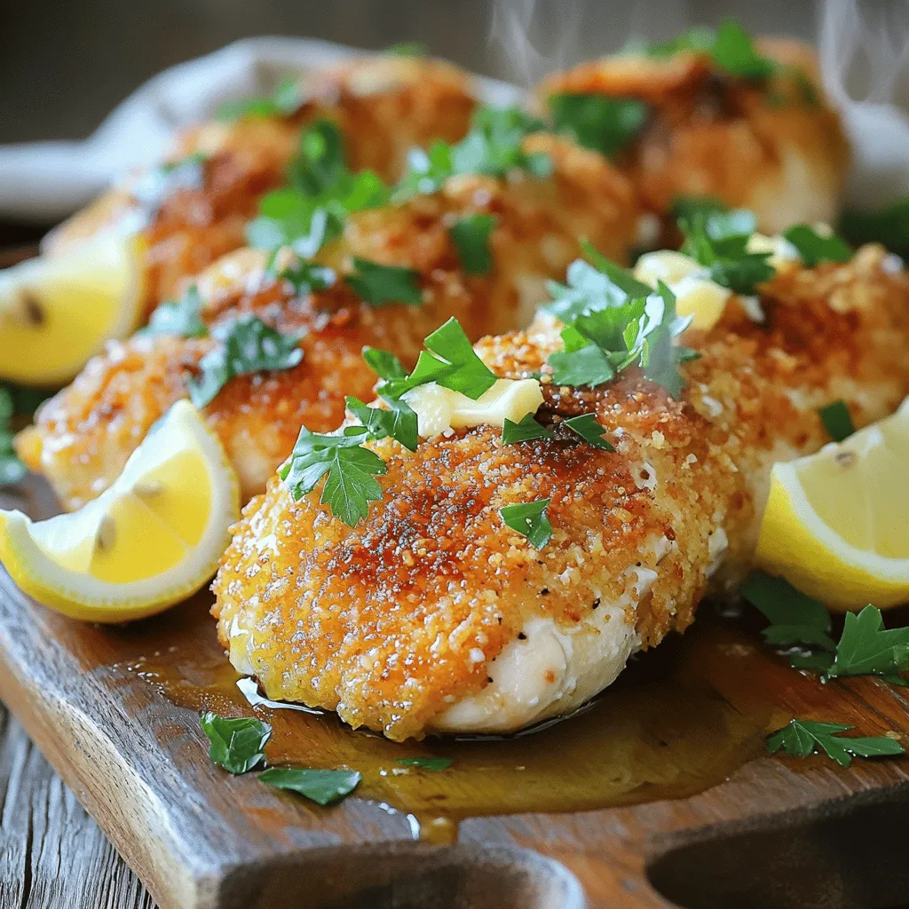 - 4 boneless, skinless chicken breasts - 1 cup buttermilk - 1 tablespoon Dijon mustard - 2 teaspoons garlic powder - 1 teaspoon smoked paprika - 1 teaspoon onion powder - 1 teaspoon salt - ½ teaspoon black pepper - 1 cup panko breadcrumbs - ½ cup grated Parmesan cheese - ¼ cup chopped fresh parsley - 2 tablespoons olive oil - 1 tablespoon melted butter To make melt-in-your-mouth chicken breasts, these ingredients are key. The buttermilk tenderizes the chicken, giving it a juicy texture. The Dijon mustard adds a nice tang. Spices like garlic powder and smoked paprika enhance flavor without being overpowering. The panko breadcrumbs create a crispy coating. They help give the chicken a crunch that contrasts with its tenderness. Fresh parsley not only adds color but also freshness to the dish. A serving of this dish contains about 350 calories. You get around 30 grams of protein, 20 grams of fat, and 15 grams of carbs. This makes it a balanced meal that fits into various diets. This recipe is perfect for four servings. Each chicken breast is a generous portion. You can easily scale it up or down based on your needs, making it flexible for gatherings or weeknight dinners. For the full recipe, you can find it [here](#). Marinating the chicken is key for a tasty and tender dish. The buttermilk adds moisture and flavor. The Dijon mustard, garlic powder, and spices bring depth. Soak the chicken in this mix for at least one hour. I recommend overnight for the best flavor. This step makes each bite juicy and full of taste. To create a crunchy outside, you must prepare the coating. Grab a bowl and mix together the panko breadcrumbs, grated Parmesan cheese, and chopped parsley. The panko gives a great crunch, while the cheese adds rich flavor. Parsley brings a fresh touch. Make sure to mix well so each bite is flavorful. For the perfect bake, preheat your oven to 400°F (200°C). This temperature ensures the chicken cooks evenly. Line a baking sheet with parchment paper for easy cleanup. Once the chicken is coated, drizzle with olive oil and melted butter. Bake for 25-30 minutes until golden brown. Check that the chicken reaches an internal temperature of 165°F (74°C). This step guarantees a safe and delicious meal. The right marinating time makes a big difference. I suggest marinating the chicken breasts for at least one hour. If you can, marinate overnight. This allows the flavors to soak in deeply. When you coat the chicken, press down on the breadcrumbs. This helps them stick better. A good coat makes the chicken crisp and tasty. Fresh herbs bring bright flavors. I love using parsley in this dish. It adds a pop of color and taste. High-quality olive oil also matters. It helps the chicken brown nicely and keeps it juicy. Always choose extra virgin olive oil for the best flavor. Dry chicken is a common issue. To prevent this, don’t overcook the chicken. Use a meat thermometer to check. Aim for 165°F (74°C) inside. This ensures it is safe and juicy. Cooking on a lined baking sheet helps heat spread evenly. This way, every bite stays moist and delicious. {{image_2}} You can easily boost the flavor of this dish. Try adding spices like cayenne for heat or Italian herbs for a fresh twist. You can also experiment with different cheese types in the coating. Opt for sharp cheddar or creamy mozzarella to add depth. Each variation gives a unique taste, making the chicken exciting every time. If you need a change, consider using yogurt instead of buttermilk. This swap keeps the chicken moist and adds a nice tang. You can also try using crushed crackers or cornflakes instead of panko breadcrumbs. These alternatives still give that satisfying crunch. Adjusting ingredients can help fit your pantry and dietary needs. To make a well-rounded meal, pair the chicken with sides like roasted vegetables or a fresh salad. Steamed broccoli or green beans add color and nutrition. Serve with mashed potatoes or rice for a hearty touch. A squeeze of lemon over the chicken brightens the flavors and adds freshness. For more ideas, check out the Full Recipe for complete meal suggestions. To keep your chicken fresh, let it cool first. Place it in an airtight container. Store it in the fridge for up to three days. If you want to keep it longer, consider freezing it. When you reheat, keep the chicken moist. Preheat your oven to 350°F (175°C). Place the chicken on a baking sheet. Cover it with foil to lock in moisture. Heat for about 15-20 minutes. You can also use a microwave, but it may dry out the chicken. To freeze, wrap the chicken tightly in plastic wrap. Then place it in a freezer bag. Label it with the date. It can last up to three months in the freezer. When you’re ready to eat, thaw it in the fridge overnight. Avoid thawing at room temperature to keep it safe. Yes, you can use chicken thighs. They have a richer flavor and more fat. This makes them juicier than breasts. However, thighs take longer to cook. Aim for about 35-40 minutes at 400°F. Always check the internal temperature for safety. To know if the chicken is done, use a meat thermometer. The safe internal temperature is 165°F (74°C). Insert the thermometer into the thickest part of the chicken. If it reads 165°F, your chicken is safe to eat. You can pair this chicken with many sides. Here are a few tasty ideas: - Steamed broccoli - Garlic mashed potatoes - A fresh garden salad - Roasted carrots - Creamy coleslaw For sauces, try a light lemon butter sauce or a zesty herb sauce. These will elevate the dish even more. This recipe showcases how to make tender, tasty chicken breasts with easy steps. Start by marinating the chicken for flavor, then coat it for crunch. Follow my tips to avoid mistakes and achieve the best texture. Feel free to add variations to match your taste or sides. Remember to store leftovers properly for later enjoyment. Now you can create a meal that impresses and delights. Enjoy the process and savor each bite!