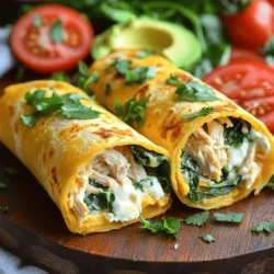 - 2 cups cooked chicken, shredded - 1 cup shredded mozzarella cheese - 1/2 cup cream cheese, softened - 2 cloves garlic, minced - 1 teaspoon garlic powder - 1 tablespoon fresh parsley, chopped - 4 large tortillas - 1 cup fresh spinach leaves - Salt and pepper to taste - 2 tablespoons olive oil Gathering the right ingredients is key to making great Cheesy Garlic Chicken Wraps. Start with cooked chicken; it adds protein and flavor. I prefer using rotisserie chicken for ease. Mozzarella cheese gives a stretchy, melty quality. Cream cheese adds a rich, creamy texture that makes each bite delightful. Don’t forget the garlic! Fresh minced garlic and garlic powder boost the flavor. Fresh parsley adds a pop of color and freshness. You’ll also need large tortillas to hold all this goodness. Fresh spinach leaves provide a nice crunch and color. Lastly, have salt and pepper on hand to season your mix. - Mixing bowl - Large skillet - Cooking spoon - Cutting board - Knife You will need a few simple tools. A mixing bowl is essential for combining everything. Use a large skillet to cook the mixture and get it all warm and melty. A cooking spoon helps stir things up well. A cutting board and knife make prepping easy and safe. - Calories per serving: About 400 - Macronutrients breakdown: - Protein: 30g - Fats: 20g - Carbs: 30g - Dietary considerations: Gluten-free tortillas can be used These wraps are tasty and filling. Each serving has about 400 calories. They are packed with protein from the chicken and cheese. This meal can fit well in many diets. You can swap regular tortillas for gluten-free options. For more details, check the Full Recipe. Enjoy cooking! To start, gather your ingredients. In a mixing bowl, combine the following: - 2 cups cooked chicken, shredded - 1 cup shredded mozzarella cheese - 1/2 cup cream cheese, softened - 2 cloves garlic, minced - 1 teaspoon garlic powder - 1 tablespoon fresh parsley, chopped - Salt and pepper to taste Mix these ingredients well until they blend into a creamy filling. This mix is where the magic begins. The chicken, cheeses, and garlic create a rich flavor that is hard to resist. Next, heat 2 tablespoons of olive oil in a large skillet over medium heat. Once the oil is hot, add your chicken mixture to the skillet. Cook for about 5–7 minutes, stirring often. You want the cheeses to melt and the mixture to heat through. The aroma will fill your kitchen and make your mouth water. After cooking, remove the skillet from the heat. Add 1 cup of fresh spinach leaves to the mixture. Stir gently until the spinach wilts. This adds a nice color and boosts the nutrition of your wraps. Now, it’s time to assemble your wraps. Lay out 4 large tortillas on a clean surface. Spoon an even amount of your cheesy chicken filling onto the center of each tortilla. To fold, take the sides of the tortilla and fold them over the filling. Then, roll it up tightly from the bottom. This keeps all the cheesy goodness inside. If you want a crispy touch, you can toast the wraps. Place them seam-side down in the skillet with a little oil. Toast for 2–3 minutes on each side until they turn golden brown. This step is optional, but I highly recommend it for added crunch and flavor. Let the wraps cool for a minute before slicing them in half. Serve warm, and enjoy this cheesy, garlicky delight. For the full recipe, check out the detailed instructions provided earlier in this article. To make your Cheesy Garlic Chicken Wraps truly creamy, use cream cheese. It adds a rich texture that blends well with mozzarella. Mix it with the chicken and garlic to bring out the flavors. Taste the filling as you mix. Adjust the salt and pepper to your liking. You can add a pinch more garlic powder if you love garlic. Fresh parsley adds a nice touch, so don’t skip it! These wraps pair well with dips like ranch or salsa. A fresh guacamole adds a nice kick too. For sides, consider a crisp salad or roasted vegetables. They add color and balance to your meal. Try serving your wraps with a side of sweet potato fries for a satisfying crunch. To reheat, place the wraps in the oven. Set it to 350°F (175°C) for about 10 minutes. This keeps them warm without making them soggy. If you prefer the skillet, heat it over medium heat. Cook the wraps for a few minutes on each side until they are hot. Store leftovers in an airtight container. Keep them in the fridge for up to three days to maintain quality. {{image_2}} You can change the protein in these wraps. Turkey works well if you want a lighter taste. Ground beef adds a hearty kick. If you prefer a vegetarian option, use beans instead. They add protein and fiber. You can also swap cheeses. Try cheddar for a sharper flavor, or pepper jack for some heat. Add spices or sauces to make your wraps pop. A dash of sriracha brings heat and flavor. Ranch dressing adds a creamy touch. You can also toss in extra veggies. Bell peppers, onions, or mushrooms will make your wraps colorful and tasty. Each addition changes the flavor profile, so have fun with it! If you want a low-carb meal, try lettuce wraps. They offer a crisp bite and are healthy. You can use large leaves, like romaine, to hold your filling. Cauliflower tortillas are another great alternative. They have a mild flavor and are gluten-free. Both options keep the wrap delicious while meeting dietary needs. For the best taste, keep each ingredient separate. Store cooked chicken, cheese, and veggies in airtight containers. This way, they stay fresh and tasty. You can refrigerate them for up to three days. Remember to check for any signs of spoilage before using. If you have leftover wraps, seal them tightly in plastic wrap or use a container. This keeps them from drying out. You can store these in the fridge for up to two days. If they start to smell or look off, it’s best to throw them away. To freeze Cheesy Garlic Chicken Wraps, wrap each one tightly in plastic wrap. Then, place them in a freezer-safe bag. They will stay good for about three months. When you’re ready to eat, thaw them in the fridge overnight. After thawing, reheat them in a skillet until warm. Enjoy your delicious meal later! For the full recipe, check out the section above. Cheesy Garlic Chicken Wraps can last for about 3 to 4 days in the fridge. Store them in an airtight container. This keeps them fresh and tasty. If they smell off or look strange, it’s best to discard them. Yes, you can make these wraps ahead of time. Prepare the filling and store it separately from the tortillas. This way, the wraps stay fresh. When you’re ready to eat, just assemble and enjoy. You can also wrap the finished product in foil for easy grab-and-go meals. The best way to reheat these wraps is in a skillet. Heat the skillet over medium heat, and add a little oil. Place the wrap in the skillet for about 2–3 minutes on each side. This method helps keep the wrap crispy and gooey inside. You can also use a microwave but it may make the wrap a bit soggy. Absolutely! You can use turkey or even beef if you like. For a vegetarian option, try black beans or chickpeas. Each choice brings a new flavor. Just adjust cooking times as needed to ensure everything is cooked well. In this blog post, we explored how to make Cheesy Garlic Chicken Wraps step by step. We covered ingredients, equipment, and helpful tips. You learned about different variations and how to store your wraps properly. My final thought: these wraps are easy to make and delicious. They are great for any meal! Try them out, and feel free to get creative with your ingredients! You can enjoy this tasty dish any night of the week.