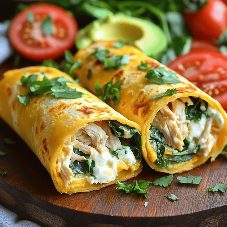 - 2 cups cooked chicken, shredded - 1 cup shredded mozzarella cheese - 1/2 cup cream cheese, softened - 2 cloves garlic, minced - 1 teaspoon garlic powder - 1 tablespoon fresh parsley, chopped - 4 large tortillas - 1 cup fresh spinach leaves - Salt and pepper to taste - 2 tablespoons olive oil Gathering the right ingredients is key to making great Cheesy Garlic Chicken Wraps. Start with cooked chicken; it adds protein and flavor. I prefer using rotisserie chicken for ease. Mozzarella cheese gives a stretchy, melty quality. Cream cheese adds a rich, creamy texture that makes each bite delightful. Don’t forget the garlic! Fresh minced garlic and garlic powder boost the flavor. Fresh parsley adds a pop of color and freshness. You’ll also need large tortillas to hold all this goodness. Fresh spinach leaves provide a nice crunch and color. Lastly, have salt and pepper on hand to season your mix. - Mixing bowl - Large skillet - Cooking spoon - Cutting board - Knife You will need a few simple tools. A mixing bowl is essential for combining everything. Use a large skillet to cook the mixture and get it all warm and melty. A cooking spoon helps stir things up well. A cutting board and knife make prepping easy and safe. - Calories per serving: About 400 - Macronutrients breakdown: - Protein: 30g - Fats: 20g - Carbs: 30g - Dietary considerations: Gluten-free tortillas can be used These wraps are tasty and filling. Each serving has about 400 calories. They are packed with protein from the chicken and cheese. This meal can fit well in many diets. You can swap regular tortillas for gluten-free options. For more details, check the Full Recipe. Enjoy cooking! To start, gather your ingredients. In a mixing bowl, combine the following: - 2 cups cooked chicken, shredded - 1 cup shredded mozzarella cheese - 1/2 cup cream cheese, softened - 2 cloves garlic, minced - 1 teaspoon garlic powder - 1 tablespoon fresh parsley, chopped - Salt and pepper to taste Mix these ingredients well until they blend into a creamy filling. This mix is where the magic begins. The chicken, cheeses, and garlic create a rich flavor that is hard to resist. Next, heat 2 tablespoons of olive oil in a large skillet over medium heat. Once the oil is hot, add your chicken mixture to the skillet. Cook for about 5–7 minutes, stirring often. You want the cheeses to melt and the mixture to heat through. The aroma will fill your kitchen and make your mouth water. After cooking, remove the skillet from the heat. Add 1 cup of fresh spinach leaves to the mixture. Stir gently until the spinach wilts. This adds a nice color and boosts the nutrition of your wraps. Now, it’s time to assemble your wraps. Lay out 4 large tortillas on a clean surface. Spoon an even amount of your cheesy chicken filling onto the center of each tortilla. To fold, take the sides of the tortilla and fold them over the filling. Then, roll it up tightly from the bottom. This keeps all the cheesy goodness inside. If you want a crispy touch, you can toast the wraps. Place them seam-side down in the skillet with a little oil. Toast for 2–3 minutes on each side until they turn golden brown. This step is optional, but I highly recommend it for added crunch and flavor. Let the wraps cool for a minute before slicing them in half. Serve warm, and enjoy this cheesy, garlicky delight. For the full recipe, check out the detailed instructions provided earlier in this article. To make your Cheesy Garlic Chicken Wraps truly creamy, use cream cheese. It adds a rich texture that blends well with mozzarella. Mix it with the chicken and garlic to bring out the flavors. Taste the filling as you mix. Adjust the salt and pepper to your liking. You can add a pinch more garlic powder if you love garlic. Fresh parsley adds a nice touch, so don’t skip it! These wraps pair well with dips like ranch or salsa. A fresh guacamole adds a nice kick too. For sides, consider a crisp salad or roasted vegetables. They add color and balance to your meal. Try serving your wraps with a side of sweet potato fries for a satisfying crunch. To reheat, place the wraps in the oven. Set it to 350°F (175°C) for about 10 minutes. This keeps them warm without making them soggy. If you prefer the skillet, heat it over medium heat. Cook the wraps for a few minutes on each side until they are hot. Store leftovers in an airtight container. Keep them in the fridge for up to three days to maintain quality. {{image_2}} You can change the protein in these wraps. Turkey works well if you want a lighter taste. Ground beef adds a hearty kick. If you prefer a vegetarian option, use beans instead. They add protein and fiber. You can also swap cheeses. Try cheddar for a sharper flavor, or pepper jack for some heat. Add spices or sauces to make your wraps pop. A dash of sriracha brings heat and flavor. Ranch dressing adds a creamy touch. You can also toss in extra veggies. Bell peppers, onions, or mushrooms will make your wraps colorful and tasty. Each addition changes the flavor profile, so have fun with it! If you want a low-carb meal, try lettuce wraps. They offer a crisp bite and are healthy. You can use large leaves, like romaine, to hold your filling. Cauliflower tortillas are another great alternative. They have a mild flavor and are gluten-free. Both options keep the wrap delicious while meeting dietary needs. For the best taste, keep each ingredient separate. Store cooked chicken, cheese, and veggies in airtight containers. This way, they stay fresh and tasty. You can refrigerate them for up to three days. Remember to check for any signs of spoilage before using. If you have leftover wraps, seal them tightly in plastic wrap or use a container. This keeps them from drying out. You can store these in the fridge for up to two days. If they start to smell or look off, it’s best to throw them away. To freeze Cheesy Garlic Chicken Wraps, wrap each one tightly in plastic wrap. Then, place them in a freezer-safe bag. They will stay good for about three months. When you’re ready to eat, thaw them in the fridge overnight. After thawing, reheat them in a skillet until warm. Enjoy your delicious meal later! For the full recipe, check out the section above. Cheesy Garlic Chicken Wraps can last for about 3 to 4 days in the fridge. Store them in an airtight container. This keeps them fresh and tasty. If they smell off or look strange, it’s best to discard them. Yes, you can make these wraps ahead of time. Prepare the filling and store it separately from the tortillas. This way, the wraps stay fresh. When you’re ready to eat, just assemble and enjoy. You can also wrap the finished product in foil for easy grab-and-go meals. The best way to reheat these wraps is in a skillet. Heat the skillet over medium heat, and add a little oil. Place the wrap in the skillet for about 2–3 minutes on each side. This method helps keep the wrap crispy and gooey inside. You can also use a microwave but it may make the wrap a bit soggy. Absolutely! You can use turkey or even beef if you like. For a vegetarian option, try black beans or chickpeas. Each choice brings a new flavor. Just adjust cooking times as needed to ensure everything is cooked well. In this blog post, we explored how to make Cheesy Garlic Chicken Wraps step by step. We covered ingredients, equipment, and helpful tips. You learned about different variations and how to store your wraps properly. My final thought: these wraps are easy to make and delicious. They are great for any meal! Try them out, and feel free to get creative with your ingredients! You can enjoy this tasty dish any night of the week.