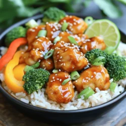 To make hot honey chicken bowls, you need a few key items: - 1 lb chicken breast, cut into bite-sized pieces - 1 cup jasmine rice - 2 cups chicken broth (or water) - 1 tablespoon olive oil - 2 tablespoons hot honey (store-bought or homemade) - 1 tablespoon soy sauce - 1 tablespoon apple cider vinegar - 1 teaspoon garlic powder - 1 teaspoon ginger, minced - 1/2 teaspoon black pepper - 1/2 teaspoon salt Adding vegetables makes this meal colorful and healthy. You'll want: - 1 cup broccoli florets - 1 bell pepper, sliced (red or yellow) - 1/2 cup green onions, chopped - Sesame seeds for garnish Seasonings enhance the dish's flavor. You will use: - Garlic powder, ginger, salt, and pepper - Optional garnishes: You can use lime wedges or extra green onions for a fresh touch. These ingredients come together to create a vibrant and tasty meal. For the full recipe, check the instructions provided. To start, grab a medium saucepan. Combine 1 cup of jasmine rice with 2 cups of chicken broth or water. Turn the heat to high and bring it to a boil. Once it bubbles, lower the heat. Cover the pan and let it simmer for 15-20 minutes. The rice will soak up the liquid and become tender. When it's done, fluff it with a fork for a nice texture. In a large mixing bowl, take 1 lb of chicken breast cut into bite-sized pieces. Add 1 teaspoon of garlic powder, 1 teaspoon of minced ginger, 1/2 teaspoon of black pepper, and 1/2 teaspoon of salt. Toss the chicken well to coat it evenly with the seasonings. This mix gives the chicken great flavor. Now it’s time to cook the chicken. Heat 1 tablespoon of olive oil in a skillet over medium-high heat. Once the oil is hot, add the seasoned chicken. Cook it for 5-7 minutes until it turns golden brown and is fully cooked. Next, add 1 cup of broccoli florets and 1 sliced bell pepper. Stir them into the chicken and cook for another 3-4 minutes. This step keeps the veggies crisp and bright. While everything cooks, make the sauce. In a small bowl, whisk together 2 tablespoons of hot honey, 1 tablespoon of soy sauce, and 1 tablespoon of apple cider vinegar. Pour this sauce over the chicken and vegetables. Mix well to coat everything. Cook for an extra 2 minutes until the sauce thickens a bit. Now, divide the fluffy jasmine rice into bowls. Top each bowl with the hot honey chicken and veggie mix. Enjoy this flavorful meal idea! For the full recipe, check out the link. To make your hot honey chicken bowls even better, try these tips: - Adjust the Heat: If you like spice, add more hot honey. For less heat, reduce the amount. - Mixing Flavors: Use hot honey as a glaze for grilled meats or drizzled over roasted veggies. It adds a sweet kick. Perfect cooking makes a big difference: - Searing Chicken: Heat your skillet well before adding chicken. This helps it brown nicely. Cook it in batches if your pan is small to avoid steaming. - Crisp Vegetables: Add vegetables toward the end of cooking. This keeps them bright and crunchy. Stir them gently, so they don’t get mushy. Make your bowls shine with these ideas: - Pairing Sides: Serve with a light salad or crispy spring rolls. They balance the meal well. - Presentation Ideas: Use colorful bowls to show off the bright veggies. Add a lime wedge for a zesty touch. This makes each bowl look fresh and inviting. For the full recipe, check out the detailed steps to make these delicious bowls. {{image_2}} You can switch the chicken for tofu or shrimp. Tofu offers a nice texture and absorbs flavors well. Shrimp cooks quickly and adds a seafood twist. You can also use different cuts of chicken. Thighs provide more flavor and stay juicy. Breasts are leaner but can dry out if overcooked. Instead of jasmine rice, try quinoa, brown rice, or noodles. Quinoa is high in protein and gluten-free. Brown rice adds a nutty flavor and is more wholesome. Noodles can bring a different texture and soak up the sauce. If you need gluten-free options, use rice noodles or cauliflower rice. You can make homemade hot honey easily. Just mix honey with your favorite hot sauce. Adjust the heat to your liking for a personalized touch. Other flavor varieties include garlic-infused honey or chili honey. These options can add depth to your dish and make it unique. For more flavor ideas, check out the Full Recipe. Store leftover hot honey chicken bowls in the fridge. Use airtight containers. This helps keep the meal fresh for up to three days. Make sure to cool the food to room temperature before sealing. Label the containers with dates to track freshness. You can freeze cooked chicken and vegetables separately. Place them in freezer-safe bags or containers. Remove as much air as possible before sealing. For best taste, use within three months. To thaw, move the chicken and veggies to the fridge for overnight. This keeps the texture nice. For reheating, you can use the microwave or stovetop. If using the microwave, heat in short bursts. Stir in between to prevent hot spots. For stovetop, warm in a skillet over low heat. Add a splash of water or broth to keep it moist. This retains the great flavor and texture of the dish. To make homemade hot honey, you need just two ingredients: honey and red pepper flakes. Here’s how: - Ingredients: - 1 cup honey - 2 tablespoons red pepper flakes 1. Combine: In a small saucepan, mix honey and red pepper flakes. 2. Heat: Warm over low heat for about 5 minutes. Stir gently. 3. Cool: Let it cool before using. Store in a jar. This sweet and spicy blend enhances your hot honey chicken bowls perfectly. Yes, you can easily adjust the spice level in your hot honey chicken bowls. Here’s how: - Increase heat: Add more hot honey or use extra red pepper flakes. - Decrease heat: Use less hot honey or add a bit of regular honey. Tasting as you go helps find the right balance for your taste buds. These chicken bowls pair well with many sides. A few ideas include: - Steamed vegetables: Carrots or snap peas add color and crunch. - Salad: A fresh green salad gives a nice contrast. - Noodles: Rice noodles or soba can soak up the sauce well. These sides help balance out the heat and add variety to your meal. Yes, you can prep parts of the hot honey chicken bowls ahead of time. Here are some tips: - Cook rice: Make the jasmine rice in advance. Store it in the fridge. - Prep chicken: Season the chicken and store it in the fridge. - Chop veggies: Clean and cut the vegetables ahead of time for easy cooking. When ready to serve, just cook everything together quickly for a delicious meal. For the full recipe, check the earlier sections! This blog post covered how to make delicious hot honey chicken bowls. We looked at main ingredients like chicken breast and jasmine rice, plus tasty vegetables and spices. I shared step-by-step cooking tips, from preparing the rice to cooking the chicken. You can also try variations with different proteins or grains. Final thoughts: Experimenting with flavors can make this dish your own. Enjoy cooking!
