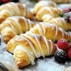 - 1 can refrigerated crescent roll dough - 8 oz cream cheese, softened - 1/4 cup granulated sugar - 1 teaspoon vanilla extract - 1 egg yolk - 1 tablespoon lemon juice - 1/2 cup powdered sugar - 1 tablespoon milk (for drizzle) - Fresh berries (for garnish, optional) I love using canned crescent roll dough for these danishes. It saves time and effort. The cream cheese filling is rich and creamy. You mix cream cheese with sugar, vanilla, egg yolk, and lemon juice. This blend gives the danishes a lovely taste. The lemon juice adds brightness to the filling. You can adjust the sugar to match your taste. The powdered sugar and milk make a nice drizzle. It adds sweetness and looks great on top. Fresh berries on the side are a fun, colorful touch. - Lemon zest or orange zest - Chocolate chips - Nuts (e.g., chopped pecans or almonds) If you want to mix things up, try some optional ingredients. Lemon or orange zest can add a nice twist. Chocolate chips make it extra special for chocolate lovers. Nuts give a crunchy texture that contrasts well with the soft filling. You can get creative and find what you like best! - Preheat oven to 375°F (190°C). - Line a baking sheet with parchment paper. - Beat cream cheese mixture until smooth. To start, preheat your oven to 375°F (190°C). This will help the danishes bake evenly. Next, line a baking sheet with parchment paper. This step keeps the danishes from sticking and makes cleanup easy. In a medium bowl, beat the softened cream cheese with the sugar, vanilla, egg yolk, and lemon juice. Mix until it is creamy and smooth. - Unroll and separate crescent roll dough into triangles. - Spoon cream cheese mixture onto triangle centers. - Roll and seal the dough around the filling. Now, let’s assemble! Carefully unroll the crescent roll dough. You will see that it separates into triangles. Place 1-2 tablespoons of the cream cheese mixture in the center of each triangle. Starting from the wide end, roll the dough toward the pointed end. Make sure to pinch the edges well so the filling does not leak out. - Place on baking sheet and bake for 12-15 minutes. - Cool slightly before drizzling icing. Place your formed danishes on the lined baking sheet. Make sure to space them apart. Bake in the preheated oven for 12-15 minutes. You want them to turn golden brown. Once baked, let them cool for a few minutes. Then, mix the powdered sugar with milk to make a drizzle. Drizzle this icing over each danish for a sweet touch. Enjoy! - Use softened cream cheese for a smoother filling. - Avoid overfilling to prevent leakage during baking. - Pinch edges securely for best results. To make the perfect crescent cheese danish, you need to follow a few simple tips. First, using softened cream cheese helps create a creamy filling. Soft cream cheese blends easily with sugar and flavorings. This way, your filling stays smooth and tasty. Next, be careful with how much filling you use. If you add too much, the filling may leak out while baking. A tablespoon or two should be just right. This keeps your danishes looking neat and beautiful. Finally, make sure to pinch the edges tightly. This step keeps the filling locked inside. It also gives your pastries a lovely shape that looks great on your table. - Pair with fresh berries or a side of fruit. - Serve warm for best flavor. When it comes to serving these danishes, think about adding fresh berries. Strawberries, blueberries, or raspberries make great choices. They add color and flavor that everyone will love. You can also serve them with a side of fruit salad for a fresh touch. For the best taste, serve your danishes warm. The warm pastry and creamy filling create a delightful experience. You can drizzle the icing right before serving. This will make them even more tempting! {{image_2}} You can easily change up the flavors in your crescent cheese danishes. Here are three tasty ideas: - Lemon Cream Cheese Danishes: Add lemon zest and replace the lemon juice with more zest. This gives a bright and refreshing taste. - Chocolate Crescent Danishes: Mix in chocolate chips into the cream cheese filling. This makes a rich and sweet treat that chocolate lovers will adore. - Nutty Cream Cheese Danishes: Add chopped nuts like pecans or almonds to the filling. This adds a nice crunch and depth of flavor. Crescent cheese danishes can fit many diets. Here are a few options: - Gluten-free crescent rolls: Use gluten-free dough to make these danishes suitable for those with gluten allergies. Many brands offer gluten-free options that taste great. - Vegan cream cheese alternatives: Swap regular cream cheese for a vegan version. Use plant-based cream cheese made from nuts or soy for a dairy-free treat. Feel free to get creative with these variations. They keep your danishes fun and exciting! To keep your crescent cheese danishes fresh, store them in an airtight container in the fridge. This helps maintain their flavor and texture. Enjoy them within 2-3 days for the best taste. After that, they may lose their charm. When you want to enjoy your danishes again, reheat them in the oven or microwave. For the oven, set it to 350°F (175°C) and bake for about 5-8 minutes. This keeps the pastry crispy and warm. If you use a microwave, heat them in short bursts of 15-20 seconds, checking often. Enjoy every bite of your delightful treat! Yes, you can prepare the filling in advance. This way, when you are ready to bake, you only need to assemble and bake. It saves time and makes serving easy. Store the filling tightly covered in the fridge. Look for a golden brown color and a slight puffing of the dough. This shows they are light and flaky. A good rule is to bake them for 12 to 15 minutes. Yes, they can be frozen before or after baking. Just ensure proper storage. Use an airtight container or freezer bag. When you are ready to eat, thaw them in the fridge and reheat. You can add fruits, jams, or spices to customize the filling. Try blueberries, strawberries, or even some cinnamon. This makes each danish unique and fun to eat. Serve warm with a dusting of powdered sugar and fresh berries, as mentioned in the Full Recipe. This adds a nice touch and makes the danishes look pretty. Enjoy with a cup of coffee or tea! To sum up, we explored how to make delicious Crescent Cheese Danishes with simple steps. We talked about key ingredients, preparation, baking tips, serving ideas, and variations to suit different tastes. Remember, you can make them your own with fruit, chocolate, or nuts. These danishes are perfect for any occasion. Enjoy these treats fresh and warm for the best flavor! Happy baking!
