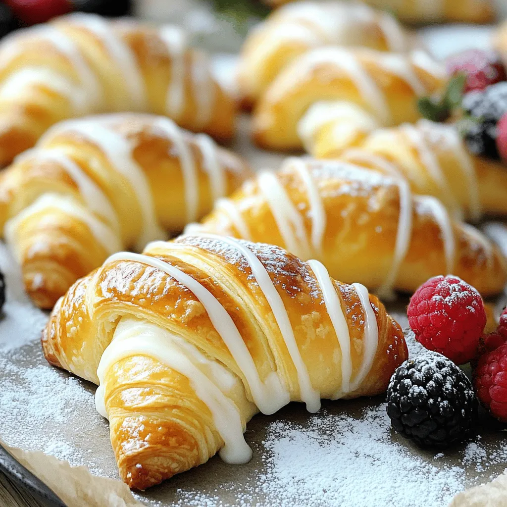 - 1 can refrigerated crescent roll dough - 8 oz cream cheese, softened - 1/4 cup granulated sugar - 1 teaspoon vanilla extract - 1 egg yolk - 1 tablespoon lemon juice - 1/2 cup powdered sugar - 1 tablespoon milk (for drizzle) - Fresh berries (for garnish, optional) I love using canned crescent roll dough for these danishes. It saves time and effort. The cream cheese filling is rich and creamy. You mix cream cheese with sugar, vanilla, egg yolk, and lemon juice. This blend gives the danishes a lovely taste. The lemon juice adds brightness to the filling. You can adjust the sugar to match your taste. The powdered sugar and milk make a nice drizzle. It adds sweetness and looks great on top. Fresh berries on the side are a fun, colorful touch. - Lemon zest or orange zest - Chocolate chips - Nuts (e.g., chopped pecans or almonds) If you want to mix things up, try some optional ingredients. Lemon or orange zest can add a nice twist. Chocolate chips make it extra special for chocolate lovers. Nuts give a crunchy texture that contrasts well with the soft filling. You can get creative and find what you like best! - Preheat oven to 375°F (190°C). - Line a baking sheet with parchment paper. - Beat cream cheese mixture until smooth. To start, preheat your oven to 375°F (190°C). This will help the danishes bake evenly. Next, line a baking sheet with parchment paper. This step keeps the danishes from sticking and makes cleanup easy. In a medium bowl, beat the softened cream cheese with the sugar, vanilla, egg yolk, and lemon juice. Mix until it is creamy and smooth. - Unroll and separate crescent roll dough into triangles. - Spoon cream cheese mixture onto triangle centers. - Roll and seal the dough around the filling. Now, let’s assemble! Carefully unroll the crescent roll dough. You will see that it separates into triangles. Place 1-2 tablespoons of the cream cheese mixture in the center of each triangle. Starting from the wide end, roll the dough toward the pointed end. Make sure to pinch the edges well so the filling does not leak out. - Place on baking sheet and bake for 12-15 minutes. - Cool slightly before drizzling icing. Place your formed danishes on the lined baking sheet. Make sure to space them apart. Bake in the preheated oven for 12-15 minutes. You want them to turn golden brown. Once baked, let them cool for a few minutes. Then, mix the powdered sugar with milk to make a drizzle. Drizzle this icing over each danish for a sweet touch. Enjoy! - Use softened cream cheese for a smoother filling. - Avoid overfilling to prevent leakage during baking. - Pinch edges securely for best results. To make the perfect crescent cheese danish, you need to follow a few simple tips. First, using softened cream cheese helps create a creamy filling. Soft cream cheese blends easily with sugar and flavorings. This way, your filling stays smooth and tasty. Next, be careful with how much filling you use. If you add too much, the filling may leak out while baking. A tablespoon or two should be just right. This keeps your danishes looking neat and beautiful. Finally, make sure to pinch the edges tightly. This step keeps the filling locked inside. It also gives your pastries a lovely shape that looks great on your table. - Pair with fresh berries or a side of fruit. - Serve warm for best flavor. When it comes to serving these danishes, think about adding fresh berries. Strawberries, blueberries, or raspberries make great choices. They add color and flavor that everyone will love. You can also serve them with a side of fruit salad for a fresh touch. For the best taste, serve your danishes warm. The warm pastry and creamy filling create a delightful experience. You can drizzle the icing right before serving. This will make them even more tempting! {{image_2}} You can easily change up the flavors in your crescent cheese danishes. Here are three tasty ideas: - Lemon Cream Cheese Danishes: Add lemon zest and replace the lemon juice with more zest. This gives a bright and refreshing taste. - Chocolate Crescent Danishes: Mix in chocolate chips into the cream cheese filling. This makes a rich and sweet treat that chocolate lovers will adore. - Nutty Cream Cheese Danishes: Add chopped nuts like pecans or almonds to the filling. This adds a nice crunch and depth of flavor. Crescent cheese danishes can fit many diets. Here are a few options: - Gluten-free crescent rolls: Use gluten-free dough to make these danishes suitable for those with gluten allergies. Many brands offer gluten-free options that taste great. - Vegan cream cheese alternatives: Swap regular cream cheese for a vegan version. Use plant-based cream cheese made from nuts or soy for a dairy-free treat. Feel free to get creative with these variations. They keep your danishes fun and exciting! To keep your crescent cheese danishes fresh, store them in an airtight container in the fridge. This helps maintain their flavor and texture. Enjoy them within 2-3 days for the best taste. After that, they may lose their charm. When you want to enjoy your danishes again, reheat them in the oven or microwave. For the oven, set it to 350°F (175°C) and bake for about 5-8 minutes. This keeps the pastry crispy and warm. If you use a microwave, heat them in short bursts of 15-20 seconds, checking often. Enjoy every bite of your delightful treat! Yes, you can prepare the filling in advance. This way, when you are ready to bake, you only need to assemble and bake. It saves time and makes serving easy. Store the filling tightly covered in the fridge. Look for a golden brown color and a slight puffing of the dough. This shows they are light and flaky. A good rule is to bake them for 12 to 15 minutes. Yes, they can be frozen before or after baking. Just ensure proper storage. Use an airtight container or freezer bag. When you are ready to eat, thaw them in the fridge and reheat. You can add fruits, jams, or spices to customize the filling. Try blueberries, strawberries, or even some cinnamon. This makes each danish unique and fun to eat. Serve warm with a dusting of powdered sugar and fresh berries, as mentioned in the Full Recipe. This adds a nice touch and makes the danishes look pretty. Enjoy with a cup of coffee or tea! To sum up, we explored how to make delicious Crescent Cheese Danishes with simple steps. We talked about key ingredients, preparation, baking tips, serving ideas, and variations to suit different tastes. Remember, you can make them your own with fruit, chocolate, or nuts. These danishes are perfect for any occasion. Enjoy these treats fresh and warm for the best flavor! Happy baking!