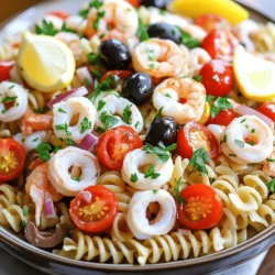 To make a delightful seafood pasta salad, gather these fresh ingredients: - Seafood options: - 1 cup cooked shrimp, peeled and deveined - 1 cup cooked calamari rings - Pasta type and quantity: - 8 oz fusilli pasta (or any pasta of choice) - Fresh vegetables and herbs: - 1 cup cherry tomatoes, halved - 1/2 cup black olives, sliced - 1/4 cup red onion, finely chopped - 1/4 cup fresh parsley, chopped - Dressing components: - 1/4 cup mayonnaise - 2 tablespoons lemon juice - 1 tablespoon olive oil - 1 teaspoon Dijon mustard - Salt and pepper to taste These ingredients come together to create a refreshing and light dish. You can easily customize the seafood to your liking. Try adding crab or even scallops for a different twist. Fresh herbs like basil or cilantro can also elevate the flavors. This seafood pasta salad is perfect for warm days or gatherings. Check out the Full Recipe for more detailed steps to assemble this dish! Start by boiling water in a large pot. Add a good amount of salt. This helps the pasta taste better. Next, add your fusilli pasta. Cook it according to the package instructions. Aim for al dente, which means it should be firm but not hard. To check, taste a piece before draining. After cooking, drain the pasta and rinse it under cold water. This cools it down and stops the cooking process. If your shrimp and calamari are not cooked yet, sauté them in a skillet. Heat a splash of olive oil over medium heat. Cook the shrimp for 3-5 minutes until they turn pink. For calamari, cook until it is opaque and tender. Be careful not to overcook, as it can become rubbery. Once done, set the seafood aside to cool. In a small bowl, mix mayonnaise, lemon juice, olive oil, and Dijon mustard. Use a whisk to blend everything until smooth. This dressing adds creaminess and a zesty flavor to your salad. For extra flavor, taste and add salt and pepper as needed. In a large mixing bowl, combine the cooked pasta, shrimp, calamari, cherry tomatoes, black olives, red onion, and parsley. Pour the dressing over the top. Gently toss everything together. Make sure each piece is coated well with the dressing. Finally, cover the salad and chill it in the refrigerator for at least 30 minutes. Chilling helps the flavors mix and makes it taste better. For the Full Recipe, check out the instructions above. Enjoy the process of creating this seafood pasta salad! To make your seafood pasta salad shine, focus on the right balance. Aim for equal parts seafood and pasta. This keeps each bite flavorful. If you want extra crunch, add chopped bell peppers or celery. Both add a refreshing bite that complements the seafood well. You can play with the dressing to fit your taste. For a healthier option, swap mayonnaise for Greek yogurt. It adds creaminess with less fat. Consider flavor profiles too. You can spice things up with chili flakes or fresh herbs like basil or dill for a garden-fresh taste. This adds depth and makes the salad more interesting. For more details, check the Full Recipe to see how these tips come together in the dish. {{image_2}} You can use many seafood options for your salad. Shrimp and calamari are popular, but don't stop there. Try using tuna or crab for a different taste. Both add a nice flavor and texture. If you want a vegetarian option, consider chickpeas or tofu. They provide protein and absorb flavors well. Sometimes you may want to switch up your pasta. Gluten-free pasta options are great for those with allergies. You can find rice, corn, or quinoa pasta in stores. These choices work well in this salad. Another option is whole grain pasta. It adds fiber and a nutty taste. Lastly, try vegetable-based pasta made from zucchini or spinach for a fresh twist. These alternatives can make your salad unique and healthy. To keep your seafood pasta salad fresh, store it properly. First, place the salad in an airtight container. This keeps moisture out and helps maintain flavor. Always refrigerate the salad right after serving. The cool temperature slows down spoilage. The shelf life of your pasta salad is about three days in the fridge. After that, the seafood may not taste good. If you see any signs of spoilage, like an off smell or discoloration, throw it away. Should you reheat seafood pasta salad? Most people enjoy it cold. However, if you prefer it warm, you can do so. Just be careful not to overheat it. To refresh the salad after storage, add a splash of lemon juice and a drizzle of olive oil. This brightens the flavors. Toss gently to mix. You can also add fresh herbs for a pop of taste. For the full recipe, refer to the earlier section. Yes, you can use frozen seafood. Just make sure to thaw it properly. The best way to thaw seafood is to place it in the fridge overnight. If you're short on time, you can also run it under cold water for about 30 minutes. After thawing, pat it dry with a paper towel. This helps to remove excess moisture. To add some heat, consider using red pepper flakes. You can mix them into the dressing or sprinkle them on top. Another great option is to add diced jalapeños or a splash of hot sauce. If you like a smoky flavor, try adding chipotle powder to the dressing. These options can give your salad a fun kick! Serve the salad in a large bowl for sharing. You can garnish it with extra parsley and lemon wedges for a fresh look. A colorful platter always catches the eye! If you want to impress, serve it in individual bowls with a sprig of parsley on top. This makes it easy for guests to enjoy their own portion. To keep pasta from sticking, add salt to the boiling water. This helps the pasta cook evenly. Cook the pasta until it is al dente. After draining, rinse it under cold water to stop cooking. Toss the pasta with a little olive oil right after draining. This adds flavor and keeps it from clumping together. This blog outlined how to create a delicious seafood pasta salad. We discussed the best ingredients, cooking methods, and tips to enhance flavor and texture. Remember to balance seafood and pasta for the best dish. Experiment with variations and don’t shy away from making it your own. With proper storage and reheating tips, you can enjoy this meal for days. Dive in and savor every bite of your creation!
