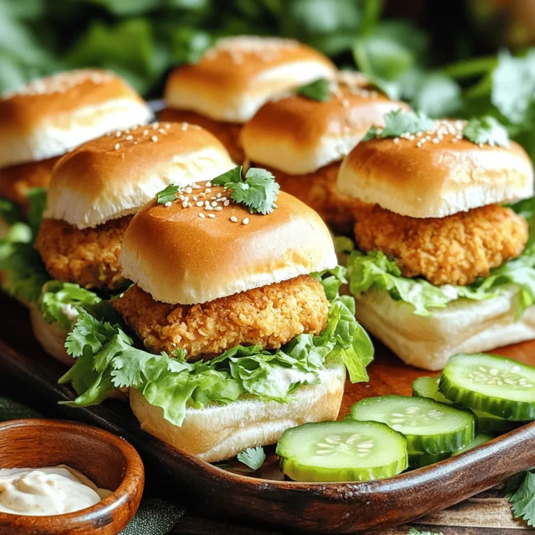 - 1 lb ground chicken - 1/2 cup Panko breadcrumbs - 1 tablespoon fresh ginger, grated - 2 cloves garlic, minced - 1 tablespoon soy sauce - 1 teaspoon sesame oil - 1 teaspoon chili garlic sauce - Salt and pepper to taste - 4 small slider buns - 1 cup shredded lettuce - 1/2 cup pickled cucumbers - 1/4 cup mayonnaise - 1 tablespoon sriracha (optional) - Fresh cilantro for garnish Gather these ingredients before you start. Fresh ingredients make a big difference in flavor. The ground chicken acts as the base for a juicy patty. Panko breadcrumbs help with texture and crunch. Ginger and garlic give your sliders a nice kick. Soy sauce and sesame oil add depth to the taste. The chili garlic sauce brings heat, but you can adjust it to your liking. For toppings, use shredded lettuce and pickled cucumbers for freshness. The creamy mayonnaise mixed with sriracha adds a spicy touch. Lastly, cilantro makes a perfect garnish. It adds color and a fresh taste. - Mixing bowl - Skillet - Cooking oil - Spatula Make sure you have a mixing bowl for combining the ingredients. A skillet is key for cooking the patties. Use cooking oil to prevent sticking. A spatula helps flip the patties without breaking them. These simple tools make your cooking process smooth and easy. For the full recipe, refer to the detailed instructions listed above. - In a large mixing bowl, combine the following ingredients: - 1 lb ground chicken - 1/2 cup Panko breadcrumbs - 1 tablespoon fresh ginger, grated - 2 cloves garlic, minced - 1 tablespoon soy sauce - 1 teaspoon sesame oil - 1 teaspoon chili garlic sauce - Salt and pepper to taste - Mix until all ingredients blend well. - Shape the mixture into small patties, about the size of slider buns. - You should get around four patties from this mix. - Preheat a skillet over medium heat. - Lightly grease the skillet with cooking oil. - Once hot, add the chicken patties to the skillet. - Cook for about 4-5 minutes on each side. - The patties should turn golden brown and be cooked through. - Toast the slider buns in the same skillet until lightly golden. - In a small bowl, mix mayonnaise with sriracha to make a spicy mayo. - Spread a generous amount of spicy mayo on the bottom half of each bun. - Place a chicken patty on each bun. - Top with a handful of shredded lettuce and a few slices of pickled cucumbers for crunch. - Finally, place the top half of the bun on each slider. - Garnish with fresh cilantro if you wish. Follow this guide, and you will have delicious Bang Bang Chicken Sliders ready to enjoy! For the complete list of steps and details, check the Full Recipe. To make the best Bang Bang Chicken Sliders, focus on even cooking. This ensures that every bite is juicy and tender. Here are a few tips: - Ensure patties are evenly cooked: Cook each patty for about 4-5 minutes on both sides. You want them golden brown and fully cooked through. Use a spatula to flip them carefully. This helps keep them intact. - Adjust spice levels with chili garlic sauce: If you like it spicy, add more chili garlic sauce. Start with just one teaspoon. Taste and then add more if needed. You control the heat! These sliders shine when paired with the right sides. Here are some ideas to enhance your meal: - Pair with dipping sauces and side salads: Serve with a side of extra spicy mayo for dipping. A fresh salad also balances the rich flavors of the sliders. - Consider options for meal prep and entertaining: These sliders are great for gatherings. You can make the patties ahead of time. Just cook and assemble them when guests arrive. This keeps things easy and fun! With these tips, your Bang Bang Chicken Sliders will impress everyone at the table! Enjoy the flavorful journey! {{image_2}} You can swap ground chicken for other meats. Turkey or beef sliders work great too. Both options hold flavor well and taste delicious. If you want a meatless choice, try black beans or chickpeas. They create a hearty patty and are full of protein. Just mash them and mix with your spices. You can still enjoy that bang bang flavor with any of these proteins. Adding different spices or sauces can change the whole dish. Try adding cumin for warmth or paprika for smokiness. You can also use different hot sauces to find your favorite kick. For toppings, think outside the box! Adding avocado gives creaminess, while jalapeños add a spicy crunch. Mix and match to make each slider your own. These simple tweaks can take your sliders to a whole new level! To store chicken patties in the fridge, first cool them to room temperature. Place the patties in an airtight container. They can last for up to three days. If you want to freeze sliders, wrap each one in plastic wrap. Then, place them in a freezer bag or container. They can last for up to three months. To reheat and keep the texture, use an oven or skillet. If using an oven, preheat it to 350°F (175°C). Heat for about 10-15 minutes. In a skillet, warm over medium heat for about 5 minutes on each side. This method keeps sliders crispy. Always check the internal temperature. It should reach 165°F (74°C) for safety. You can use ground turkey instead of chicken. It has a similar texture and taste. If you prefer plant-based options, try using mashed chickpeas or black beans. Both will give you a hearty slider. Yes, you can prep many parts ahead. You can mix the chicken ingredients and form patties. Store them in the fridge for up to a day. You can also make the spicy mayo earlier. Just keep it in the fridge until you're ready to use it. The spice level can change based on your taste. The chili garlic sauce adds heat. If you want less spice, use less sauce. You can also add more mayo to tone it down. These sliders taste great with sweet potato fries or a fresh salad. Try pairing them with a cold drink like iced tea or lemonade. They also go well with a light beer or sparkling water. You can find the full recipe [here](#). It has all the details you need to make these delicious sliders. In this post, I shared a fun way to make Bang Bang Chicken Sliders. I covered ingredients, tools, and step-by-step instructions to ensure your sliders come out great. Remember to mix the chicken well and cook the patties until golden. You can make these sliders your own with different toppings and spice levels. Lastly, keep leftovers stored properly for future meals. Enjoy trying this recipe and feel free to explore variations for your taste!