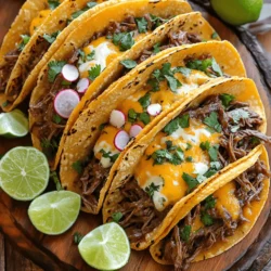 To make delicious Crock Pot Birria Tacos, you need the right ingredients. Here is what you will need: - 2 pounds beef chuck roast, trimmed and cut into large chunks - 2 cups beef broth - 4 dried guajillo chilies, stems and seeds removed - 2 dried ancho chilies, stems and seeds removed - 1 onion, quartered - 4 cloves garlic, minced - 12 corn tortillas - 2 cups shredded mozzarella or Chihuahua cheese These main ingredients create a rich, tasty filling for your tacos. The beef chuck roast cooks perfectly in the Crock Pot. It becomes tender and flavorful over time. Spices bring the dish to life. You will need these: - 2 teaspoons ground cumin - 1 teaspoon dried oregano - 1 teaspoon smoked paprika - ½ teaspoon ground cinnamon - Salt and pepper to taste These spices add depth to the meat. The cumin and oregano give it a warm flavor, while the smoked paprika adds a hint of smokiness. The cinnamon brings a unique twist. Garnishes make your tacos look and taste better. Consider these options: - 1/4 cup fresh cilantro, chopped (for garnish) - Lime wedges (for serving) - Sliced radishes (for garnish) Fresh cilantro adds a bright touch. Lime wedges give a zesty kick. Sliced radishes add crunch and color. Feel free to mix and match these garnishes for your perfect taco! For the full recipe, check out the details above. To start, you need to prepare the chilis. Take your dried guajillo and ancho chilis and place them in a dry skillet. Heat the skillet over medium heat. Toast the chilis for about 2-3 minutes until they smell nice. This step brings out their flavor. After that, put them in a bowl and cover them with hot water. Let them soak for about 15 minutes until they become soft. Once they are soft, drain them and set them aside for later. Next, you will make the birria sauce. Grab a blender and add the soaked chilis. Then, pour in the beef broth. Add the quartered onion and minced garlic. Now, sprinkle in the ground cumin, oregano, smoked paprika, and ground cinnamon. Don’t forget a pinch of salt and pepper to taste. Blend all these ingredients until the mixture is smooth. This sauce is full of rich flavors that will make your tacos amazing. Now it’s time to cook the beef. Place the beef chunks in the bottom of your Crock Pot. Pour the blended sauce over the beef, making sure every piece is coated. Cover the Crock Pot and cook on low for 8 hours or on high for 4 hours. You want the beef to be fork-tender. Once it's done, take the beef out of the pot. Use two forks to shred the beef into small pieces. Return the shredded beef to the pot and mix it with the sauce. Now your filling is ready for delicious tacos! To get the best flavor in your birria, use fresh ingredients. Fresh herbs and spices make a big difference. Toast the dried guajillo and ancho chilies before soaking. This step brings out their rich, smoky taste. Blend them well with the broth and spices to create a smooth sauce. Make sure to coat the beef evenly before cooking. This helps the meat soak up all the flavors. Crispy tacos are a must! To achieve this, warm the tortillas in a non-stick skillet first. This softens them and makes them easier to fold. After adding the filling, fold the tortillas and spray them lightly with cooking oil. Cook them in the skillet until golden brown. Flip them carefully to avoid spilling the filling. Keep an eye on the cooking time. Two to three minutes per side often gives the best crunch. Different meats can change the cooking time. For beef, cook on low for eight hours or high for four hours. If you use lamb, it may need a bit longer. Pork can also work well; however, it should cook for about six hours on low. Always check if the meat is fork-tender; this means it’s ready to shred. For best taste, stick with cuts that have some fat. Fat adds flavor and moisture. For a full recipe, check out the complete steps to create these delicious Crock Pot Birria Tacos. {{image_2}} You can make birria tacos without meat. Use jackfruit or mushrooms as the base. These options soak up flavors well. For the sauce, stick with the same spices and chilies. Blend them just like the original recipe. Cook the jackfruit or mushrooms until tender. This keeps the same rich taste while being plant-based. Beef is not the only choice for birria. You can try lamb or goat meat. Both give a unique twist to the dish. If you use chicken, adjust the cooking time. Chicken cooks faster, so aim for 4 hours on low. Each meat option adds its own flavor, so feel free to experiment. While corn tortillas are classic, you can switch things up. Try flour tortillas for a softer bite. If you want something different, use sweet potato or cauliflower tortillas. These options are fun and gluten-free. Each tortilla type changes the taco’s texture, making each bite exciting. To store leftover birria, let it cool first. Place the birria in an airtight container. It will stay fresh in the fridge for up to three days. Make sure to keep the broth separate if you want to enjoy it later. You can freeze birria too! Divide it into portions. Use freezer-safe bags or containers. Remove as much air as possible to prevent freezer burn. It can last up to three months in the freezer. Remember to label the bags with the date. When ready to eat, thaw the birria in the fridge overnight. To reheat, warm it on the stove over low heat. Stir occasionally to prevent sticking. If you froze the broth, add it back for extra flavor and moisture. Enjoy it hot with your crispy tacos! For the full recipe, check out the steps above. Birria tacos are a tasty Mexican dish. They feature slow-cooked meat, often beef, with rich flavors. The meat cooks in a spicy broth made from dried chilies and spices. When served, the tacos are crispy and often dipped in the broth. They are usually topped with cheese, onions, and cilantro. Many enjoy them with lime wedges for extra zest. Yes, you can use other methods. A pressure cooker works well for faster cooking. It can cut the cooking time in half. You can also use a stovetop pot. Just simmer the meat on low heat for about 3-4 hours. The goal is to make the meat tender and flavorful. Just ensure you keep the broth rich and thick. To spice up your tacos, add more dried chilies. Guajillo and ancho chilies are great options. You can also include chipotle peppers for a smoky heat. Adjust the amount based on your taste. Adding a pinch of cayenne pepper or hot sauce can also boost the heat. Just be careful not to overpower the rich flavors. In this blog post, we explored how to make delicious Crock Pot Birria Tacos. We discussed key ingredients, step-by-step instructions, and tips for the best flavor. We also covered variations, storage tips, and frequently asked questions about birria tacos. These tacos are rich in taste and fun to make. With the right ingredients and methods, you’ll enjoy tasty meals. Now, it's time to gather your ingredients and start cooking! You won't regret it.