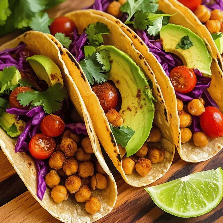 To make these spicy chickpea tacos, you need: - 1 can (15 oz) chickpeas, drained and rinsed - 2 tablespoons olive oil - 1 teaspoon ground cumin - 1 teaspoon smoked paprika - 1/2 teaspoon cayenne pepper (adjust to taste) - Salt and pepper to taste - 8 small corn or flour tortillas These ingredients give the tacos a great flavor and texture. Chickpeas are packed with protein and fiber. They make a hearty base for the tacos. You can add more to your tacos for extra taste. Here are some ideas: - 1 ripe avocado, sliced - 1/2 cup red cabbage, thinly sliced - 1/2 cup cherry tomatoes, halved - 1/4 cup fresh cilantro, chopped - Lime wedges for serving These toppings add freshness and crunch. The avocado gives a creamy touch, while the lime adds a zing. When choosing tortillas, you have options. I recommend: - Small corn tortillas for a classic taste - Flour tortillas for a softer bite Both types work well. Corn tortillas have a nice texture, while flour tortillas are easy to fold. Choose what you enjoy most! Check the Full Recipe for more details on how to prepare these tasty tacos. To start, take your can of chickpeas. Drain and rinse them well. This removes excess salt and makes them cleaner. Next, heat two tablespoons of olive oil in a medium skillet over medium heat. Once the oil is hot, add the chickpeas. Sprinkle them with one teaspoon of ground cumin, one teaspoon of smoked paprika, and half a teaspoon of cayenne pepper. You can adjust the cayenne to fit your spice level. Add salt and pepper to taste. Stir the chickpeas often for about 5 to 7 minutes. You want them hot and slightly crispy. While the chickpeas cook, it’s time to warm the tortillas. You can do this in two ways. First, place them in a dry skillet on medium heat for about 30 seconds on each side. This makes them soft and warm. Alternatively, you can wrap them in a damp paper towel and microwave them for about 20 seconds. This method also keeps them soft. Now comes the fun part! Grab your warm tortillas. Place a generous scoop of spicy chickpeas in the center of each tortilla. Next, add slices of ripe avocado, thinly sliced red cabbage, and halved cherry tomatoes. Finish by sprinkling fresh cilantro on top. Serve with lime wedges on the side. Squeeze fresh lime juice over your tacos right before you eat. This adds a zesty kick! For the full recipe, check back on the main article. To change the spice level, you can add or reduce cayenne pepper. Start with less if you prefer mild tacos. You can also mix in some sour cream or yogurt for a cooling effect. If you want more heat, add hot sauce or diced jalapeños. Each bite can match your taste! I love using canned chickpeas for this recipe. They cook quickly and are full of flavor. If you prefer dried chickpeas, soak them overnight. Then, boil them until soft. You can also roast chickpeas in the oven for a crunchy texture. Just toss them with olive oil and spices. Make your tacos look great! Use colorful toppings like red cabbage and ripe avocado. Layer the chickpeas first, then add the veggies. Serve with lime wedges on the side for a fresh touch. A sprinkle of chopped cilantro adds a nice pop. Check out the Full Recipe for more tasty ideas! {{image_2}} For a vegetarian twist, you can add black beans or lentils. These options boost protein and flavor. You can mix chickpeas with diced bell peppers or corn for added crunch. Each choice keeps the dish vibrant and tasty. If you need gluten-free options, choose corn tortillas. Corn tortillas are naturally gluten-free, making them perfect for anyone avoiding gluten. You can also serve the chickpeas over a bed of lettuce. This creates a taco salad that is fresh and light. Experiment with different spice blends for a unique taste. Try adding curry powder for a warm flavor. You can also use taco seasoning for a classic twist. If you like heat, add more cayenne or some crushed red pepper flakes. Each blend brings a new adventure to your tacos. You can find the full recipe to make these tacos and explore more. You can easily store leftover tacos in the fridge. Place the tacos in an airtight container. If you want to keep the tortillas soft, store them separately from the filling. Use them within two days for the best taste. To reheat the chickpeas, use a skillet over medium heat. Add a small splash of olive oil. Stir until they are hot and slightly crispy again. You can also microwave them in a bowl. Cover with a damp paper towel to keep moisture. Heat for about 30 seconds, checking to avoid overcooking. If you want to save for later, freeze the chickpeas. Spread them in a single layer on a baking sheet. Once they freeze solid, transfer to a freezer bag. You can freeze them for up to three months. When ready to use, thaw in the fridge overnight. Reheat as mentioned above. Don’t freeze the tortillas, as they become soggy. For the best taste, make fresh tortillas right before enjoying your tacos. Yes, you can use dried chickpeas. Just soak them overnight. After soaking, cook them until soft. This process can take a few hours. Canned chickpeas are quicker and easier. They save you time and effort. Many sides complement Spicy Chickpea Tacos. Here are some great options: - Mexican rice: It adds a tasty base. - Black beans: They boost protein and flavor. - Guacamole: It enhances creaminess and taste. - Corn salad: This adds freshness and crunch. - Salsa: It brings extra zest to your meal. The recipe is already vegan! All the ingredients are plant-based. Chickpeas, spices, and veggies make it wholesome. Just ensure your tortillas are also vegan. Check the label to be sure. Enjoy your tasty, plant-based meal! For the full recipe, check out the detailed instructions above. We covered how to make delicious spicy chickpea tacos. You learned about key ingredients, optional toppings, and ideal tortillas. I guided you through the steps for preparing, warming, and assembling your tacos. You discovered tips to adjust spice levels and present your dish nicely. We also explored fun variations, storage methods, and answered common questions. Enjoy making these tasty tacos your own. Simple swaps can lead to great meals. Happy cooking!