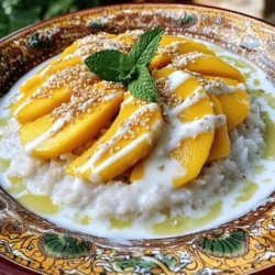 To make Tropical Mango Sticky Rice, you will need a few simple ingredients. Here’s the list: - 1 cup glutinous rice (sticky rice) - 1 1/2 cups coconut milk - 1/2 cup sugar - 1/4 teaspoon salt - 2 ripe mangoes, peeled and sliced - 2 tablespoons toasted sesame seeds (for garnish) - Fresh mint leaves (for garnish) Glutinous rice is key for the perfect sticky texture. Coconut milk adds rich flavor and creaminess. Sugar balances the creaminess with sweetness. The salt enhances the dish's overall taste. Always choose ripe mangoes for the best flavor. Toasted sesame seeds add a nice crunch. Fresh mint leaves brighten the dish with a pop of color and flavor. When you gather these ingredients, your Tropical Mango Sticky Rice will be delightful. For the complete preparation method, check out the Full Recipe. - Rinse the glutinous rice. - Soak the rice for optimal texture. To prepare the rice, first, rinse the glutinous rice under cold water. You want to rinse until the water runs clear. This step removes excess starch. It helps the rice become soft and sticky. Next, soak the rinsed rice in water. I suggest soaking it for at least 4 hours. For the best results, soak it overnight. This gives the rice time to absorb water. It will cook more evenly and be tender. - Steaming the soaked rice. - Tips for perfect steaming. After soaking, drain the rice. You will now steam it. Use a steamer lined with cheesecloth or parchment paper. Steam the rice for about 30 to 40 minutes. You will know it is ready when it is tender. Keep an eye on the water level in the steamer. Add more water if needed. This ensures the rice cooks well without burning. - Combining coconut milk, sugar, and salt. - Ensuring the right consistency. While the rice steams, it's time to make the coconut sauce. Combine coconut milk, sugar, and salt in a saucepan. Use medium heat and stir until the sugar dissolves. Make sure it does not boil. You want a smooth sauce with a creamy texture. Remove it from heat once it's ready. - Mixing the coconut milk with rice. - Layering with sliced mango. Once the rice is cooked, transfer it to a mixing bowl. Drizzle about 1 cup of the coconut milk mixture over the rice. Gently fold the rice to mix in the coconut milk. Let it sit for 15 minutes. This allows the rice to absorb the flavors. To serve, place a portion of the sticky rice on a plate. Layer it with sliced mangoes on top. Drizzle extra coconut milk over everything. For a finishing touch, sprinkle with toasted sesame seeds and add fresh mint leaves. Enjoy your Tropical Mango Sticky Rice! For the full recipe, check the earlier section. To make the best Tropical Mango Sticky Rice, you need ripe mangoes. Look for mangoes that yield slightly when you gently press them. They should have a sweet scent. The best mango varieties for this dish are the Ataulfo and Haden. Ataulfo mangoes are creamy and sweet, while Haden mangoes offer a mix of sweetness and tang. To get the right texture, soak glutinous rice for at least 4 hours. You can soak it overnight for even better results. This step helps the rice absorb water. When you cook the rice, steam it for 30 to 40 minutes. Make sure the rice is tender but not mushy. Use a steamer lined with cheesecloth or parchment paper for the best result. For a beautiful serving, use a banana leaf or a nice plate. Place a mound of sticky rice in the center. Layer it with the sliced mangoes. Drizzle some coconut milk over the top for a glossy look. For garnishing, sprinkle toasted sesame seeds and add fresh mint leaves. This adds color and freshness, making your dish pop. {{image_2}} You can enhance the taste of your coconut milk. Adding pandan leaves gives a nice herbal note. Simply steep the leaves in the coconut milk while heating. Another option is to add vanilla extract for a sweet aroma. You might also try alternative sweeteners like honey or agave. These can change the flavor and sweetness level. Mango is classic, but you can switch it up! Try using other seasonal fruits. Pineapple or kiwi adds a nice zing. You could also use berries like strawberries or blueberries for a pop of color. Mixing fruits not only changes the taste but also makes your dish look beautiful. If you need vegan options, stick with the current recipe. The ingredients are already vegan! However, if you have a nut allergy, be careful with coconut milk. You can use soy milk or oat milk instead. These substitutes keep the dish creamy and delicious while meeting your dietary needs. To keep your sticky rice fresh, store it in an airtight container. This helps prevent it from drying out. You can place the mango slices in a separate container. They will stay fresh longer this way. Make sure to keep everything in the fridge. Consume leftovers within three days for the best taste. To reheat sticky rice, use a microwave or a steamer. If using a microwave, place the rice in a bowl and sprinkle a bit of water on top. Cover it loosely and heat in short bursts. Check every 30 seconds to avoid overheating. For steaming, put the rice in a steamer and steam for about 10 minutes. This method helps keep the rice soft and fluffy. Tropical Mango Sticky Rice comes from Thailand. It is a well-loved dessert there. This dish holds cultural significance, often seen at festivals and special events. In Thailand, many people enjoy it as a sweet treat. You can find different versions across the country, each with unique flavors and styles. For example, some regions may add a hint of pandan leaf for extra aroma. Regular rice won’t work well in this recipe. Glutinous rice, also known as sticky rice, has a high starch content. This gives the dish its famous chewy texture. Using regular rice will lead to a different texture and taste. You’ll miss out on the signature stickiness that makes this dish so delightful. The ingredients for this recipe are naturally gluten-free. Just be sure to choose a gluten-free soy sauce if you want to add it. Avoid any sauces or additives that may contain gluten. For the best results, stick to fresh ingredients like mango and coconut milk, which are safe and tasty options. Yes, you can prepare some parts ahead of time. Cook the sticky rice and store it in the fridge overnight. Keep the coconut sauce separate until you are ready to serve. This helps keep the texture right. When you’re ready, just warm the rice and mix in the sauce. Enjoy it fresh for the best flavor. Tropical mango sticky rice is a delightful dish that combines sweet flavors and sticky textures. We covered the key ingredients, preparation methods, and tips for perfect results. You can customize flavors and fruits to suit your taste. Storage and reheating tips ensure you enjoy leftovers at their best. This dish not only brings joy but also tells a cultural story. Follow these steps and savor the real taste of Thailand. Enjoy making this easy and delicious treat!
