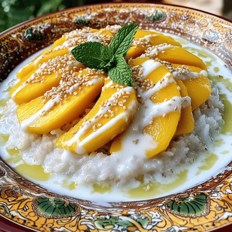 To make Tropical Mango Sticky Rice, you will need a few simple ingredients. Here’s the list: - 1 cup glutinous rice (sticky rice) - 1 1/2 cups coconut milk - 1/2 cup sugar - 1/4 teaspoon salt - 2 ripe mangoes, peeled and sliced - 2 tablespoons toasted sesame seeds (for garnish) - Fresh mint leaves (for garnish) Glutinous rice is key for the perfect sticky texture. Coconut milk adds rich flavor and creaminess. Sugar balances the creaminess with sweetness. The salt enhances the dish's overall taste. Always choose ripe mangoes for the best flavor. Toasted sesame seeds add a nice crunch. Fresh mint leaves brighten the dish with a pop of color and flavor. When you gather these ingredients, your Tropical Mango Sticky Rice will be delightful. For the complete preparation method, check out the Full Recipe. - Rinse the glutinous rice. - Soak the rice for optimal texture. To prepare the rice, first, rinse the glutinous rice under cold water. You want to rinse until the water runs clear. This step removes excess starch. It helps the rice become soft and sticky. Next, soak the rinsed rice in water. I suggest soaking it for at least 4 hours. For the best results, soak it overnight. This gives the rice time to absorb water. It will cook more evenly and be tender. - Steaming the soaked rice. - Tips for perfect steaming. After soaking, drain the rice. You will now steam it. Use a steamer lined with cheesecloth or parchment paper. Steam the rice for about 30 to 40 minutes. You will know it is ready when it is tender. Keep an eye on the water level in the steamer. Add more water if needed. This ensures the rice cooks well without burning. - Combining coconut milk, sugar, and salt. - Ensuring the right consistency. While the rice steams, it's time to make the coconut sauce. Combine coconut milk, sugar, and salt in a saucepan. Use medium heat and stir until the sugar dissolves. Make sure it does not boil. You want a smooth sauce with a creamy texture. Remove it from heat once it's ready. - Mixing the coconut milk with rice. - Layering with sliced mango. Once the rice is cooked, transfer it to a mixing bowl. Drizzle about 1 cup of the coconut milk mixture over the rice. Gently fold the rice to mix in the coconut milk. Let it sit for 15 minutes. This allows the rice to absorb the flavors. To serve, place a portion of the sticky rice on a plate. Layer it with sliced mangoes on top. Drizzle extra coconut milk over everything. For a finishing touch, sprinkle with toasted sesame seeds and add fresh mint leaves. Enjoy your Tropical Mango Sticky Rice! For the full recipe, check the earlier section. To make the best Tropical Mango Sticky Rice, you need ripe mangoes. Look for mangoes that yield slightly when you gently press them. They should have a sweet scent. The best mango varieties for this dish are the Ataulfo and Haden. Ataulfo mangoes are creamy and sweet, while Haden mangoes offer a mix of sweetness and tang. To get the right texture, soak glutinous rice for at least 4 hours. You can soak it overnight for even better results. This step helps the rice absorb water. When you cook the rice, steam it for 30 to 40 minutes. Make sure the rice is tender but not mushy. Use a steamer lined with cheesecloth or parchment paper for the best result. For a beautiful serving, use a banana leaf or a nice plate. Place a mound of sticky rice in the center. Layer it with the sliced mangoes. Drizzle some coconut milk over the top for a glossy look. For garnishing, sprinkle toasted sesame seeds and add fresh mint leaves. This adds color and freshness, making your dish pop. {{image_2}} You can enhance the taste of your coconut milk. Adding pandan leaves gives a nice herbal note. Simply steep the leaves in the coconut milk while heating. Another option is to add vanilla extract for a sweet aroma. You might also try alternative sweeteners like honey or agave. These can change the flavor and sweetness level. Mango is classic, but you can switch it up! Try using other seasonal fruits. Pineapple or kiwi adds a nice zing. You could also use berries like strawberries or blueberries for a pop of color. Mixing fruits not only changes the taste but also makes your dish look beautiful. If you need vegan options, stick with the current recipe. The ingredients are already vegan! However, if you have a nut allergy, be careful with coconut milk. You can use soy milk or oat milk instead. These substitutes keep the dish creamy and delicious while meeting your dietary needs. To keep your sticky rice fresh, store it in an airtight container. This helps prevent it from drying out. You can place the mango slices in a separate container. They will stay fresh longer this way. Make sure to keep everything in the fridge. Consume leftovers within three days for the best taste. To reheat sticky rice, use a microwave or a steamer. If using a microwave, place the rice in a bowl and sprinkle a bit of water on top. Cover it loosely and heat in short bursts. Check every 30 seconds to avoid overheating. For steaming, put the rice in a steamer and steam for about 10 minutes. This method helps keep the rice soft and fluffy. Tropical Mango Sticky Rice comes from Thailand. It is a well-loved dessert there. This dish holds cultural significance, often seen at festivals and special events. In Thailand, many people enjoy it as a sweet treat. You can find different versions across the country, each with unique flavors and styles. For example, some regions may add a hint of pandan leaf for extra aroma. Regular rice won’t work well in this recipe. Glutinous rice, also known as sticky rice, has a high starch content. This gives the dish its famous chewy texture. Using regular rice will lead to a different texture and taste. You’ll miss out on the signature stickiness that makes this dish so delightful. The ingredients for this recipe are naturally gluten-free. Just be sure to choose a gluten-free soy sauce if you want to add it. Avoid any sauces or additives that may contain gluten. For the best results, stick to fresh ingredients like mango and coconut milk, which are safe and tasty options. Yes, you can prepare some parts ahead of time. Cook the sticky rice and store it in the fridge overnight. Keep the coconut sauce separate until you are ready to serve. This helps keep the texture right. When you’re ready, just warm the rice and mix in the sauce. Enjoy it fresh for the best flavor. Tropical mango sticky rice is a delightful dish that combines sweet flavors and sticky textures. We covered the key ingredients, preparation methods, and tips for perfect results. You can customize flavors and fruits to suit your taste. Storage and reheating tips ensure you enjoy leftovers at their best. This dish not only brings joy but also tells a cultural story. Follow these steps and savor the real taste of Thailand. Enjoy making this easy and delicious treat!