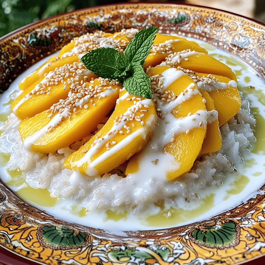 To make Tropical Mango Sticky Rice, you will need a few simple ingredients. Here’s the list: - 1 cup glutinous rice (sticky rice) - 1 1/2 cups coconut milk - 1/2 cup sugar - 1/4 teaspoon salt - 2 ripe mangoes, peeled and sliced - 2 tablespoons toasted sesame seeds (for garnish) - Fresh mint leaves (for garnish) Glutinous rice is key for the perfect sticky texture. Coconut milk adds rich flavor and creaminess. Sugar balances the creaminess with sweetness. The salt enhances the dish's overall taste. Always choose ripe mangoes for the best flavor. Toasted sesame seeds add a nice crunch. Fresh mint leaves brighten the dish with a pop of color and flavor. When you gather these ingredients, your Tropical Mango Sticky Rice will be delightful. For the complete preparation method, check out the Full Recipe. - Rinse the glutinous rice. - Soak the rice for optimal texture. To prepare the rice, first, rinse the glutinous rice under cold water. You want to rinse until the water runs clear. This step removes excess starch. It helps the rice become soft and sticky. Next, soak the rinsed rice in water. I suggest soaking it for at least 4 hours. For the best results, soak it overnight. This gives the rice time to absorb water. It will cook more evenly and be tender. - Steaming the soaked rice. - Tips for perfect steaming. After soaking, drain the rice. You will now steam it. Use a steamer lined with cheesecloth or parchment paper. Steam the rice for about 30 to 40 minutes. You will know it is ready when it is tender. Keep an eye on the water level in the steamer. Add more water if needed. This ensures the rice cooks well without burning. - Combining coconut milk, sugar, and salt. - Ensuring the right consistency. While the rice steams, it's time to make the coconut sauce. Combine coconut milk, sugar, and salt in a saucepan. Use medium heat and stir until the sugar dissolves. Make sure it does not boil. You want a smooth sauce with a creamy texture. Remove it from heat once it's ready. - Mixing the coconut milk with rice. - Layering with sliced mango. Once the rice is cooked, transfer it to a mixing bowl. Drizzle about 1 cup of the coconut milk mixture over the rice. Gently fold the rice to mix in the coconut milk. Let it sit for 15 minutes. This allows the rice to absorb the flavors. To serve, place a portion of the sticky rice on a plate. Layer it with sliced mangoes on top. Drizzle extra coconut milk over everything. For a finishing touch, sprinkle with toasted sesame seeds and add fresh mint leaves. Enjoy your Tropical Mango Sticky Rice! For the full recipe, check the earlier section. To make the best Tropical Mango Sticky Rice, you need ripe mangoes. Look for mangoes that yield slightly when you gently press them. They should have a sweet scent. The best mango varieties for this dish are the Ataulfo and Haden. Ataulfo mangoes are creamy and sweet, while Haden mangoes offer a mix of sweetness and tang. To get the right texture, soak glutinous rice for at least 4 hours. You can soak it overnight for even better results. This step helps the rice absorb water. When you cook the rice, steam it for 30 to 40 minutes. Make sure the rice is tender but not mushy. Use a steamer lined with cheesecloth or parchment paper for the best result. For a beautiful serving, use a banana leaf or a nice plate. Place a mound of sticky rice in the center. Layer it with the sliced mangoes. Drizzle some coconut milk over the top for a glossy look. For garnishing, sprinkle toasted sesame seeds and add fresh mint leaves. This adds color and freshness, making your dish pop. {{image_2}} You can enhance the taste of your coconut milk. Adding pandan leaves gives a nice herbal note. Simply steep the leaves in the coconut milk while heating. Another option is to add vanilla extract for a sweet aroma. You might also try alternative sweeteners like honey or agave. These can change the flavor and sweetness level. Mango is classic, but you can switch it up! Try using other seasonal fruits. Pineapple or kiwi adds a nice zing. You could also use berries like strawberries or blueberries for a pop of color. Mixing fruits not only changes the taste but also makes your dish look beautiful. If you need vegan options, stick with the current recipe. The ingredients are already vegan! However, if you have a nut allergy, be careful with coconut milk. You can use soy milk or oat milk instead. These substitutes keep the dish creamy and delicious while meeting your dietary needs. To keep your sticky rice fresh, store it in an airtight container. This helps prevent it from drying out. You can place the mango slices in a separate container. They will stay fresh longer this way. Make sure to keep everything in the fridge. Consume leftovers within three days for the best taste. To reheat sticky rice, use a microwave or a steamer. If using a microwave, place the rice in a bowl and sprinkle a bit of water on top. Cover it loosely and heat in short bursts. Check every 30 seconds to avoid overheating. For steaming, put the rice in a steamer and steam for about 10 minutes. This method helps keep the rice soft and fluffy. Tropical Mango Sticky Rice comes from Thailand. It is a well-loved dessert there. This dish holds cultural significance, often seen at festivals and special events. In Thailand, many people enjoy it as a sweet treat. You can find different versions across the country, each with unique flavors and styles. For example, some regions may add a hint of pandan leaf for extra aroma. Regular rice won’t work well in this recipe. Glutinous rice, also known as sticky rice, has a high starch content. This gives the dish its famous chewy texture. Using regular rice will lead to a different texture and taste. You’ll miss out on the signature stickiness that makes this dish so delightful. The ingredients for this recipe are naturally gluten-free. Just be sure to choose a gluten-free soy sauce if you want to add it. Avoid any sauces or additives that may contain gluten. For the best results, stick to fresh ingredients like mango and coconut milk, which are safe and tasty options. Yes, you can prepare some parts ahead of time. Cook the sticky rice and store it in the fridge overnight. Keep the coconut sauce separate until you are ready to serve. This helps keep the texture right. When you’re ready, just warm the rice and mix in the sauce. Enjoy it fresh for the best flavor. Tropical mango sticky rice is a delightful dish that combines sweet flavors and sticky textures. We covered the key ingredients, preparation methods, and tips for perfect results. You can customize flavors and fruits to suit your taste. Storage and reheating tips ensure you enjoy leftovers at their best. This dish not only brings joy but also tells a cultural story. Follow these steps and savor the real taste of Thailand. Enjoy making this easy and delicious treat!
