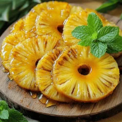 - 1 whole fresh pineapple, peeled and cored - 1/4 cup honey - 2 tablespoons brown sugar - 1 teaspoon cinnamon - 1 tablespoon fresh lime juice - Pinch of salt - Fresh mint leaves for garnish To make roasted pineapple with honey glaze, you need fresh and simple ingredients. Start with a whole fresh pineapple. Look for one that feels heavy and smells sweet. The honey adds natural sweetness. Brown sugar helps create that lovely caramel crust. Cinnamon gives warmth, while lime juice adds a zesty kick. A pinch of salt brings out all the flavors. Finally, fresh mint leaves make a great garnish. You can find the full recipe details further down. This treat is easy to make and is perfect for any meal or snack. Enjoy the process of gathering these ingredients, and remember to choose the best quality. This will make your roasted pineapple taste even better! - Preheat your oven to 400°F (200°C). - Cut the pineapple into thick slices or wedges. Start by heating your oven. This step is key for caramelizing the sugars in the pineapple. While the oven warms, grab your fresh pineapple. Use a sharp knife to slice away the skin, then remove the core. Cut the fruit into thick, even slices. This helps cook them evenly. - Whisk together honey, brown sugar, cinnamon, lime juice, and salt. Next, we make the honey glaze. In a small bowl, combine honey, brown sugar, cinnamon, lime juice, and salt. Use a whisk to blend these ingredients well. You want a smooth mixture that will coat the pineapple slices nicely. The glaze adds a sweet and zesty flavor to the fruit. - Brush honey mixture on pineapple slices. - Roast for 20-25 minutes, flipping halfway. Now, it’s time to roast! Place the pineapple slices on a baking sheet lined with parchment paper. Use a brush to apply the honey glaze generously over each slice. Make sure to coat both sides for full flavor. Place the baking sheet in the oven. Roast the pineapple for about 20-25 minutes. Flip the slices halfway through cooking. This ensures they caramelize well on both sides. Check for tenderness and a beautiful golden color when done. For the full recipe, follow along with the details above! To choose a ripe pineapple, look for a golden color. The top leaves should be green and fresh. A ripe pineapple also gives a little when you press on it. Freshness is key to flavor. A fresh pineapple tastes sweet and juicy. If it feels hard, it may be unripe. If it smells sour, it is overripe. Always choose a pineapple that is firm and fragrant. Adjusting sweetness levels can help fit your taste. If you want a sweeter glaze, add more honey or sugar. For a less sweet option, cut back on those ingredients. You can also swap honey with maple syrup for a unique flavor. Agave nectar is another good choice if you want a vegan option. Just remember that different sweeteners may change the taste. Roasted pineapple pairs well with many dishes. You can serve it as a dessert or with main courses like grilled chicken. It also works great in salads. For a fun twist, try using it in tacos or on pizza. When it comes to presentation, slice the pineapple into fun shapes. Garnish with fresh mint leaves for color. You can even drizzle extra honey on top to impress your guests. For the full recipe, check out the details above! {{image_2}} You can make roasted pineapple even better. Try adding ginger or vanilla extract to the honey glaze. Ginger gives a warm spice, while vanilla adds a sweet, rich note. Both flavors mix well with the pineapple's natural sweetness. You can also use other spices. Nutmeg or allspice can bring unique flavors. A sprinkle of cardamom can add an exotic twist. Experiment with these spices to find your favorite mix. Grilling pineapple changes the flavor and texture. Grilling gives it a smoky taste that pairs well with the sweetness. If you prefer, you can roast it in the oven, which is easy and quick. Using a stovetop skillet is another option. Heat the skillet over medium heat and add the pineapple slices. Cook until caramelized on both sides. This method is just as tasty and adds a lovely char. If you want a vegan dish, replace honey with maple syrup or agave nectar. Both options keep it sweet and plant-based. They will still give you that sticky glaze. For low-sugar options, you can cut back on honey and brown sugar. Use a sugar substitute or reduce the amount of glaze. The pineapple's natural sweetness is strong enough to shine through. For the full recipe, check out the detailed instructions above! Store leftover roasted pineapple in an airtight container. This keeps it fresh for 3 to 5 days. Make sure the pineapple has cooled down before sealing. Keeping it covered helps avoid drying out. If you see any moisture in the container, use a paper towel to absorb it. This prevents sogginess and keeps the flavor strong. To freeze roasted pineapple, let it cool completely. Cut it into small pieces for easy use later. Place the pieces in a freezer-safe bag or container. Remove as much air as possible to prevent freezer burn. You can store them for up to 3 months. When you’re ready to use them, just thaw in the fridge overnight. Reheat roasted pineapple in the oven for the best results. Set your oven to 350°F (175°C) and warm for about 10 minutes. If you want to avoid sogginess, do not cover it while reheating. You can also use a skillet on low heat for quick warming. Just be careful not to overheat it, as it can lose its nice texture. To cut a pineapple, start by slicing off the top and bottom. This helps the fruit stand firm. Next, stand it upright. Use a sharp knife to cut down the sides. Remove the tough, spiky skin. Make sure to cut deep enough to get rid of the eyes. Once peeled, slice the fruit lengthwise into quarters, then remove the core. Finally, cut the quarters into thick slices or wedges. This method keeps your hands safe and gives you nice pieces. Yes, you can use canned pineapple. However, it will taste different. Canned pineapple often has added sugar and a softer texture. When you roast it, it may not caramelize like fresh pineapple. Fresh pineapple gives a bright, juicy flavor that shines when roasted. If you choose canned, look for ones packed in juice, not syrup, for a better taste. The roasted pineapple is done when it shows signs of caramelization. Look for a golden-brown color. The edges may even char slightly. The pineapple should feel tender when you poke it with a fork. If it has a sweet smell wafting through your kitchen, it’s likely just right! Trust your senses; they are your best guide. Roasted pineapple goes well with many dishes. You can serve it with grilled meat or fish. It also tastes great on top of yogurt or ice cream. Try it in salads for a sweet twist. You might also enjoy it with pancakes or waffles for breakfast. For a fun drink, blend it into a smoothie. The options are endless and delicious! Roasting pineapple creates a sweet and tasty treat. We covered selecting ripe fruit, making a honey glaze, and roasting it perfectly. You can play with flavors and even adjust for dietary needs. Remember to store leftovers properly to keep them fresh. Enjoy your roasted pineapple as a snack or with other dishes. This simple yet delicious recipe will impress your family and friends. Try it today and savor the flavors!