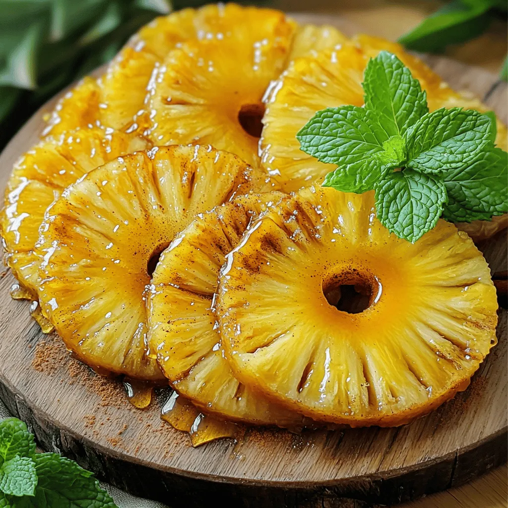 - 1 whole fresh pineapple, peeled and cored - 1/4 cup honey - 2 tablespoons brown sugar - 1 teaspoon cinnamon - 1 tablespoon fresh lime juice - Pinch of salt - Fresh mint leaves for garnish To make roasted pineapple with honey glaze, you need fresh and simple ingredients. Start with a whole fresh pineapple. Look for one that feels heavy and smells sweet. The honey adds natural sweetness. Brown sugar helps create that lovely caramel crust. Cinnamon gives warmth, while lime juice adds a zesty kick. A pinch of salt brings out all the flavors. Finally, fresh mint leaves make a great garnish. You can find the full recipe details further down. This treat is easy to make and is perfect for any meal or snack. Enjoy the process of gathering these ingredients, and remember to choose the best quality. This will make your roasted pineapple taste even better! - Preheat your oven to 400°F (200°C). - Cut the pineapple into thick slices or wedges. Start by heating your oven. This step is key for caramelizing the sugars in the pineapple. While the oven warms, grab your fresh pineapple. Use a sharp knife to slice away the skin, then remove the core. Cut the fruit into thick, even slices. This helps cook them evenly. - Whisk together honey, brown sugar, cinnamon, lime juice, and salt. Next, we make the honey glaze. In a small bowl, combine honey, brown sugar, cinnamon, lime juice, and salt. Use a whisk to blend these ingredients well. You want a smooth mixture that will coat the pineapple slices nicely. The glaze adds a sweet and zesty flavor to the fruit. - Brush honey mixture on pineapple slices. - Roast for 20-25 minutes, flipping halfway. Now, it’s time to roast! Place the pineapple slices on a baking sheet lined with parchment paper. Use a brush to apply the honey glaze generously over each slice. Make sure to coat both sides for full flavor. Place the baking sheet in the oven. Roast the pineapple for about 20-25 minutes. Flip the slices halfway through cooking. This ensures they caramelize well on both sides. Check for tenderness and a beautiful golden color when done. For the full recipe, follow along with the details above! To choose a ripe pineapple, look for a golden color. The top leaves should be green and fresh. A ripe pineapple also gives a little when you press on it. Freshness is key to flavor. A fresh pineapple tastes sweet and juicy. If it feels hard, it may be unripe. If it smells sour, it is overripe. Always choose a pineapple that is firm and fragrant. Adjusting sweetness levels can help fit your taste. If you want a sweeter glaze, add more honey or sugar. For a less sweet option, cut back on those ingredients. You can also swap honey with maple syrup for a unique flavor. Agave nectar is another good choice if you want a vegan option. Just remember that different sweeteners may change the taste. Roasted pineapple pairs well with many dishes. You can serve it as a dessert or with main courses like grilled chicken. It also works great in salads. For a fun twist, try using it in tacos or on pizza. When it comes to presentation, slice the pineapple into fun shapes. Garnish with fresh mint leaves for color. You can even drizzle extra honey on top to impress your guests. For the full recipe, check out the details above! {{image_2}} You can make roasted pineapple even better. Try adding ginger or vanilla extract to the honey glaze. Ginger gives a warm spice, while vanilla adds a sweet, rich note. Both flavors mix well with the pineapple's natural sweetness. You can also use other spices. Nutmeg or allspice can bring unique flavors. A sprinkle of cardamom can add an exotic twist. Experiment with these spices to find your favorite mix. Grilling pineapple changes the flavor and texture. Grilling gives it a smoky taste that pairs well with the sweetness. If you prefer, you can roast it in the oven, which is easy and quick. Using a stovetop skillet is another option. Heat the skillet over medium heat and add the pineapple slices. Cook until caramelized on both sides. This method is just as tasty and adds a lovely char. If you want a vegan dish, replace honey with maple syrup or agave nectar. Both options keep it sweet and plant-based. They will still give you that sticky glaze. For low-sugar options, you can cut back on honey and brown sugar. Use a sugar substitute or reduce the amount of glaze. The pineapple's natural sweetness is strong enough to shine through. For the full recipe, check out the detailed instructions above! Store leftover roasted pineapple in an airtight container. This keeps it fresh for 3 to 5 days. Make sure the pineapple has cooled down before sealing. Keeping it covered helps avoid drying out. If you see any moisture in the container, use a paper towel to absorb it. This prevents sogginess and keeps the flavor strong. To freeze roasted pineapple, let it cool completely. Cut it into small pieces for easy use later. Place the pieces in a freezer-safe bag or container. Remove as much air as possible to prevent freezer burn. You can store them for up to 3 months. When you’re ready to use them, just thaw in the fridge overnight. Reheat roasted pineapple in the oven for the best results. Set your oven to 350°F (175°C) and warm for about 10 minutes. If you want to avoid sogginess, do not cover it while reheating. You can also use a skillet on low heat for quick warming. Just be careful not to overheat it, as it can lose its nice texture. To cut a pineapple, start by slicing off the top and bottom. This helps the fruit stand firm. Next, stand it upright. Use a sharp knife to cut down the sides. Remove the tough, spiky skin. Make sure to cut deep enough to get rid of the eyes. Once peeled, slice the fruit lengthwise into quarters, then remove the core. Finally, cut the quarters into thick slices or wedges. This method keeps your hands safe and gives you nice pieces. Yes, you can use canned pineapple. However, it will taste different. Canned pineapple often has added sugar and a softer texture. When you roast it, it may not caramelize like fresh pineapple. Fresh pineapple gives a bright, juicy flavor that shines when roasted. If you choose canned, look for ones packed in juice, not syrup, for a better taste. The roasted pineapple is done when it shows signs of caramelization. Look for a golden-brown color. The edges may even char slightly. The pineapple should feel tender when you poke it with a fork. If it has a sweet smell wafting through your kitchen, it’s likely just right! Trust your senses; they are your best guide. Roasted pineapple goes well with many dishes. You can serve it with grilled meat or fish. It also tastes great on top of yogurt or ice cream. Try it in salads for a sweet twist. You might also enjoy it with pancakes or waffles for breakfast. For a fun drink, blend it into a smoothie. The options are endless and delicious! Roasting pineapple creates a sweet and tasty treat. We covered selecting ripe fruit, making a honey glaze, and roasting it perfectly. You can play with flavors and even adjust for dietary needs. Remember to store leftovers properly to keep them fresh. Enjoy your roasted pineapple as a snack or with other dishes. This simple yet delicious recipe will impress your family and friends. Try it today and savor the flavors!