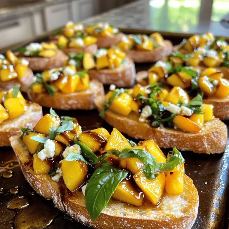 - Fresh Peaches: Choose 4 ripe peaches. They should feel soft but not mushy. Sweet peaches are key for great flavor. - Basil Leaves: Use 1 cup of fresh, chopped basil leaves. The bright green color and aroma lift this dish. - Garlic Clove: A single clove, minced. Garlic adds a nice punch that balances the sweetness of the peaches. - Balsamic Vinegar: Just 1 tablespoon. This will add a tangy depth and enhance the flavors. - Honey: Use 1 tablespoon. Honey will bring out the natural sweetness of the peaches. - Olive Oil: 1 tablespoon of good quality olive oil. It adds richness and helps blend the flavors. - Salt and Pepper: Season to taste. These simple ingredients enhance all the other flavors. - Baguette: Get one baguette, sliced into 1/2 inch pieces. The toasted baguette serves as a crunchy base. - Optional Cheese Topping: Crumbled feta or goat cheese. This adds a creamy texture and extra flavor if you choose. This simple yet vibrant mix of ingredients creates a beautiful summer dish. For the full recipe, you can refer to the earlier section. Each ingredient plays a vital role in making this bruschetta a delightful treat. Prepping the Ingredients Start by gathering your ingredients. You need four ripe peaches, fresh basil, garlic, balsamic vinegar, honey, olive oil, salt, and pepper. Dice the peaches and chop the basil leaves. Mince one garlic clove finely. This mix gives a fresh taste to your bruschetta. Combining the Peach Mixture In a mixing bowl, combine the diced peaches, chopped basil, and minced garlic. Add one tablespoon each of balsamic vinegar and honey. Drizzle in one tablespoon of olive oil. Toss gently to coat all the ingredients. Season with salt and pepper to taste. Let this mixture rest for 10-15 minutes. This step allows the flavors to blend nicely. Toasting the Baguette Preheat your oven to 400°F (200°C). Slice the baguette into 1/2 inch pieces. Arrange these slices on a baking sheet in a single layer. Brush each slice lightly with olive oil. Toast the bread in the oven for 5-7 minutes. Look for a golden color and crisp edges. Once done, remove the bread and let it cool slightly. Spoon Peach and Basil Mixture Take the peach and basil mixture and spoon it generously onto each toasted baguette slice. The colorful topping makes each piece a delight. Adding Cheese (Optional) If you want, sprinkle crumbled feta or goat cheese on top of each slice. This adds a creamy texture and rich flavor. Presentation Tips Serve the bruschetta on a nice platter. You can garnish with extra basil leaves for a pop of color. This dish looks great and tastes even better. Enjoy this Peach and Basil Bruschetta as an appetizer or snack! You can find the full recipe in our guide. Choosing the Right Peaches To make great bruschetta, start with ripe peaches. Look for peaches that are soft but not mushy. They should smell sweet and fragrant. I recommend yellow peaches for their flavor. White peaches are also good but sweeter. Always wash the peaches before cutting them. Balancing Flavors with Honey and Balsamic Honey adds sweetness, while balsamic vinegar brings a tangy kick. Use both to balance the flavors in your bruschetta. Start with one tablespoon of each. Taste the mixture before serving. Adjust the honey or balsamic if needed. This step makes a big difference. Toasting Techniques for the Bread For the best toast, slice your baguette into half-inch pieces. Brush each slice with olive oil. Place them on a baking sheet in a single layer. Toast at 400°F (200°C) for 5-7 minutes. You want them golden and crisp. Keep an eye on them, so they don’t burn. Ideal Pairings with Beverages Peach and basil bruschetta pairs well with light drinks. Try it with white wine or sparkling water. A refreshing lemonade also works. These drinks enhance the flavors in the dish and keep it light. Best Occasions for Serving This bruschetta shines at summer gatherings. Serve it at picnics, barbecues, or casual dinners. It’s also perfect for brunch with friends. People love the fresh flavors, and it’s easy to make in large batches. Garnishing Ideas For a touch of flair, add extra basil leaves on top. You can also sprinkle crumbled feta or goat cheese for creaminess. A drizzle of balsamic glaze adds visual appeal too. These garnishes not only look good but also enhance the taste. For the complete recipe, check out the Full Recipe section. {{image_2}} Substituting Other Fruits If you can't find peaches, try using ripe nectarines or plums. These fruits add a nice sweetness and juicy texture. You can also try strawberries or mangoes for a fun twist. Herb Variations beyond Basil Basil shines in this recipe, but other herbs work too. Try mint for a refreshing taste. Cilantro can add a unique flair to your bruschetta. Each herb gives a different vibe to the dish. Different Bread Choices While a baguette is classic, feel free to mix it up. Use whole grain bread for added fiber. Ciabatta offers a chewy texture, while crostini brings an extra crunch. Each bread choice changes the bite and flavor. Gluten-Free Options To make this dish gluten-free, swap the baguette with gluten-free bread. Many brands offer great options that taste delicious. You won’t lose any flavor while still enjoying your bruschetta. Vegan Modifications To make this recipe vegan, skip the cheese or use a plant-based alternative. Nutritional yeast can give a cheesy taste without dairy. The rest of the ingredients are already vegan-friendly. Low-Sugar Adjustments If you want a low-sugar version, reduce the honey. You can also try using agave syrup or a sugar substitute. This way, you keep the dish tasty without too much sweetness. Explore the full recipe for more details on preparing this Peach and Basil Bruschetta. - Storing Leftover Peach Mixture: If you have leftover peach mixture, place it in an airtight container. This keeps it fresh for up to three days in your fridge. The flavors will deepen as it sits. Just be sure to give it a gentle stir before using again. - Keeping Toasted Baguette Fresh: Toasted baguette slices are best enjoyed fresh. If you must store them, let them cool completely. Then, place them in a paper bag, not plastic. This helps avoid sogginess. You can keep them at room temperature for a day. - Combining for Meal Prep: When prepping for a gathering, store the peach mixture and toasted baguette separately. This keeps the bread crispy. You can assemble them just before serving for the best taste and texture. - How to Best Reheat Toasted Baguette: If you need to reheat the toasted baguette, preheat your oven to 350°F (175°C). Place the slices on a baking sheet and warm them for about 5 minutes. This helps regain their crispness. - Avoiding Soggy Bruschetta: To avoid soggy bruschetta, do not add the peach mixture to the toasted bread until you are ready to serve. The moisture from the peaches can make the bread soft if it sits too long. Enjoy your bruschetta fresh for the best experience! For the complete recipe of Peach and Basil Bruschetta, visit the [Full Recipe]. How to make Peach and Basil Bruschetta? To make Peach and Basil Bruschetta, you start by gathering the ingredients. You need ripe peaches, fresh basil, garlic, balsamic vinegar, honey, olive oil, salt, pepper, and a baguette. First, preheat your oven to 400°F (200°C). Then, combine the diced peaches, chopped basil, minced garlic, balsamic vinegar, honey, and olive oil in a bowl. Toss everything gently. Season with salt and pepper. Let this mixture sit for about 10-15 minutes. While it sits, slice the baguette and brush each slice with olive oil. Toast these in the oven for 5-7 minutes until golden. Finally, spoon the peach mixture onto the toasted baguette slices. If you want, add crumbled feta or goat cheese on top. Serve it right away to enjoy the best flavors. What can I serve with Peach and Basil Bruschetta? Peach and Basil Bruschetta makes a great appetizer. It pairs well with light drinks like white wine or sparkling water. You can serve it at summer parties or picnics. For a complete meal, add a fresh salad or grilled veggies on the side. This dish also works well as a snack for movie nights. How long does the peach mixture last in the fridge? The peach mixture will stay fresh for about 2 days in the fridge. Store it in an airtight container to keep it from drying out. After two days, the peaches may become too soft, and the flavors might change. Can I use canned peaches? Yes, you can use canned peaches if fresh ones aren’t available. Just make sure to drain them well before using. Canned peaches can be softer, so handle them gently. They might also be sweeter, so adjust the honey in your recipe as needed. What’s the best way to ripen peaches quickly? If your peaches are hard, you can ripen them quickly. Place them in a paper bag at room temperature. Adding an apple or banana to the bag helps. These fruits release ethylene gas, speeding up the ripening process. Check them daily until they feel soft. This blog post showed how to make peach and basil bruschetta. We covered ingredients, step-by-step prep, and helpful tips. You learned about serving ideas and variations to fit any diet. Bruschetta is easy to prepare and fun to share. With fresh peaches, basil, and a little creativity, you can impress anyone. Try these ideas at your next gathering or enjoy them at home. Happy cooking!
