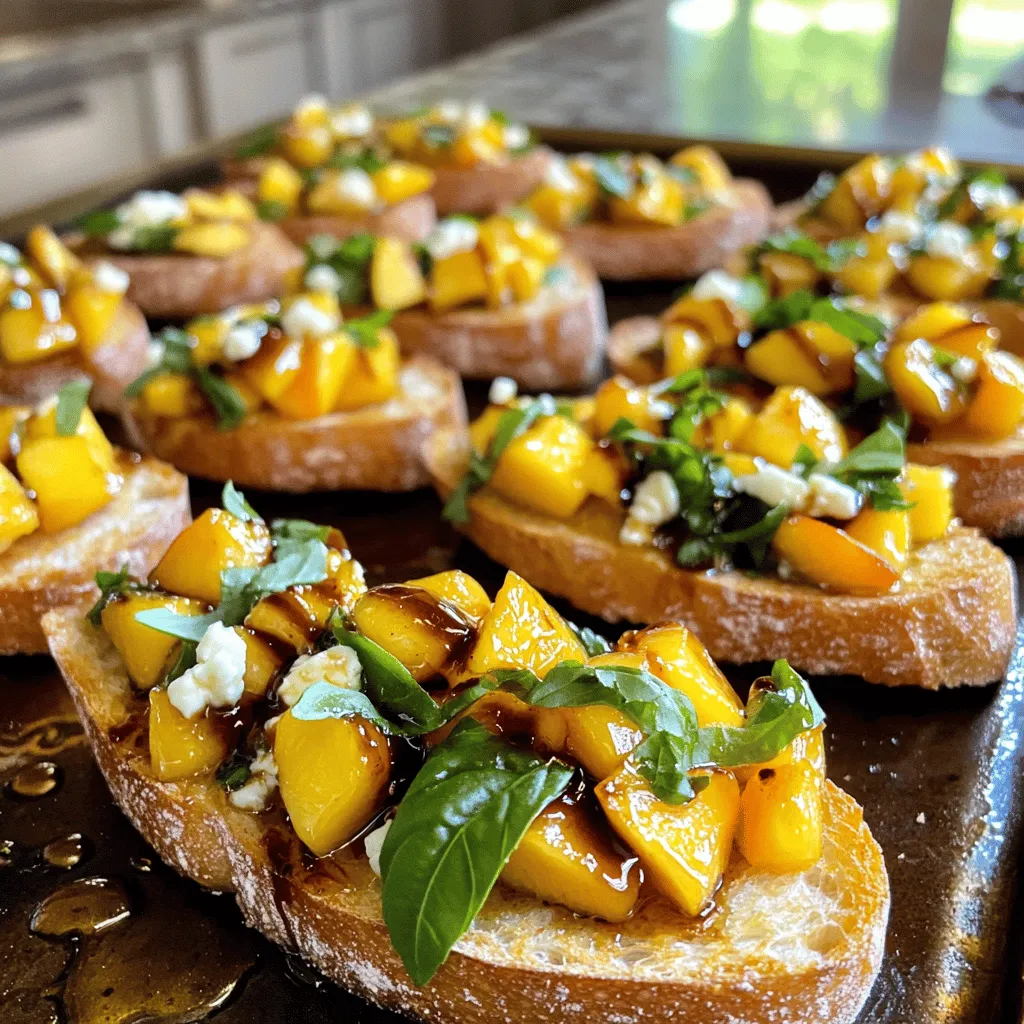 - Fresh Peaches: Choose 4 ripe peaches. They should feel soft but not mushy. Sweet peaches are key for great flavor. - Basil Leaves: Use 1 cup of fresh, chopped basil leaves. The bright green color and aroma lift this dish. - Garlic Clove: A single clove, minced. Garlic adds a nice punch that balances the sweetness of the peaches. - Balsamic Vinegar: Just 1 tablespoon. This will add a tangy depth and enhance the flavors. - Honey: Use 1 tablespoon. Honey will bring out the natural sweetness of the peaches. - Olive Oil: 1 tablespoon of good quality olive oil. It adds richness and helps blend the flavors. - Salt and Pepper: Season to taste. These simple ingredients enhance all the other flavors. - Baguette: Get one baguette, sliced into 1/2 inch pieces. The toasted baguette serves as a crunchy base. - Optional Cheese Topping: Crumbled feta or goat cheese. This adds a creamy texture and extra flavor if you choose. This simple yet vibrant mix of ingredients creates a beautiful summer dish. For the full recipe, you can refer to the earlier section. Each ingredient plays a vital role in making this bruschetta a delightful treat. Prepping the Ingredients Start by gathering your ingredients. You need four ripe peaches, fresh basil, garlic, balsamic vinegar, honey, olive oil, salt, and pepper. Dice the peaches and chop the basil leaves. Mince one garlic clove finely. This mix gives a fresh taste to your bruschetta. Combining the Peach Mixture In a mixing bowl, combine the diced peaches, chopped basil, and minced garlic. Add one tablespoon each of balsamic vinegar and honey. Drizzle in one tablespoon of olive oil. Toss gently to coat all the ingredients. Season with salt and pepper to taste. Let this mixture rest for 10-15 minutes. This step allows the flavors to blend nicely. Toasting the Baguette Preheat your oven to 400°F (200°C). Slice the baguette into 1/2 inch pieces. Arrange these slices on a baking sheet in a single layer. Brush each slice lightly with olive oil. Toast the bread in the oven for 5-7 minutes. Look for a golden color and crisp edges. Once done, remove the bread and let it cool slightly. Spoon Peach and Basil Mixture Take the peach and basil mixture and spoon it generously onto each toasted baguette slice. The colorful topping makes each piece a delight. Adding Cheese (Optional) If you want, sprinkle crumbled feta or goat cheese on top of each slice. This adds a creamy texture and rich flavor. Presentation Tips Serve the bruschetta on a nice platter. You can garnish with extra basil leaves for a pop of color. This dish looks great and tastes even better. Enjoy this Peach and Basil Bruschetta as an appetizer or snack! You can find the full recipe in our guide. Choosing the Right Peaches To make great bruschetta, start with ripe peaches. Look for peaches that are soft but not mushy. They should smell sweet and fragrant. I recommend yellow peaches for their flavor. White peaches are also good but sweeter. Always wash the peaches before cutting them. Balancing Flavors with Honey and Balsamic Honey adds sweetness, while balsamic vinegar brings a tangy kick. Use both to balance the flavors in your bruschetta. Start with one tablespoon of each. Taste the mixture before serving. Adjust the honey or balsamic if needed. This step makes a big difference. Toasting Techniques for the Bread For the best toast, slice your baguette into half-inch pieces. Brush each slice with olive oil. Place them on a baking sheet in a single layer. Toast at 400°F (200°C) for 5-7 minutes. You want them golden and crisp. Keep an eye on them, so they don’t burn. Ideal Pairings with Beverages Peach and basil bruschetta pairs well with light drinks. Try it with white wine or sparkling water. A refreshing lemonade also works. These drinks enhance the flavors in the dish and keep it light. Best Occasions for Serving This bruschetta shines at summer gatherings. Serve it at picnics, barbecues, or casual dinners. It’s also perfect for brunch with friends. People love the fresh flavors, and it’s easy to make in large batches. Garnishing Ideas For a touch of flair, add extra basil leaves on top. You can also sprinkle crumbled feta or goat cheese for creaminess. A drizzle of balsamic glaze adds visual appeal too. These garnishes not only look good but also enhance the taste. For the complete recipe, check out the Full Recipe section. {{image_2}} Substituting Other Fruits If you can't find peaches, try using ripe nectarines or plums. These fruits add a nice sweetness and juicy texture. You can also try strawberries or mangoes for a fun twist. Herb Variations beyond Basil Basil shines in this recipe, but other herbs work too. Try mint for a refreshing taste. Cilantro can add a unique flair to your bruschetta. Each herb gives a different vibe to the dish. Different Bread Choices While a baguette is classic, feel free to mix it up. Use whole grain bread for added fiber. Ciabatta offers a chewy texture, while crostini brings an extra crunch. Each bread choice changes the bite and flavor. Gluten-Free Options To make this dish gluten-free, swap the baguette with gluten-free bread. Many brands offer great options that taste delicious. You won’t lose any flavor while still enjoying your bruschetta. Vegan Modifications To make this recipe vegan, skip the cheese or use a plant-based alternative. Nutritional yeast can give a cheesy taste without dairy. The rest of the ingredients are already vegan-friendly. Low-Sugar Adjustments If you want a low-sugar version, reduce the honey. You can also try using agave syrup or a sugar substitute. This way, you keep the dish tasty without too much sweetness. Explore the full recipe for more details on preparing this Peach and Basil Bruschetta. - Storing Leftover Peach Mixture: If you have leftover peach mixture, place it in an airtight container. This keeps it fresh for up to three days in your fridge. The flavors will deepen as it sits. Just be sure to give it a gentle stir before using again. - Keeping Toasted Baguette Fresh: Toasted baguette slices are best enjoyed fresh. If you must store them, let them cool completely. Then, place them in a paper bag, not plastic. This helps avoid sogginess. You can keep them at room temperature for a day. - Combining for Meal Prep: When prepping for a gathering, store the peach mixture and toasted baguette separately. This keeps the bread crispy. You can assemble them just before serving for the best taste and texture. - How to Best Reheat Toasted Baguette: If you need to reheat the toasted baguette, preheat your oven to 350°F (175°C). Place the slices on a baking sheet and warm them for about 5 minutes. This helps regain their crispness. - Avoiding Soggy Bruschetta: To avoid soggy bruschetta, do not add the peach mixture to the toasted bread until you are ready to serve. The moisture from the peaches can make the bread soft if it sits too long. Enjoy your bruschetta fresh for the best experience! For the complete recipe of Peach and Basil Bruschetta, visit the [Full Recipe]. How to make Peach and Basil Bruschetta? To make Peach and Basil Bruschetta, you start by gathering the ingredients. You need ripe peaches, fresh basil, garlic, balsamic vinegar, honey, olive oil, salt, pepper, and a baguette. First, preheat your oven to 400°F (200°C). Then, combine the diced peaches, chopped basil, minced garlic, balsamic vinegar, honey, and olive oil in a bowl. Toss everything gently. Season with salt and pepper. Let this mixture sit for about 10-15 minutes. While it sits, slice the baguette and brush each slice with olive oil. Toast these in the oven for 5-7 minutes until golden. Finally, spoon the peach mixture onto the toasted baguette slices. If you want, add crumbled feta or goat cheese on top. Serve it right away to enjoy the best flavors. What can I serve with Peach and Basil Bruschetta? Peach and Basil Bruschetta makes a great appetizer. It pairs well with light drinks like white wine or sparkling water. You can serve it at summer parties or picnics. For a complete meal, add a fresh salad or grilled veggies on the side. This dish also works well as a snack for movie nights. How long does the peach mixture last in the fridge? The peach mixture will stay fresh for about 2 days in the fridge. Store it in an airtight container to keep it from drying out. After two days, the peaches may become too soft, and the flavors might change. Can I use canned peaches? Yes, you can use canned peaches if fresh ones aren’t available. Just make sure to drain them well before using. Canned peaches can be softer, so handle them gently. They might also be sweeter, so adjust the honey in your recipe as needed. What’s the best way to ripen peaches quickly? If your peaches are hard, you can ripen them quickly. Place them in a paper bag at room temperature. Adding an apple or banana to the bag helps. These fruits release ethylene gas, speeding up the ripening process. Check them daily until they feel soft. This blog post showed how to make peach and basil bruschetta. We covered ingredients, step-by-step prep, and helpful tips. You learned about serving ideas and variations to fit any diet. Bruschetta is easy to prepare and fun to share. With fresh peaches, basil, and a little creativity, you can impress anyone. Try these ideas at your next gathering or enjoy them at home. Happy cooking!