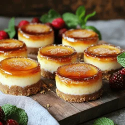 To make mini crème brûlée cheesecakes, you will need these key ingredients: - 1 cup graham cracker crumbs - 2 tablespoons granulated sugar - 4 tablespoons unsalted butter, melted - 16 ounces cream cheese, softened - 1 cup granulated sugar - 2 large eggs - 1 teaspoon vanilla extract - 1/2 cup heavy cream - 1/4 cup brown sugar (for topping) These ingredients come together to create a rich and creamy cheesecake with a delightful crunchy top. You can add a touch of freshness with these optional garnishes: - Fresh berries - Mint leaves These garnishes not only look great but also enhance the flavor. To make these cheesecakes, gather the following equipment: - Muffin tin - Mixing bowls - Kitchen torch Having the right tools will help ensure your cheesecakes turn out perfect. You can find the full recipe in the provided link. 1. Preheat the oven to 325°F (160°C). This step helps ensure even baking. 2. Combine and form the graham cracker crust. In a medium bowl, mix the graham cracker crumbs, granulated sugar, and melted butter. Stir until it feels crumbly. 3. Press the mixture into muffin cups. Line a muffin tin with paper liners or grease it. Use about 1 tablespoon of the mixture for each muffin cup. Press it firmly to form a crust. 4. Bake the crust. Place the muffin tin in the oven and bake for 5-7 minutes. Look for a slight golden color. Remove from the oven and let it cool slightly. 1. Beat and combine cream cheese with sugar. In a large bowl, use a mixer to beat the softened cream cheese until smooth. Gradually add granulated sugar, mixing well. 2. Mix in eggs, vanilla extract, and heavy cream. Add the eggs one at a time, mixing after each. Then, add the vanilla extract and heavy cream. Mix until it is completely smooth with no lumps. 1. Fill the muffin cups. Pour the cheesecake filling over the cooled crusts. Fill each cup about 3/4 full to allow for rising. 2. Bake the cheesecakes. Place the muffin tin back in the oven. Bake for about 20-25 minutes. The centers should be set but still slightly jiggly. 3. Let cool to room temperature. Remove the tin from the oven and let it rest until cool. 4. Chill the cheesecakes. Once cooled, refrigerate the cheesecakes for at least 2 hours. For the best results, chill them overnight. Now you are ready to enjoy these delightful mini crème brûlée cheesecakes! For the full recipe, follow along with the steps above. To get a great texture, start by softening your cream cheese. This step makes it easier to mix. You can leave it out for about 30 minutes before using it. When mixing, use a hand or stand mixer. Mix the cream cheese first until it’s smooth. Then add your sugar slowly. This helps avoid lumps. Always scrape the sides of the bowl to ensure even mixing. You have two main options for caramelizing the top of your mini cheesecakes. A kitchen torch gives you precise control. Hold it close to the sugar and move it around. This method creates a nice, crispy top. If you don’t have a torch, you can use the broiler method. Place the cheesecakes in the oven on high for a few seconds. Watch closely to prevent burning. Keep the oven door slightly open to monitor closely. The best way to serve these cheesecakes is chilled. They taste fantastic when cold. A good rule is to let them chill for at least two hours. Pair your mini cheesecakes with coffee or tea. The flavors work well together. If you want extra flair, add fresh berries or mint leaves on top. These add color and a fresh taste. For a fun twist, consider serving with dessert wine. It enhances the sweetness nicely. For the complete recipe, check out the [Full Recipe]. {{image_2}} You can easily change the taste of your mini crème brûlée cheesecakes by adding different flavors. Try mixing in chocolate or fruit purees. Chocolate gives a rich taste, while fruit purees add freshness. You can also infuse your cheesecakes with almond or lemon flavors. A splash of almond extract brings a nutty warmth. A bit of lemon zest gives a bright, zesty kick. These simple changes keep your dessert fun and exciting. Switching crusts can change the whole vibe of your dessert. Instead of the usual graham cracker crust, try using cookies like Oreos or vanilla wafers. These add a unique twist and bring their own flavors. If you're looking for gluten-free options, you can use almond flour or gluten-free cookies. These options make your cheesecakes friendly for everyone. Your presentation can also have fun variations. You can use tart pans instead of muffin tins. This gives a beautiful shape and makes serving easy. Another great idea is to layer your cheesecakes with fruit compote. This adds color and enhances flavor. The mix of creamy cheesecake and fruity compote is delicious. For the full recipe, check out the details above. You can store mini crème brûlée cheesecakes in the fridge for up to five days. To keep them fresh, wrap each cheesecake tightly in plastic wrap. This helps prevent them from absorbing other smells in the fridge. If you have leftovers, a sealed container works well too. You can freeze the cheesecakes either before or after you brûlée them. If you choose to freeze them after, make sure they are fully chilled first. To thaw, move them to the fridge for a few hours or overnight. Never thaw at room temperature. Serve them cold or let them sit for a short while at room temp for best taste. These cheesecakes are safe to eat for up to a week when stored properly. Check for signs of spoilage, like an off smell or discoloration. If they look or smell bad, it’s best to toss them. Enjoy your mini crème brûlée cheesecakes while they are fresh for the best flavor! For the full recipe, check out the detailed guide. Yes, you can make these mini cheesecakes ahead of time. They taste great after chilling. You can keep them in the fridge for up to three days. This makes them perfect for parties or special occasions. Just remember to brûlée the tops right before serving for the best texture. If you lack a kitchen torch, don’t worry! You can use your oven's broiler instead. Just sprinkle brown sugar on top of the cheesecakes and place them under the broiler. Watch them closely, as they can burn quickly. It takes just a few seconds to get that nice, crispy layer. Absolutely! You can adjust the sugar in this recipe. Use less granulated sugar if you prefer a less sweet dessert. You can also substitute with natural sweeteners like honey or maple syrup. Just remember, it may change the texture and flavor a bit. This blog covers how to make mini crème brûlée cheesecakes, from ingredients to storage. You learned about the key ingredients like cream cheese and graham crackers. I shared step-by-step instructions and tips to ensure perfect texture and toppings. You can customize these treats with different flavors and crusts. Storing them properly keeps them fresh and tasty. Now, you can impress your friends and family with a delicious dessert. Enjoy creating and tweaking your own version of this delightful cheesecake!