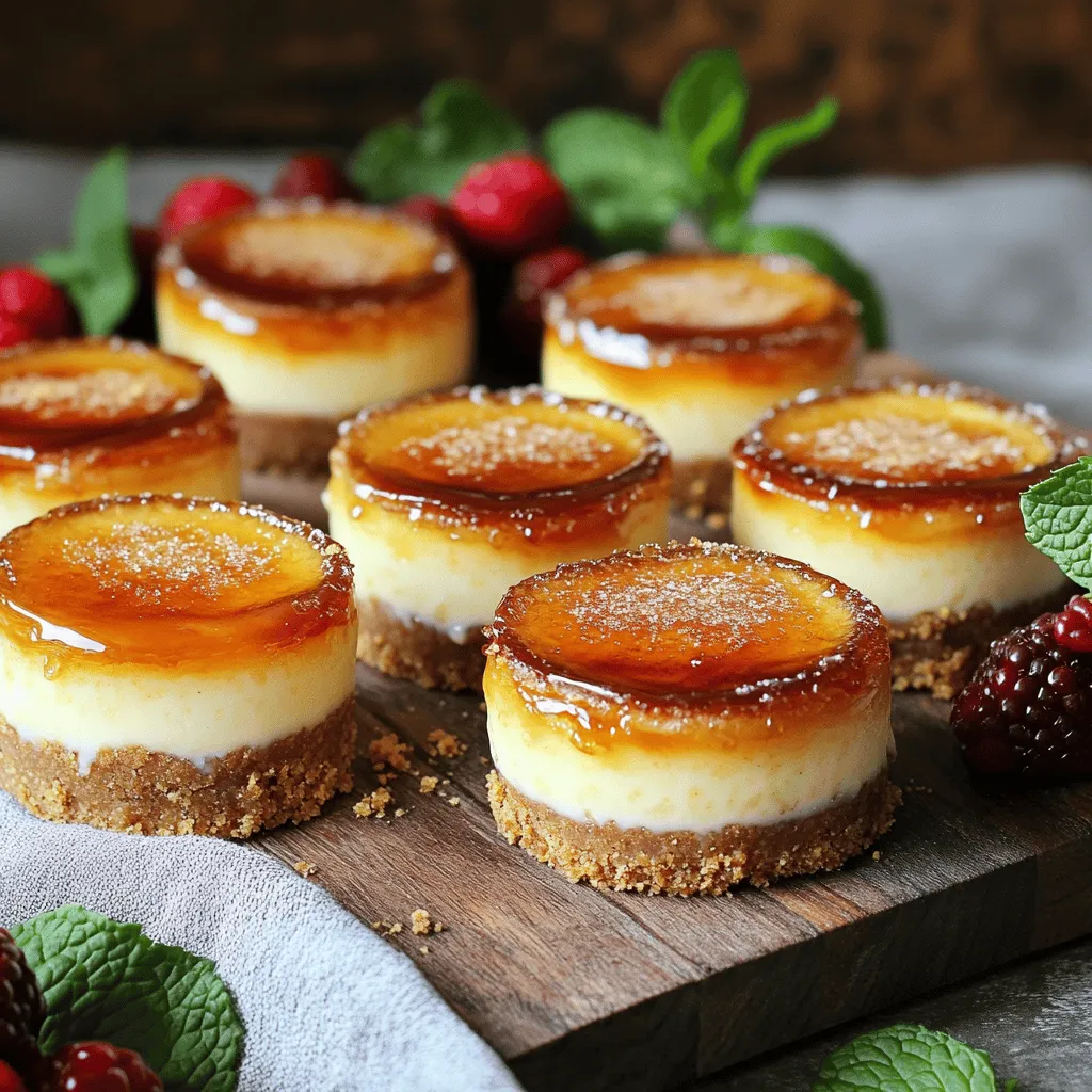 To make mini crème brûlée cheesecakes, you will need these key ingredients: - 1 cup graham cracker crumbs - 2 tablespoons granulated sugar - 4 tablespoons unsalted butter, melted - 16 ounces cream cheese, softened - 1 cup granulated sugar - 2 large eggs - 1 teaspoon vanilla extract - 1/2 cup heavy cream - 1/4 cup brown sugar (for topping) These ingredients come together to create a rich and creamy cheesecake with a delightful crunchy top. You can add a touch of freshness with these optional garnishes: - Fresh berries - Mint leaves These garnishes not only look great but also enhance the flavor. To make these cheesecakes, gather the following equipment: - Muffin tin - Mixing bowls - Kitchen torch Having the right tools will help ensure your cheesecakes turn out perfect. You can find the full recipe in the provided link. 1. Preheat the oven to 325°F (160°C). This step helps ensure even baking. 2. Combine and form the graham cracker crust. In a medium bowl, mix the graham cracker crumbs, granulated sugar, and melted butter. Stir until it feels crumbly. 3. Press the mixture into muffin cups. Line a muffin tin with paper liners or grease it. Use about 1 tablespoon of the mixture for each muffin cup. Press it firmly to form a crust. 4. Bake the crust. Place the muffin tin in the oven and bake for 5-7 minutes. Look for a slight golden color. Remove from the oven and let it cool slightly. 1. Beat and combine cream cheese with sugar. In a large bowl, use a mixer to beat the softened cream cheese until smooth. Gradually add granulated sugar, mixing well. 2. Mix in eggs, vanilla extract, and heavy cream. Add the eggs one at a time, mixing after each. Then, add the vanilla extract and heavy cream. Mix until it is completely smooth with no lumps. 1. Fill the muffin cups. Pour the cheesecake filling over the cooled crusts. Fill each cup about 3/4 full to allow for rising. 2. Bake the cheesecakes. Place the muffin tin back in the oven. Bake for about 20-25 minutes. The centers should be set but still slightly jiggly. 3. Let cool to room temperature. Remove the tin from the oven and let it rest until cool. 4. Chill the cheesecakes. Once cooled, refrigerate the cheesecakes for at least 2 hours. For the best results, chill them overnight. Now you are ready to enjoy these delightful mini crème brûlée cheesecakes! For the full recipe, follow along with the steps above. To get a great texture, start by softening your cream cheese. This step makes it easier to mix. You can leave it out for about 30 minutes before using it. When mixing, use a hand or stand mixer. Mix the cream cheese first until it’s smooth. Then add your sugar slowly. This helps avoid lumps. Always scrape the sides of the bowl to ensure even mixing. You have two main options for caramelizing the top of your mini cheesecakes. A kitchen torch gives you precise control. Hold it close to the sugar and move it around. This method creates a nice, crispy top. If you don’t have a torch, you can use the broiler method. Place the cheesecakes in the oven on high for a few seconds. Watch closely to prevent burning. Keep the oven door slightly open to monitor closely. The best way to serve these cheesecakes is chilled. They taste fantastic when cold. A good rule is to let them chill for at least two hours. Pair your mini cheesecakes with coffee or tea. The flavors work well together. If you want extra flair, add fresh berries or mint leaves on top. These add color and a fresh taste. For a fun twist, consider serving with dessert wine. It enhances the sweetness nicely. For the complete recipe, check out the [Full Recipe]. {{image_2}} You can easily change the taste of your mini crème brûlée cheesecakes by adding different flavors. Try mixing in chocolate or fruit purees. Chocolate gives a rich taste, while fruit purees add freshness. You can also infuse your cheesecakes with almond or lemon flavors. A splash of almond extract brings a nutty warmth. A bit of lemon zest gives a bright, zesty kick. These simple changes keep your dessert fun and exciting. Switching crusts can change the whole vibe of your dessert. Instead of the usual graham cracker crust, try using cookies like Oreos or vanilla wafers. These add a unique twist and bring their own flavors. If you're looking for gluten-free options, you can use almond flour or gluten-free cookies. These options make your cheesecakes friendly for everyone. Your presentation can also have fun variations. You can use tart pans instead of muffin tins. This gives a beautiful shape and makes serving easy. Another great idea is to layer your cheesecakes with fruit compote. This adds color and enhances flavor. The mix of creamy cheesecake and fruity compote is delicious. For the full recipe, check out the details above. You can store mini crème brûlée cheesecakes in the fridge for up to five days. To keep them fresh, wrap each cheesecake tightly in plastic wrap. This helps prevent them from absorbing other smells in the fridge. If you have leftovers, a sealed container works well too. You can freeze the cheesecakes either before or after you brûlée them. If you choose to freeze them after, make sure they are fully chilled first. To thaw, move them to the fridge for a few hours or overnight. Never thaw at room temperature. Serve them cold or let them sit for a short while at room temp for best taste. These cheesecakes are safe to eat for up to a week when stored properly. Check for signs of spoilage, like an off smell or discoloration. If they look or smell bad, it’s best to toss them. Enjoy your mini crème brûlée cheesecakes while they are fresh for the best flavor! For the full recipe, check out the detailed guide. Yes, you can make these mini cheesecakes ahead of time. They taste great after chilling. You can keep them in the fridge for up to three days. This makes them perfect for parties or special occasions. Just remember to brûlée the tops right before serving for the best texture. If you lack a kitchen torch, don’t worry! You can use your oven's broiler instead. Just sprinkle brown sugar on top of the cheesecakes and place them under the broiler. Watch them closely, as they can burn quickly. It takes just a few seconds to get that nice, crispy layer. Absolutely! You can adjust the sugar in this recipe. Use less granulated sugar if you prefer a less sweet dessert. You can also substitute with natural sweeteners like honey or maple syrup. Just remember, it may change the texture and flavor a bit. This blog covers how to make mini crème brûlée cheesecakes, from ingredients to storage. You learned about the key ingredients like cream cheese and graham crackers. I shared step-by-step instructions and tips to ensure perfect texture and toppings. You can customize these treats with different flavors and crusts. Storing them properly keeps them fresh and tasty. Now, you can impress your friends and family with a delicious dessert. Enjoy creating and tweaking your own version of this delightful cheesecake!
