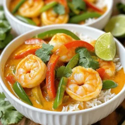 To make coconut curry shrimp, you need the following ingredients: - 1 lb large shrimp, peeled and deveined - 1 can (14 oz) coconut milk - 2 tablespoons red curry paste - 1 tablespoon fish sauce - 1 tablespoon brown sugar - 1 tablespoon olive oil - 1 small onion, finely chopped - 3 cloves garlic, minced - 1 inch ginger, grated - 1 bell pepper, sliced (red or yellow) - 1 cup snap peas or green beans - Fresh cilantro, for garnish - Cooked jasmine rice, for serving Each ingredient plays a key role in building flavor. For example, the shrimp adds protein, while coconut milk provides creaminess. You can swap fish sauce for soy sauce if you want a vegetarian option. Red curry paste brings heat and depth. Each serving of coconut curry shrimp contains about: - Calories: 350 - Protein: 25g - Fat: 20g - Carbohydrates: 25g - Fiber: 4g The shrimp offers lean protein, and coconut milk contains healthy fats. Bell peppers and snap peas add fiber and vitamins. This dish is both tasty and nutritious. Eating shrimp can help support heart health, while coconut milk may provide energy. Making coconut curry shrimp is easy and fun. You will sauté, simmer, and serve. Here are the tools you need: - Large skillet - Wooden spoon - Measuring spoons - Knife and cutting board - Serving bowls 1. First, heat the olive oil in your skillet over medium heat. This takes about 2 minutes. 2. Add the chopped onion. Sauté it for 3-4 minutes until it looks clear. 3. Next, stir in minced garlic and grated ginger. Cook this mix for 1 minute. 4. Add red curry paste and cook it for 1-2 minutes. This helps the flavors shine. 5. Now, pour in the coconut milk. Stir well to mix everything together. 6. Add fish sauce and brown sugar. Mix until you see no lumps. 7. Bring the sauce to a gentle simmer. Add the bell pepper and snap peas. Cook for about 5 minutes. 8. Finally, gently add the shrimp. Cook for 3-5 minutes. They are done when they turn pink. Check the sauce and adjust if needed. You can add more fish sauce or sugar for taste. For a great meal, serve the coconut curry shrimp over fluffy jasmine rice. Garnish with fresh cilantro. If you want, add a lime wedge on the side for extra zing. For the complete recipe, check the Full Recipe section. To avoid overcooking shrimp, watch the color closely. Shrimp cook fast. When they turn pink and opaque, they are done. Usually, it takes about 3 to 5 minutes. If you cook too long, they become tough. For ideal heat levels when sautéing, use medium heat. This allows the onion and garlic to cook evenly without burning. If the heat is too high, your shrimp may cook too fast. Keep it steady to get the best flavor. Pair your coconut curry shrimp with fluffy jasmine rice. The rice absorbs the sauce well. You could also try it with steamed broccoli or sautéed spinach. These greens add color and nutrients. For presentation, serve shrimp in a bowl over rice. Sprinkle fresh cilantro on top. Add a lime wedge to brighten the dish. This small touch makes your meal look beautiful and delicious. For the full recipe, check out the details provided earlier. {{image_2}} You can easily swap shrimp for other proteins. Tofu works great for a vegan option. Chicken is another tasty choice. Just make sure to adjust your cooking time. For veggies, think beyond bell peppers. Try zucchini, carrots, or even broccoli. Each will add a unique taste. Do you like heat? You can adjust the spice in this curry. For a milder dish, use less red curry paste. If you want it spicier, add more. You can also toss in some chili flakes or fresh chopped chili. Start slow. You can always add more, but it's hard to take heat away once it's in! Check out the full recipe for more details and tips! To store leftovers, place them in an airtight container. This keeps the dish fresh. You can refrigerate it for up to three days. If you want to keep it longer, freeze the shrimp curry. It can last for about two months in the freezer. Reheat the curry in a skillet over low heat. This method helps maintain its flavor. Stir often to heat evenly. You can also use the microwave, but be careful. Microwaving may change the texture of the shrimp. They can become tough if overheated. For best results, add a splash of coconut milk while reheating. This keeps the dish creamy. Enjoy your Coconut Curry Shrimp with jasmine rice for a delightful meal! You can find the full recipe above. Can I make Coconut Curry Shrimp ahead of time? Yes, you can prepare Coconut Curry Shrimp ahead of time. Cook the dish, then store it in an airtight container. Keep it in the fridge for up to two days. When ready to serve, gently reheat it on the stove. The flavors will blend even more with time. What can I use instead of coconut milk? If you want a substitute for coconut milk, use almond milk or soy milk. Both options work well, but they may change the flavor slightly. You can also mix unsweetened yogurt with water for a creamier texture. What drink pairs well with Coconut Curry Shrimp? A light, crisp white wine, like Sauvignon Blanc, pairs well with Coconut Curry Shrimp. If you prefer non-alcoholic options, try a coconut water or iced green tea. Both drinks will enhance the dish without overpowering it. Can I serve this dish with rice noodles instead of jasmine rice? Yes, rice noodles are a great option. They soak up the curry sauce nicely. Just cook the noodles according to the package instructions, then serve them under the shrimp and sauce. This adds a delicious twist to the meal! Is this dish gluten-free? Yes, Coconut Curry Shrimp is gluten-free. The ingredients in this recipe do not contain gluten. However, always check labels, especially for sauces, to ensure they meet dietary needs. How can I make it dairy-free? This dish is already dairy-free since it uses coconut milk. Just make sure to use dairy-free alternatives for any sides or garnishes. Fresh herbs and lime add great flavor without dairy. This blog post covered how to make Coconut Curry Shrimp. We explored key ingredients, cooking steps, and helpful tips. You learned about ingredient swaps, spice levels, and storage options. Remember, small changes can elevate your dish. Cooking should be fun and tasty, so experiment with flavors. Enjoy your delicious meal and impress others.