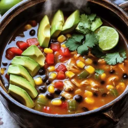 To make a tasty Southwest chicken soup, gather these ingredients: - 1 pound boneless, skinless chicken breasts (diced) - 1 tablespoon olive oil - 1 medium onion (diced) - 2 cloves garlic (minced) - 1 red bell pepper (diced) - 1 yellow bell pepper (diced) - 1 can (15 oz) black beans (rinsed and drained) - 1 can (15 oz) corn (drained) - 1 can (14.5 oz) diced tomatoes (with juice) - 4 cups chicken broth - 2 tablespoons taco seasoning - 1 teaspoon cumin - ½ teaspoon smoked paprika - Salt and pepper to taste - Fresh cilantro (for garnish) - Avocado slices (for topping) - Lime wedges (for serving) Using fresh ingredients can enhance flavor. Fresh chicken adds tenderness. Fresh peppers bring crunch. Fresh garlic gives a strong taste. However, canned ingredients save time. Canned beans and corn are quick and easy. Canned tomatoes are full of flavor and ready to use. You can mix both fresh and canned. This way, you enjoy the best of both worlds. For this soup, I recommend using taco seasoning. It adds great flavor. Cumin gives a warm, earthy taste. Smoked paprika adds a nice depth. Adjust the amount of seasoning to your taste. If you like spice, add more taco seasoning. You can also add chili powder for extra heat. These spices make the soup truly special. For garnish, fresh cilantro brightens each bowl. Avocado adds creaminess, while lime juice gives a zesty kick. This combination makes every spoonful delightful. You can find the full recipe with exact measurements and steps for preparation. First, gather all your ingredients for the soup. It makes cooking easier. You will need: - 1 pound boneless, skinless chicken breasts (diced) - 1 tablespoon olive oil - 1 medium onion (diced) - 2 cloves garlic (minced) - 1 red bell pepper (diced) - 1 yellow bell pepper (diced) - 1 can (15 oz) black beans (rinsed and drained) - 1 can (15 oz) corn (drained) - 1 can (14.5 oz) diced tomatoes (with juice) - 4 cups chicken broth - 2 tablespoons taco seasoning - 1 teaspoon cumin - ½ teaspoon smoked paprika - Salt and pepper to taste - Fresh cilantro (for garnish) - Avocado slices (for topping) - Lime wedges (for serving) Make sure to dice the chicken and chop the veggies small. This helps them cook evenly. Now, let’s cook! Heat a large pot over medium heat. Add the olive oil and let it warm. Once hot, add the diced chicken. Cook until it turns brown, about 5 to 7 minutes. Remove the chicken and set it aside. In the same pot, add the onion and garlic. Cook for about 3 to 4 minutes. You want the onion to turn soft and clear. Next, add the red and yellow bell peppers. Sauté them for another 3 to 4 minutes. This step adds great flavor. Return the chicken to the pot. Stir in the black beans, corn, diced tomatoes, chicken broth, taco seasoning, cumin, smoked paprika, salt, and pepper. Bring this mixture to a boil. Then, reduce the heat and cover the pot. Let it simmer for 20 to 25 minutes. This allows the flavors to mix well. After cooking, taste the soup. If it needs more spice, add extra taco seasoning. Serve the soup hot. Top each bowl with fresh cilantro and avocado slices. Don’t forget to squeeze lime juice over each serving. It adds a nice, fresh zing! For the complete recipe, check out the Full Recipe. Enjoy your savory Southwest chicken soup! To get the best flavor from your Southwest Chicken Soup, start with fresh ingredients. Fresh veggies like onions, peppers, and garlic give more taste than dried ones. Use good quality chicken broth for a richer base. Adding lime juice at the end brightens the flavors. Fresh cilantro on top adds a nice touch too. For extra depth, try toasting your spices before adding them. This step brings out their natural oils and enhances the taste. You can make this soup in different ways. The stovetop is quick and easy, but a slow cooker is great for a deeper flavor. If you have an Instant Pot, it cooks fast and keeps the chicken tender. - Stovetop: Cook on medium heat for about 25 minutes. - Slow Cooker: Cook on low for 6-8 hours or high for 3-4 hours. - Instant Pot: Cook on high pressure for 10 minutes, then let it release naturally. Here are some mistakes to watch for: - Overcooking the Chicken: This can make it dry. Cook just until it’s no longer pink. - Not Seasoning Enough: Taste as you go. Adjust salt, pepper, and spices to your liking. - Skipping the Garnish: Fresh herbs and lime juice really enhance the soup. Don’t skip them! - Cooking Too Fast: Letting it simmer helps the flavors blend well. Don’t rush it! For the complete recipe, check out the Full Recipe. {{image_2}} You can easily adjust this recipe for special diets. To make it gluten-free, use gluten-free chicken broth and check the taco seasoning for gluten. For a vegetarian option, skip the chicken and add more beans, like pinto or kidney beans. You can also use veggie broth instead of chicken broth. This keeps the soup full of flavor and nutrition. If you like heat, add diced jalapeños or a splash of hot sauce. You can also mix in chipotle peppers for a smoky kick. For richness, try adding cream or coconut milk. This creates a nice, creamy texture. You can also top the soup with shredded cheese or sour cream for extra flavor. Feel free to swap out ingredients based on what you have. Use ground turkey, beef, or even tofu for protein. Other veggies like zucchini or carrots work well, too. You can also add quinoa or rice for extra heartiness. This soup is versatile, so get creative! For the full recipe, check out the Spicy Southwest Chicken Soup. To store your leftover Southwest Chicken Soup, follow these easy steps. First, let the soup cool down to room temperature. This helps prevent condensation inside the container. Next, use an airtight container for storage. This keeps the soup fresh and prevents odors. You can store the soup in the fridge for up to three days. Make sure to label it with the date. This helps you keep track of how long it has been stored. Freezing soup is a great way to save it for later. To freeze your Southwest Chicken Soup, first, let it cool completely. Then, pour the soup into freezer-safe bags or containers. Leave some space at the top, as liquids expand when frozen. You can freeze the soup for up to three months. When you are ready to eat, just thaw it overnight in the fridge. This keeps the soup safe and tasty. To reheat your soup, use a pot on the stove or a microwave. If using the stove, pour the soup into a pot and heat over medium heat. Stir often to prevent it from sticking. Heat until it is hot throughout. If using a microwave, transfer the soup to a microwave-safe bowl. Heat in 1-minute intervals, stirring in between, until hot. Add a splash of chicken broth or water if the soup is too thick. Enjoy your warm and hearty meal! You can find the full recipe for this delicious soup above. Southwest Chicken Soup comes from the American Southwest. It mixes many cultures, like Mexican and Native American cuisines. This soup shows off bold flavors, fresh veggies, and spices. You will often find black beans, corn, and tomatoes in this dish. Each bite reflects the rich, warm climate of the region. Yes, you can make this soup in advance. In fact, it often tastes better the next day! The flavors blend well when it sits. You can store it in the fridge for up to three days. Just let it cool before putting it in a container. Southwest Chicken Soup lasts about three to four days in the fridge. Make sure to keep it in an airtight container. If you see any signs of spoilage, throw it out. Always trust your senses! Absolutely, you can customize the spice level! If you want it spicier, add more taco seasoning or fresh jalapeños. For a milder taste, use less seasoning or remove the spices altogether. You can also offer lime wedges for a fresh kick. Adjust it to fit your taste! You’ve learned how to make a delicious Southwest Chicken Soup. We covered the best ingredients, preparation steps, and cooking methods. I shared tips for maximizing flavor and avoiding common mistakes. You also saw how to customize your soup for different diets and preferences. Finally, we discussed the best ways to store, freeze, and reheat your soup. With this knowledge, you can confidently create a tasty meal everyone will enjoy. Try your own twists and make it your special dish!