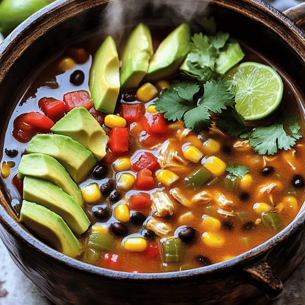 To make a tasty Southwest chicken soup, gather these ingredients: - 1 pound boneless, skinless chicken breasts (diced) - 1 tablespoon olive oil - 1 medium onion (diced) - 2 cloves garlic (minced) - 1 red bell pepper (diced) - 1 yellow bell pepper (diced) - 1 can (15 oz) black beans (rinsed and drained) - 1 can (15 oz) corn (drained) - 1 can (14.5 oz) diced tomatoes (with juice) - 4 cups chicken broth - 2 tablespoons taco seasoning - 1 teaspoon cumin - ½ teaspoon smoked paprika - Salt and pepper to taste - Fresh cilantro (for garnish) - Avocado slices (for topping) - Lime wedges (for serving) Using fresh ingredients can enhance flavor. Fresh chicken adds tenderness. Fresh peppers bring crunch. Fresh garlic gives a strong taste. However, canned ingredients save time. Canned beans and corn are quick and easy. Canned tomatoes are full of flavor and ready to use. You can mix both fresh and canned. This way, you enjoy the best of both worlds. For this soup, I recommend using taco seasoning. It adds great flavor. Cumin gives a warm, earthy taste. Smoked paprika adds a nice depth. Adjust the amount of seasoning to your taste. If you like spice, add more taco seasoning. You can also add chili powder for extra heat. These spices make the soup truly special. For garnish, fresh cilantro brightens each bowl. Avocado adds creaminess, while lime juice gives a zesty kick. This combination makes every spoonful delightful. You can find the full recipe with exact measurements and steps for preparation. First, gather all your ingredients for the soup. It makes cooking easier. You will need: - 1 pound boneless, skinless chicken breasts (diced) - 1 tablespoon olive oil - 1 medium onion (diced) - 2 cloves garlic (minced) - 1 red bell pepper (diced) - 1 yellow bell pepper (diced) - 1 can (15 oz) black beans (rinsed and drained) - 1 can (15 oz) corn (drained) - 1 can (14.5 oz) diced tomatoes (with juice) - 4 cups chicken broth - 2 tablespoons taco seasoning - 1 teaspoon cumin - ½ teaspoon smoked paprika - Salt and pepper to taste - Fresh cilantro (for garnish) - Avocado slices (for topping) - Lime wedges (for serving) Make sure to dice the chicken and chop the veggies small. This helps them cook evenly. Now, let’s cook! Heat a large pot over medium heat. Add the olive oil and let it warm. Once hot, add the diced chicken. Cook until it turns brown, about 5 to 7 minutes. Remove the chicken and set it aside. In the same pot, add the onion and garlic. Cook for about 3 to 4 minutes. You want the onion to turn soft and clear. Next, add the red and yellow bell peppers. Sauté them for another 3 to 4 minutes. This step adds great flavor. Return the chicken to the pot. Stir in the black beans, corn, diced tomatoes, chicken broth, taco seasoning, cumin, smoked paprika, salt, and pepper. Bring this mixture to a boil. Then, reduce the heat and cover the pot. Let it simmer for 20 to 25 minutes. This allows the flavors to mix well. After cooking, taste the soup. If it needs more spice, add extra taco seasoning. Serve the soup hot. Top each bowl with fresh cilantro and avocado slices. Don’t forget to squeeze lime juice over each serving. It adds a nice, fresh zing! For the complete recipe, check out the Full Recipe. Enjoy your savory Southwest chicken soup! To get the best flavor from your Southwest Chicken Soup, start with fresh ingredients. Fresh veggies like onions, peppers, and garlic give more taste than dried ones. Use good quality chicken broth for a richer base. Adding lime juice at the end brightens the flavors. Fresh cilantro on top adds a nice touch too. For extra depth, try toasting your spices before adding them. This step brings out their natural oils and enhances the taste. You can make this soup in different ways. The stovetop is quick and easy, but a slow cooker is great for a deeper flavor. If you have an Instant Pot, it cooks fast and keeps the chicken tender. - Stovetop: Cook on medium heat for about 25 minutes. - Slow Cooker: Cook on low for 6-8 hours or high for 3-4 hours. - Instant Pot: Cook on high pressure for 10 minutes, then let it release naturally. Here are some mistakes to watch for: - Overcooking the Chicken: This can make it dry. Cook just until it’s no longer pink. - Not Seasoning Enough: Taste as you go. Adjust salt, pepper, and spices to your liking. - Skipping the Garnish: Fresh herbs and lime juice really enhance the soup. Don’t skip them! - Cooking Too Fast: Letting it simmer helps the flavors blend well. Don’t rush it! For the complete recipe, check out the Full Recipe. {{image_2}} You can easily adjust this recipe for special diets. To make it gluten-free, use gluten-free chicken broth and check the taco seasoning for gluten. For a vegetarian option, skip the chicken and add more beans, like pinto or kidney beans. You can also use veggie broth instead of chicken broth. This keeps the soup full of flavor and nutrition. If you like heat, add diced jalapeños or a splash of hot sauce. You can also mix in chipotle peppers for a smoky kick. For richness, try adding cream or coconut milk. This creates a nice, creamy texture. You can also top the soup with shredded cheese or sour cream for extra flavor. Feel free to swap out ingredients based on what you have. Use ground turkey, beef, or even tofu for protein. Other veggies like zucchini or carrots work well, too. You can also add quinoa or rice for extra heartiness. This soup is versatile, so get creative! For the full recipe, check out the Spicy Southwest Chicken Soup. To store your leftover Southwest Chicken Soup, follow these easy steps. First, let the soup cool down to room temperature. This helps prevent condensation inside the container. Next, use an airtight container for storage. This keeps the soup fresh and prevents odors. You can store the soup in the fridge for up to three days. Make sure to label it with the date. This helps you keep track of how long it has been stored. Freezing soup is a great way to save it for later. To freeze your Southwest Chicken Soup, first, let it cool completely. Then, pour the soup into freezer-safe bags or containers. Leave some space at the top, as liquids expand when frozen. You can freeze the soup for up to three months. When you are ready to eat, just thaw it overnight in the fridge. This keeps the soup safe and tasty. To reheat your soup, use a pot on the stove or a microwave. If using the stove, pour the soup into a pot and heat over medium heat. Stir often to prevent it from sticking. Heat until it is hot throughout. If using a microwave, transfer the soup to a microwave-safe bowl. Heat in 1-minute intervals, stirring in between, until hot. Add a splash of chicken broth or water if the soup is too thick. Enjoy your warm and hearty meal! You can find the full recipe for this delicious soup above. Southwest Chicken Soup comes from the American Southwest. It mixes many cultures, like Mexican and Native American cuisines. This soup shows off bold flavors, fresh veggies, and spices. You will often find black beans, corn, and tomatoes in this dish. Each bite reflects the rich, warm climate of the region. Yes, you can make this soup in advance. In fact, it often tastes better the next day! The flavors blend well when it sits. You can store it in the fridge for up to three days. Just let it cool before putting it in a container. Southwest Chicken Soup lasts about three to four days in the fridge. Make sure to keep it in an airtight container. If you see any signs of spoilage, throw it out. Always trust your senses! Absolutely, you can customize the spice level! If you want it spicier, add more taco seasoning or fresh jalapeños. For a milder taste, use less seasoning or remove the spices altogether. You can also offer lime wedges for a fresh kick. Adjust it to fit your taste! You’ve learned how to make a delicious Southwest Chicken Soup. We covered the best ingredients, preparation steps, and cooking methods. I shared tips for maximizing flavor and avoiding common mistakes. You also saw how to customize your soup for different diets and preferences. Finally, we discussed the best ways to store, freeze, and reheat your soup. With this knowledge, you can confidently create a tasty meal everyone will enjoy. Try your own twists and make it your special dish!