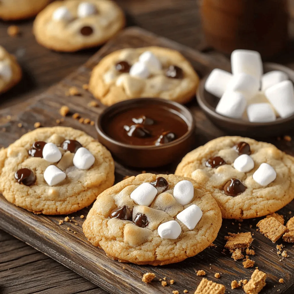 - 1 cup all-purpose flour - 1/2 teaspoon baking soda - 1/4 teaspoon salt - 1/2 cup unsalted butter, softened - 1/2 cup brown sugar, packed - 1/4 cup granulated sugar - 1 teaspoon vanilla extract - 1 large egg - 1 cup graham cracker crumbs - 1 cup semi-sweet chocolate chips - 1 cup mini marshmallows These ingredients create a chewy and sweet cookie that reminds you of classic s'mores. The all-purpose flour gives the cookie structure. Baking soda helps it rise, while salt enhances all the flavors. Softened butter adds richness and moisture. Brown sugar brings a deep, caramel flavor, while granulated sugar adds sweetness. The egg and vanilla extract bind everything together and add flavor. Graham cracker crumbs give that crunchy, toasted taste of s'mores. Semi-sweet chocolate chips melt into gooey pockets. Lastly, mini marshmallows provide that classic s'mores touch with their soft, fluffy texture. - Gluten-free flour options: You can use a gluten-free all-purpose flour blend. Look for one with xanthan gum for better texture. - Alternative sweeteners: Try coconut sugar or agave syrup for a different flavor twist. - Vegan substitutes: Replace butter with coconut oil and the egg with flaxseed meal mixed with water. These substitutions still keep the cookies tasty while catering to different diets. Feel free to mix and match to find your favorite version. For the full recipe, refer to the section above. 1. Preparing the oven and baking sheet Start by preheating your oven to 350°F (175°C). Line a baking sheet with parchment paper. This helps the cookies not stick and makes cleanup easy. 2. Mixing dry ingredients In a medium bowl, whisk together 1 cup of all-purpose flour, 1/2 teaspoon baking soda, and 1/4 teaspoon salt. This mix will give your cookies a nice rise. 3. Creaming the butter and sugars In a large bowl, cream together 1/2 cup softened unsalted butter, 1/2 cup brown sugar, and 1/4 cup granulated sugar. Beat until it’s light and fluffy. This step is key for soft cookies. 1. Incorporating the wet ingredients Add 1 teaspoon of vanilla extract and 1 large egg to the butter mix. Beat until well combined. This adds flavor and moisture to the dough. 2. Adding dry ingredients to the mixture Gradually mix the dry ingredients into the wet mixture. Be careful not to overmix. A few lumps are okay. This keeps the cookies tender. 3. Fold in chocolate chips and marshmallows Gently fold in 1 cup of semi-sweet chocolate chips and 1 cup of mini marshmallows. This is where the fun happens! Make sure they spread evenly through the dough. 1. Shaping the cookie dough Use a cookie scoop or a tablespoon to drop rounded balls of dough onto the baking sheet. Leave about 2 inches between each cookie for spreading. 2. Baking times and temperature Bake the cookies in your preheated oven for 10-12 minutes. The edges should be lightly golden, but the centers should stay soft. This balance gives you that chewy texture. 3. Cooling tips for perfect consistency Once baked, remove the cookies from the oven. Let them cool on the baking sheet for 5 minutes before moving them to a wire rack. This helps them firm up while keeping the centers soft. Enjoy your S'mores Cookies! For the complete process, check out the Full Recipe. To get soft centers in your cookies, do not overbake them. Remove them when the edges look golden. The centers will firm up as they cool. For crispy edges, use a little more butter in the dough. This adds richness and helps the edges crisp up nicely. I always use a cookie scoop for uniform size. This ensures even baking and makes them look great. For cookie storage, place your cookies in an airtight container. This keeps them fresh and soft. If you want to save cookie dough, freeze it. Use a cookie scoop to shape the dough, then freeze it on a baking sheet until solid. Once firm, transfer the dough balls to a zip-top bag. When you're ready to bake, no need to thaw. Just add a few extra minutes to the baking time. To reheat cookies, pop them in the microwave for about 10 seconds. This brings back their gooey goodness. Serve S'mores Cookies on a rustic wooden board. This adds charm and makes them inviting. Sprinkle some extra graham cracker crumbs over the top for a fun touch. You can also place a small dish of chocolate sauce and roasted marshmallows next to the cookies. This makes a great dip or topping. Pair these cookies with milk, hot cocoa, or even coffee for a delightful treat. For a twist, serve with a scoop of vanilla ice cream on the side. {{image_2}} You can make S'mores Cookies even more fun by adding different flavors. Try using various types of chocolate. Dark chocolate gives a rich taste. White chocolate adds a sweet twist. You can even mix chocolates for a unique flavor. Think about adding nuts or dried fruits to the dough. Chopped walnuts or pecans can add a nice crunch. Dried cherries or cranberries bring a burst of fruity flavor. Both options add texture and make the cookies special. Using spices can also change the taste. A pinch of cinnamon gives warmth. Mint extract offers a refreshing kick. These simple swaps can take your cookies to a new level. You can create themed S'mores Cookies for holidays. During Halloween, add orange sprinkles or candy corn. For Christmas, use red and green chocolate chips. These small changes make your cookies festive and fun. If you need to follow special diets, you can customize the recipe. For a low-carb version, use almond flour instead of all-purpose flour. Sugar substitutes like erythritol work well too. This way, everyone can enjoy S'mores Cookies without worry. You can also change the recipe to make S'mores Cookie Bars. Just press the dough into a baking pan instead of scooping cookies. This way, you get a chewy bar that’s easy to cut and share. When baking cookie bars, the time may differ. Bake for about 20-25 minutes at the same temperature. Keep an eye on them. You want the edges to be golden but the center to stay soft. Let them cool in the pan before cutting into squares. For the full recipe, check out the S'mores Cookies section above. To keep your cookies fresh, use a tight container. Glass jars work well. Plastic containers can also keep air out. Layer parchment paper between cookies to avoid sticking. Store cookies at room temperature for best taste. To freeze baked cookies, wait until they cool. Place cookies in a single layer on a tray. Freeze them for about two hours. Once firm, transfer cookies to a freezer bag. This helps keep them fresh. To freeze cookie dough, scoop dough balls onto a tray. Freeze until solid, then place in a freezer bag. Label the bag with the date. S'mores cookies last about one week at room temperature. You can extend their life by freezing them. Look for signs of staleness like hard edges or dry texture. If they smell off or taste stale, it’s best to toss them. Enjoy these treats while they are fresh! S'mores cookies are a fun twist on the classic campfire treat. They mix graham crackers, chocolate, and marshmallows into a cookie. The origin comes from the traditional s'mores, enjoyed around a fire. These cookies bring that flavor to your kitchen. They are soft, chewy, and full of gooey chocolate. Yes, you can! Making s'mores cookies ahead of time is great for events. Prepare the dough and chill it in the fridge. You can then bake them fresh when needed. This way, you have warm cookies ready for guests. Just remember to bake them within a week for the best taste. To make s'mores cookies gluten-free, swap all-purpose flour for gluten-free flour. Almond flour or coconut flour work well too. You may need to adjust the liquid, as these flours absorb differently. Check the package instructions for any specific tips on amounts. This way, you can enjoy these cookies without gluten. You can enhance s'mores cookies with many fun toppings. Try adding crushed graham crackers on top for crunch. Drizzling chocolate sauce adds richness. You can also sprinkle sea salt for a sweet-salty mix. Some people love adding peanut butter or nuts for extra flavor. Flat cookies often come from too much butter or not enough flour. Make sure to measure your ingredients carefully. Also, check if your baking soda is fresh. Chilling the dough before baking helps too. This gives cookies a thicker shape and keeps them chewy. This blog post covered everything you need for perfect S'mores Cookies. We discussed the essential ingredients, useful substitutions, and step-by-step instructions for baking. I shared tips for soft centers and crispy edges, plus storage advice. You can even try different flavors and create themed cookies. In short, these cookies are fun and delicious. Whether you bake them for yourself or share them, enjoy the sweet treats! Happy baking!